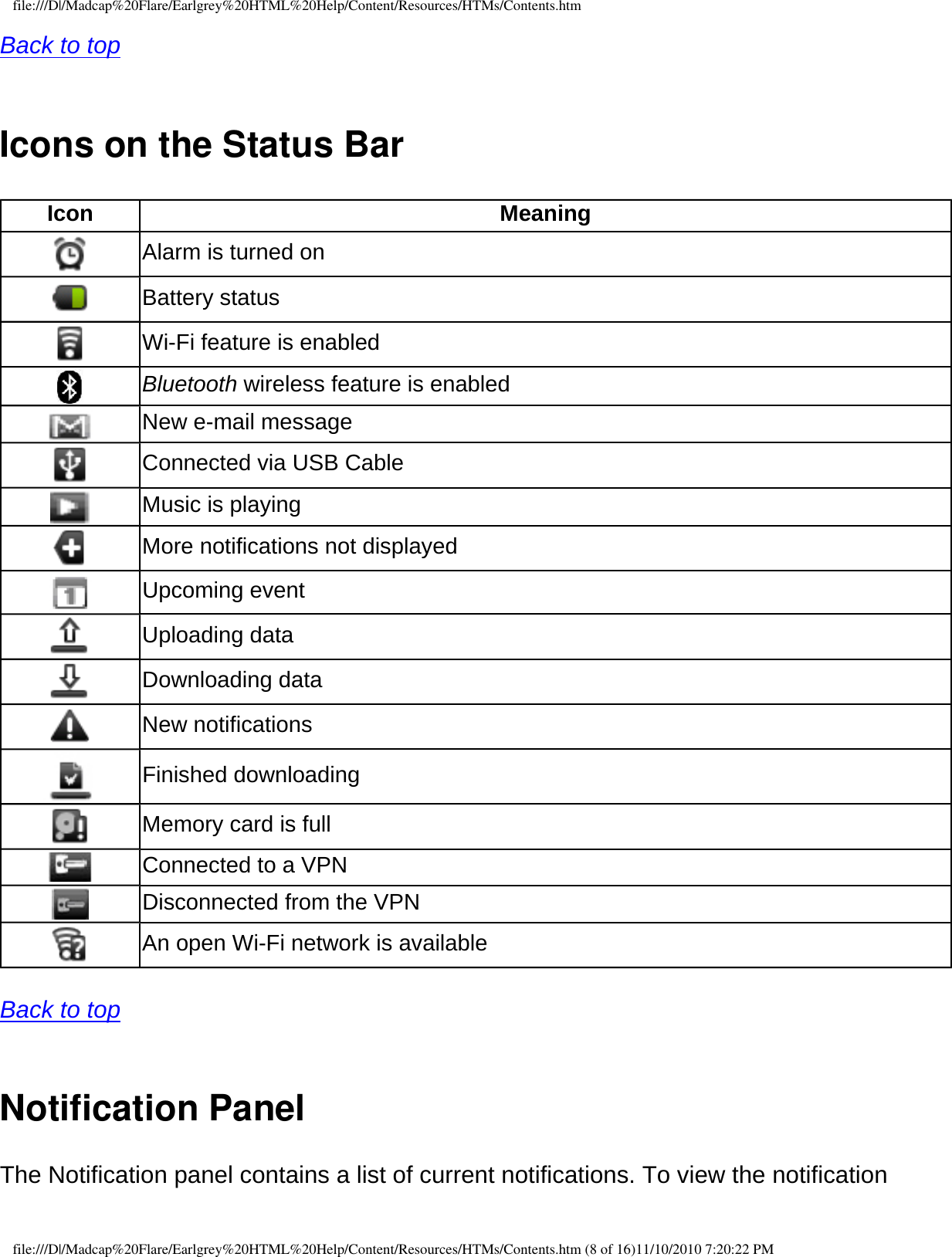 file:///D|/Madcap%20Flare/Earlgrey%20HTML%20Help/Content/Resources/HTMs/Contents.htmBack to top  Icons on the Status Bar Icon Meaning Alarm is turned on  Battery status Wi-Fi feature is enabled Bluetooth wireless feature is enabled New e-mail message Connected via USB Cable Music is playing More notifications not displayed Upcoming event  Uploading data Downloading data New notifications  Finished downloading  Memory card is full Connected to a VPN Disconnected from the VPN  An open Wi-Fi network is available Back to top  Notification PanelThe Notification panel contains a list of current notifications. To view the notification file:///D|/Madcap%20Flare/Earlgrey%20HTML%20Help/Content/Resources/HTMs/Contents.htm (8 of 16)11/10/2010 7:20:22 PM