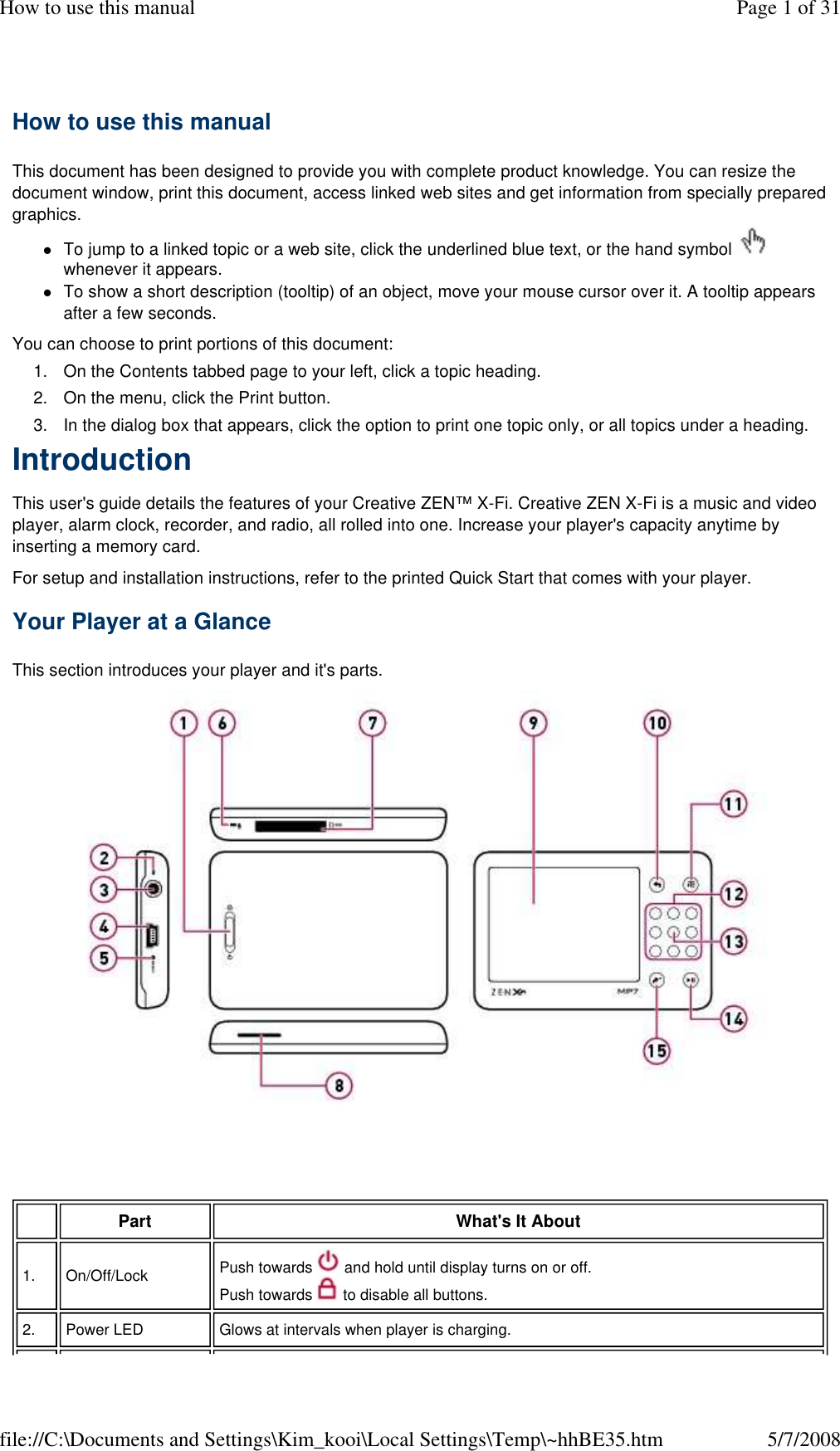 How to use this manual  This document has been designed to provide you with complete product knowledge. You can resize the document window, print this document, access linked web sites and get information from specially prepared graphics.  To jump to a linked topic or a web site, click the underlined blue text, or the hand symbol   whenever it appears.  To show a short description (tooltip) of an object, move your mouse cursor over it. A tooltip appears after a few seconds. You can choose to print portions of this document:  1. On the Contents tabbed page to your left, click a topic heading. 2. On the menu, click the Print button. 3. In the dialog box that appears, click the option to print one topic only, or all topics under a heading. Introduction  This user&apos;s guide details the features of your Creative ZEN™ X-Fi. Creative ZEN X-Fi is a music and video player, alarm clock, recorder, and radio, all rolled into one. Increase your player&apos;s capacity anytime by inserting a memory card.  For setup and installation instructions, refer to the printed Quick Start that comes with your player.  Your Player at a Glance  This section introduces your player and it&apos;s parts.    Part   What&apos;s It About  1.   On/Off/Lock   Push towards   and hold until display turns on or off.  Push towards   to disable all buttons.  2.   Power LED   Glows at intervals when player is charging.  Page 1 of 31How to use this manual5/7/2008file://C:\Documents and Settings\Kim_kooi\Local Settings\Temp\~hhBE35.htm