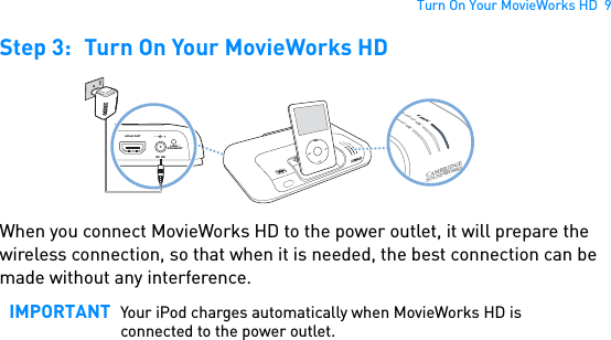 Turn On Your MovieWorks HD  9Step 3: Turn On Your MovieWorks HD When you connect MovieWorks HD to the power outlet, it will prepare the wireless connection, so that when it is needed, the best connection can be made without any interference.IMPORTANT Your iPod charges automatically when MovieWorks HD is connected to the power outlet.HDMI OUTLINK /CONNECTPOWERCrystalizerCMSS-3DPOWERCrystalizerCMSS-3DMENU5V  DC