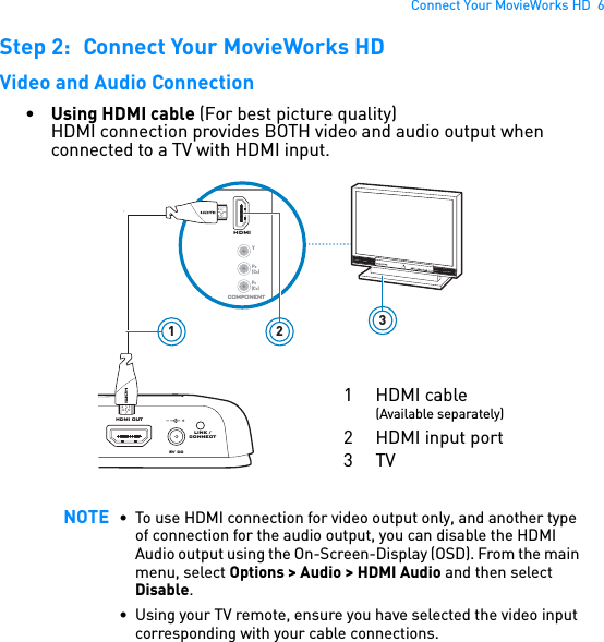 Connect Your MovieWorks HD  6Step 2: Connect Your MovieWorks HDVideo and Audio Connection•Using HDMI cable (For best picture quality)HDMI connection provides BOTH video and audio output when connected to a TV with HDMI input. NOTE • To use HDMI connection for video output only, and another type of connection for the audio output, you can disable the HDMI Audio output using the On-Screen-Display (OSD). From the main menu, select Options &gt; Audio &gt; HDMI Audio and then select Disable.• Using your TV remote, ensure you have selected the video input corresponding with your cable connections.HDMICOMPONENTPR(CR)Y                       PB(CB)HDMI OUTLINK /CONNECT3215V  DC1 HDMI cable(Available separately)2 HDMI input port3TV