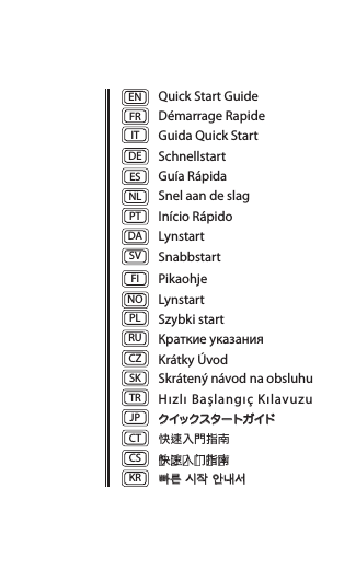 Quick Start GuideDémarrage RapideGuida Quick StartSchnellstartGuía RápidaSnel aan de slagInício RápidoLynstartSnabbstartPikaohjeLynstartSzybki startКраткиe yказанияKrátky ÚvodSkrátený návod na obsluhuHızlı Başlangıç Kılavuzuクイックスタートガイド快速入門指南快速入门指南빠른 시작 안내서EN FINLCZITDEPLDATR CSFRNOPTSKCT ESRUSVJP KR