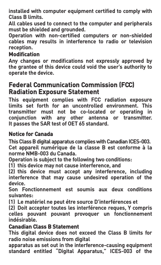 installed with computer equipment certiﬁed to comply with Class B limits.Allcablesusedtoconnecttothecomputerandperipheralsmust be shielded and grounded.Operation with non-certied computers or non-shieldedcables  may  results  in  interference  to  radio  or  television reception.ModiﬁcationAny changes or modications not expressly approved bythe grantee of this device could void the user’s authority to operate the device.Federal Communication Commission (FCC) Radiation Exposure StatementThis  equipment  complies  with  FCC  radiation  exposure limits  set  forth  for  an  uncontrolled  environment.  This transmitter  must  not  be  co-located  or  operating  in conjunction  with  any  other  antenna  or  transmitter. ItpassestheSARtestofOET65standard.Notice for CanadaThis Class B digital apparatus complies with Canadian ICES-003.Cet  appareil numérique  de la  classe  B  est  conforme  à  la normeNMB-003duCanada.Operationissubjecttothefollowingtwoconditions:(1) thisdevicemaynotcauseinterference,and(2) this device must accept any interference, includinginterference  that  may  cause  undesired  operation  of  the device.Son  Fonctionnement  est  soumis  aux  deux  conditions suivantes:(1) LematérielnepeutétresourceD’interférenceset(2) Doitacceptertouteslesinterférencereques,Ycompriscelles  pouvant  pouvant  provoquer  un  fonctionnement indésirable.Canadian Class B StatementThis  digital  device  does  not  exceed  the  Class  B  limits  for radio noise emissions from digitalapparatus as set out in the interference-causing equipment standard entitled “Digital Apparatus,” ICES-003 of the