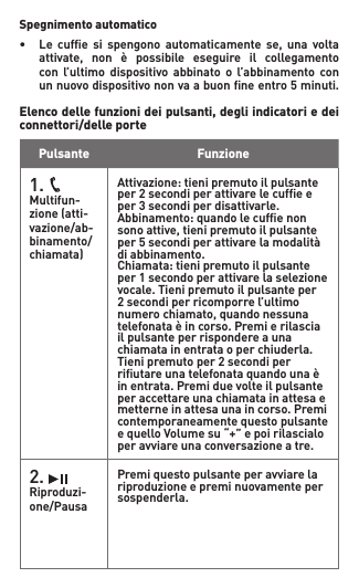 Spegnimento automatico• Le cufe si spengono automaticamente se, una volta  attivate, non è possibile eseguire il collegamento   con  l’ultimo dispositivo  abbinato  o  l’abbinamento  con    un nuovo dispositivo non va a buon ﬁne entro 5 minuti.  Elenco delle funzioni dei pulsanti, degli indicatori e dei connettori/delle portePulsante  Funzione1.   Multifun-zione(atti-vazione/ab-binamento/chiamata)Attivazione:tienipremutoilpulsanteper2secondiperattivarelecufeeper 3 secondi per disattivarle. Abbinamento:quandolecufenonsonoattive,tienipremutoilpulsanteper 5 secondi per attivare la modalità di abbinamento.Chiamata:tienipremutoilpulsanteper1secondoperattivarelaselezionevocale. Tieni premuto il pulsante per 2secondiperricomporrel’ultimonumerochiamato,quandonessunatelefonataèincorso.Premierilasciail pulsante per rispondere a una chiamata in entrata o per chiuderla. Tienipremutoper2secondiperriutareunatelefonataquandounaèin entrata. Premi due volte il pulsante per accettare una chiamata in attesa e metterne in attesa una in corso. Premi contemporaneamente questo pulsante equelloVolumesu“+”epoirilascialoperavviareunaconversazioneatre.2.   Riproduzi-one/PausaPremi questo pulsante per avviare la riproduzioneepreminuovamentepersospenderla.