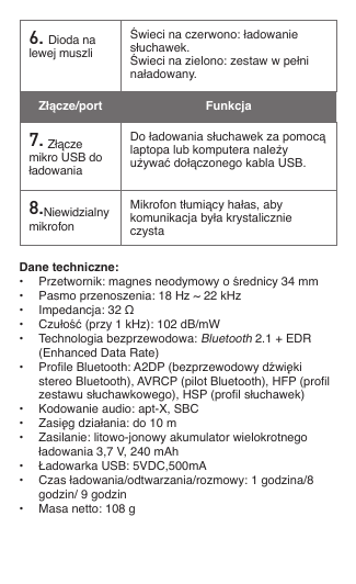 Dane techniczne: •  Przetwornik: magnes neodymowy o średnicy 34 mm•  Pasmo przenoszenia: 18 Hz ~ 22 kHz•  Impedancja: 32 Ω•  Czułość (przy 1 kHz): 102 dB/mW •  Technologia bezprzewodowa: Bluetooth 2.1 + EDR    (Enhanced Data Rate)•  Prole Bluetooth: A2DP (bezprzewodowy dźwięki    stereo Bluetooth), AVRCP (pilot Bluetooth), HFP (prol    zestawu słuchawkowego), HSP (prol słuchawek)•  Kodowanie audio: apt-X, SBC•  Zasięg działania: do 10 m•  Zasilanie: litowo-jonowy akumulator wielokrotnego    ładowania 3,7 V, 240 mAh •  Ładowarka USB: 5VDC,500mA•  Czas ładowania/odtwarzania/rozmowy: 1 godzina/8    godzin/ 9 godzin•  Masa netto: 108 g6. Dioda na lewej muszliŚwieci na czerwono: ładowanie słuchawek.Świeci na zielono: zestaw w pełni naładowany.Złącze/port Funkcja7.Złącze mikro USB do ładowaniaDo ładowania słuchawek za pomocą laptopa lub komputera należy używać dołączonego kabla USB.8.Niewidzialny mikrofonMikrofon tłumiący hałas, aby komunikacja była krystalicznie czysta