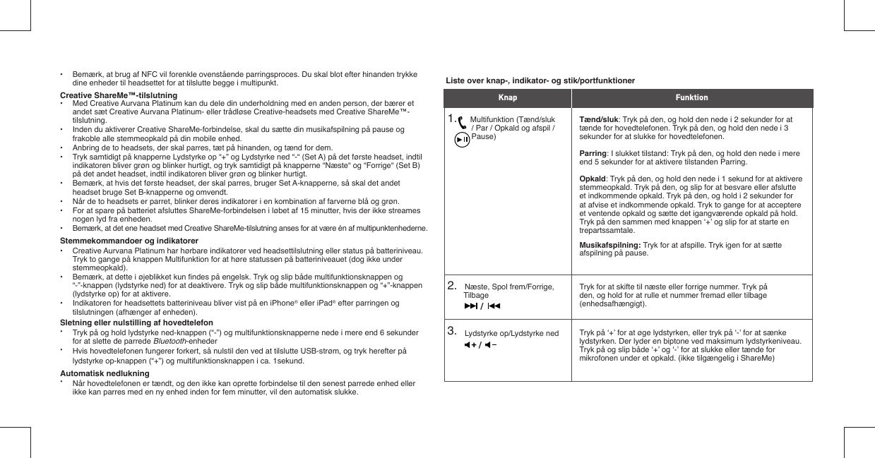 •  Bemærk, at brug af NFC vil forenkle ovenstående parringsproces. Du skal blot efter hinanden trykke    dine enheder til headsettet for at tilslutte begge i multipunkt.Creative ShareMe™-tilslutning•  Med Creative Aurvana Platinum kan du dele din underholdning med en anden person, der bærer et    andet sæt Creative Aurvana Platinum- eller trådløse Creative-headsets med Creative ShareMe™-  tilslutning.•  Inden du aktiverer Creative ShareMe-forbindelse, skal du sætte din musikafspilning på pause og    frakoble alle stemmeopkald på din mobile enhed.•  Anbring de to headsets, der skal parres, tæt på hinanden, og tænd for dem.•  Tryk samtidigt på knapperne Lydstyrke op “+” og Lydstyrke ned “-“ (Set A) på det første headset, indtil    indikatoren bliver grøn og blinker hurtigt, og tryk samtidigt på knapperne “Næste“ og “Forrige“ (Set B)    på det andet headset, indtil indikatoren bliver grøn og blinker hurtigt.•  Bemærk, at hvis det første headset, der skal parres, bruger Set A-knapperne, så skal det andet    headset bruge Set B-knapperne og omvendt.•  Når de to headsets er parret, blinker deres indikatorer i en kombination af farverne blå og grøn.•  For at spare på batteriet afsluttes ShareMe-forbindelsen i løbet af 15 minutter, hvis der ikke streames    nogen lyd fra enheden.•  Bemærk, at det ene headset med Creative ShareMe-tilslutning anses for at være én af multipunktenhederne. Stemmekommandoer og indikatorer•  Creative Aurvana Platinum har hørbare indikatorer ved headsettilslutning eller status på batteriniveau.    Tryk to gange på knappen Multifunktion for at høre statussen på batteriniveauet (dog ikke under   stemmeopkald).•  Bemærk, at dette i øjeblikket kun ﬁ ndes på engelsk. Tryk og slip både multifunktionsknappen og    “-”-knappen (lydstyrke ned) for at deaktivere. Tryk og slip både multifunktionsknappen og “+”-knappen    (lydstyrke op) for at aktivere.•  Indikatoren for headsettets batteriniveau bliver vist på en iPhone® eller iPad® efter parringen og    tilslutningen (afhænger af enheden). Sletning eller nulstilling af hovedtelefon•  Tryk på og hold lydstyrke ned-knappen (“-”) og multifunktionsknapperne nede i mere end 6 sekunder   for at slette de parrede Bluetooth-enheder•  Hvis hovedtelefonen fungerer forkert, så nulstil den ved at tilslutte USB-strøm, og tryk herefter på    lydstyrke op-knappen (“+”) og multifunktionsknappen i ca. 1sekund. Automatisk nedlukning•  Når hovedtelefonen er tændt, og den ikke kan oprette forbindelse til den senest parrede enhed eller    ikke kan parres med en ny enhed inden for fem minutter, vil den automatisk slukke.Liste over knap-, indikator- og stik/portfunktioner1.       Multifunktion (Tænd/sluk       / Par / Opkald og afspil /      Pause)Tænd/sluk: Tryk på den, og hold den nede i 2 sekunder for at tænde for hovedtelefonen. Tryk på den, og hold den nede i 3 sekunder for at slukke for hovedtelefonen. Parring: I slukket tilstand: Tryk på den, og hold den nede i mere end 5 sekunder for at aktivere tilstanden Parring.Opkald: Tryk på den, og hold den nede i 1 sekund for at aktivere stemmeopkald. Tryk på den, og slip for at besvare eller afslutte et indkommende opkald. Tryk på den, og hold i 2 sekunder for at afvise et indkommende opkald. Tryk to gange for at acceptere et ventende opkald og sætte det igangværende opkald på hold. Tryk på den sammen med knappen ‘+’ og slip for at starte en trepartssamtale.Musikafspilning: Tryk for at afspille. Tryk igen for at sætte afspilning på pause.Knap Funktion3.    Lydstyrke op/Lydstyrke ned Tryk på ‘+’ for at øge lydstyrken, eller tryk på ‘-’ for at sænke lydstyrken. Der lyder en biptone ved maksimum lydstyrkeniveau. Tryk på og slip både ‘+’ og ‘-’ for at slukke eller tænde for mikrofonen under et opkald. (ikke tilgængelig i ShareMe)/2.    Næste, Spol frem/Forrige, Tilbage Tryk for at skifte til næste eller forrige nummer. Tryk på den, og hold for at rulle et nummer fremad eller tilbage (enhedsafhængigt)./