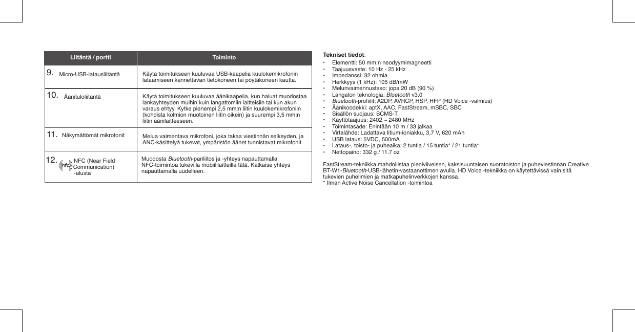 9.    Micro-USB-latausliitäntä10.    Äänituloliitäntä11.   Näkymättömät mikrofonitKäytä toimitukseen kuuluvaa USB-kaapelia kuulokemikrofonin lataamiseen kannettavan tietokoneen tai pöytäkoneen kautta.Käytä toimitukseen kuuluvaa äänikaapelia, kun haluat muodostaa lankayhteyden muihin kuin langattomiin laitteisiin tai kun akun varaus ehtyy. Kytke pienempi 2,5 mm:n liitin kuulokemikrofoniin (kohdista kolmion muotoinen liitin oikein) ja suurempi 3,5 mm:n liitin äänilaitteeseen.Melua vaimentava mikrofoni, joka takaa viestinnän selkeyden, ja ANC-käsittelyä tukevat, ympäristön äänet tunnistavat mikrofonit.Liitäntä / portti Toiminto Tekniset tiedot: •  Elementti: 50 mm:n neodyymimagneetti•  Taajuusvaste: 10 Hz - 25 kHz•  Impedanssi: 32 ohmia•  Herkkyys (1 kHz): 105 dB/mW•  Melunvaimennustaso: jopa 20 dB (90 %)• Langaton teknologia: Bluetooth v3.0• Bluetooth-proﬁ ilit: A2DP, AVRCP, HSP, HFP (HD Voice -valmius)•  Äänikoodekki: aptX, AAC, FastStream, mSBC, SBC•  Sisällön suojaus: SCMS-T•  Käyttötaajuus: 2402 ~ 2480 MHz•  Toimintasäde: Enintään 10 m / 33 jalkaa•  Virtalähde: Ladattava litium-ioniakku, 3,7 V, 620 mAh•  USB lataus: 5VDC, 500mA•  Lataus-, toisto- ja puheaika: 2 tuntia / 15 tuntia* / 21 tuntia*•  Nettopaino: 332 g / 11.7 ozFastStream-tekniikka mahdollistaa pieniviiveisen, kaksisuuntaisen suoratoiston ja puheviestinnän Creative BT-W1-Bluetooth-USB-lähetin-vastaanottimen avulla. HD Voice -tekniikka on käytettävissä vain sitä tukevien puhelimien ja matkapuhelinverkkojen kanssa.* Ilman Active Noise Cancellation -toimintoa12.            NFC (Near Field             Communication)                     -alustaMuodosta Bluetooth-pariliitos ja -yhteys napauttamalla NFC-toimintoa tukevilla mobiililaitteilla tätä. Katkaise yhteys napauttamalla uudelleen.