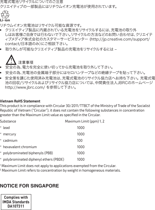 充電式電池リサイクルについてのご注意 クリエイティブの一部製品にはリチウムイオン充電池が使用されています。リチウムイオン充電池はリサイクル可能な資源です。 •  クリエイティブ製品に内蔵されている充電池をリサイクルするには、充電池の取り外 しはお客様ご自身では行わないで下さい。リサイクルの方法などのお問い合わせは、クリエイティブメディア株式会社のカスタマーサービスセンター (http://jp.creative.com/support/contact/日本語のみ）にご相談下さい。•  取り外しが可能なクリエイティブ製品の充電池をリサイクルするには –      •  安全の為、電力を完全に使い切ってから充電池を取り外して下さい。•  安全の為、充電池の金属端子部分にはセロハンテープなどの絶縁テープを貼って下さい。•  安全策を講じた使用済み充電池は、充電式電池のリサイクル協力店へお持ち下さい。 充電式電池の回収/リサイクルおよびリサイクル協力店については、中間責任法人JBRCのホームページ http://www.jbrc.com/ を参照して下さい。Li - ion注意事项!Vietnam RoHS Statement  This product is in compliance with Circular 30/2011/TTBCT of the Ministry of Trade of the Socialist Republic of Vietnam (“Circular”), it does not contain the following substances in concentration greater than the Maximum Limit value as speciﬁed in the Circular.Substance  Maximum Limit (ppm) 1, 2* lead    1000* mercury    1000* cadmium    100*  hexavalent chromium    1000*  polybrominated biphenyls (PBB)    1000*  polybrominated diphenyl ethers (PBDE)   10001 Maximum Limit does not apply to applications exempted from the Circular. 2 Maximum Limit refers to concentration by weight  in homogeneous materials.NOTICE FOR SINGAPOREComplies withIMDA StandardsDA107311