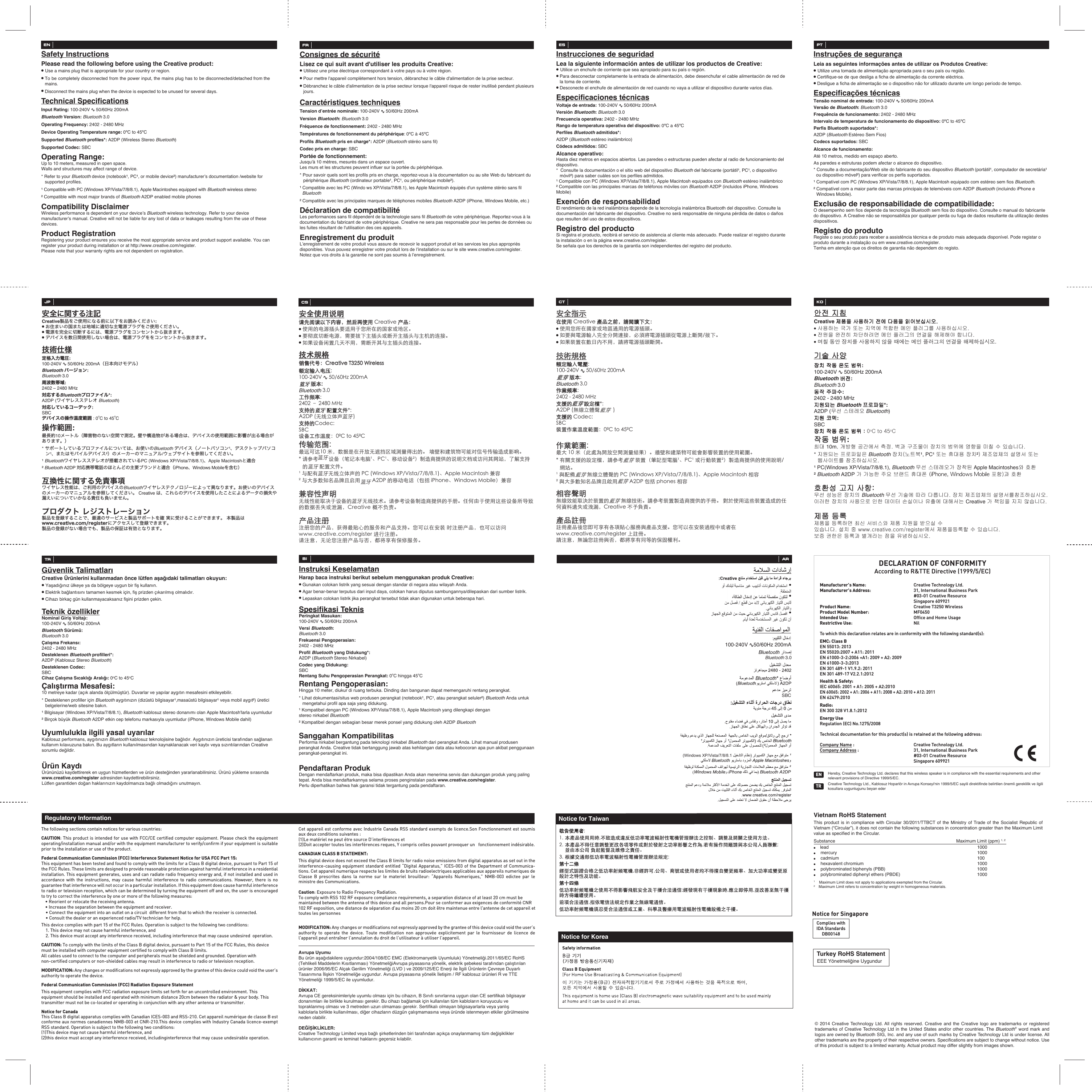 ENSafety InstructionsPlease read the following before using the Creative product:● Use a mains plug that is appropriate for your country or region.● To be completely disconnected from the power input, the mains plug has to be disconnected/detached from the mains.   ● Disconnect the mains plug when the device is expected to be unused for several days.Technical SpecificationsInput Rating:  100-240V ∿∿ 50/60Hz 200mABluetooth Version: Bluetooth 3.0Operating Frequency:  2402 - 2480 MHzDevice Operating Temperature range: 0ºC to 45ºCSupported Bluetooth profiles*: A2DP (Wireless Stereo Bluetooth)Supported Codec: SBCOperating Range:Up to 10 meters, measured in open space.Walls and structures may affect range of device.* Refer to your Bluetooth device (notebook¹, PC¹, or mobile device²) manufacturer’s documentation /website for supported profiles.¹ Compatible with PC (Windows XP/Vista/7/8/8.1), Apple Macintoshes equipped with Bluetooth wireless stereo² Compatible with most major brands of Bluetooth A2DP enabled mobile phonesCompatibility Disclaimer          Wireless performance is dependent on your device’s Bluetooth wireless technology. Refer to your device manufacturer’s manual. Creative will not be liable for any lost of data or leakages resulting from the use of these devices.Product RegistrationRegistering your product ensures you receive the most appropriate service and product support available. You can register your product during installation or at http://www.creative.com/register.Please note that your warranty rights are not dependent on registration.FRConsignes de sécuritéLisez ce qui suit avant d&apos;utiliser les produits Creative: ● Utilisez une prise électrique correspondant à votre pays ou à votre région.● Pour mettre l&apos;appareil complètement hors tension, débranchez le câble d&apos;alimentation de la prise secteur.   ● Débranchez le câble d&apos;alimentation de la prise secteur lorsque l&apos;appareil risque de rester inutilisé pendant plusieurs jours.Caractéristiques techniquesTension d’entrée nominale:  100-240V ∿∿ 50/60Hz 200mAVersion Bluetooth: Bluetooth 3.0Fréquence de fonctionnement:  2402 - 2480 MHzTempératures de fonctionnement du périphérique: 0ºC à 45ºCProfils Bluetooth pris en charge*: A2DP (Bluetooth stéréo sans fil)Codec pris en charge: SBCPortée de fonctionnement:Jusqu&apos;à 10mètres, mesurés dans un espace ouvert. Les murs et les structures peuvent influer sur la portée du périphérique.* Pour savoir quels sont les profils pris en charge, reportez-vous à la documentation ou au site Web du fabricant du périphérique Bluetooth (ordinateur portable¹, PC¹, ou périphérique mobile²).¹ Compatible avec lesPC (Windo ws XP/Vista/7/8/8.1), les Apple Macintosh équipés d&apos;un système stéréo sans fil   Bluetooth² Compatible avec les principales marques de téléphones mobiles Bluetooth A2DP (iPhone, Windows Mobile, etc.)Déclaration de compatibilité         Les performances sans fil dépendent de la technologie sans fil Bluetooth de votre périphérique. Reportez-vous à la documentation du fabricant de votre périphérique. Creative ne sera pas responsable pour les pertes de données ou les fuites résultant de l&apos;utilisation des ces appareils.Enregistrement du produitL’enregistrement de votre produit vous assure de recevoir le support produit et les services les plus appropriés disponibles. Vous pouvez enregistrer votre produit lors de l’installation ou sur le site www.creative.com/register.Notez que vos droits à la garantie ne sont pas soumis à l’enregistrement.ESInstrucciones de seguridadLea la siguiente información antes de utilizar los productos de Creative: ●  Utilice un enchufe de corriente que sea apropiado para su país o región.● Para desconectar completamente la entrada de alimentación, debe desenchufar el cable alimentación de red de la toma de corriente.   ● Desconecte el enchufe de alimentación de red cuando no vaya a utilizar el dispositivo durante varios días.Especificaciones técnicasVoltaje de entrada:  100-240V ∿∿ 50/60Hz 200mAVersión Bluetooth: Bluetooth 3.0    Frecuencia operativa:  2402 - 2480 MHzRango de temperatura operativa del dispositivo: 0ºC a 45ºCPerfiles Bluetooth admitidos*:A2DP (Bluetooth estéreo inalámbrico)Códecs admitidos: SBCAlcance operativo:Hasta diez metros en espacios abiertos. Las paredes o estructuras pueden afectar al radio de funcionamiento del dispositivo.*  Consulte la documentación o el sitio web del dispositivo Bluetooth del fabricante (portátil¹, PC¹, o dispositivo móvil²) para saber cuáles son los perfiles admitidos.¹ Compatible con PC (Windows XP/Vista/7/8/8.1), Apple Macintosh equipados con Bluetooth estéreo inalámbrico² Compatible con las principales marcas de teléfonos móviles con Bluetooth A2DP (incluidos iPhone, Windows Mobile)Exención de responsabilidad          El rendimiento de la red inalámbrica depende de la tecnología inalámbrica Bluetooth del dispositivo. Consulte la documentación del fabricante del dispositivo. Creative no será responsable de ninguna pérdida de datos o daños que resulten del uso de estos dispositivos.Registro del productoSi registra el producto, recibirá el servicio de asistencia al cliente más adecuado. Puede realizar el registro durante la instalación o en la página www.creative.com/register.Se señala que los derechos de la garantía son independientes del registro del producto.PTInstruções de segurançaLeia as seguintes informações antes de utilizar os Produtos Creative: ● Utilize uma tomada de alimentação apropriada para o seu país ou região.● Certifique-se de que desliga a ficha de alimentação da corrente eléctrica. ● Desligue a ficha de alimentação se o dispositivo não for utilizado durante um longo período de tempo.Especificações técnicasTensão nominal de entrada: 100-240V ∿∿ 50/60Hz 200mAVersão de Bluetooth: Bluetooth 3.0Frequência de funcionamento:  2402 - 2480 MHzIntervalo de temperatura de funcionamento do dispositivo: 0ºC to 45ºCPerfis Bluetooth suportados*:A2DP (Bluetooth Estéreo Sem Fios)Codecs suportados: SBCAlcance de funcionamento:Até 10 metros, medido em espaço aberto. As paredes e estruturas podem afectar o alcance do dispositivo.* Consulte a documentação/Web site do fabricante do seu dispositivo Bluetooth (portátil¹, computador de secretária¹ ou dispositivo móvel²) para verificar os perfis suportados.¹ Compatível com PC (Windows XP/Vista/7/8/8.1), Apple Macintosh equipado com estéreo sem fios Bluetooth.² Compatível com a maior parte das marcas principais de telemóveis com A2DP Bluetooth (incluindo iPhone e Windows Mobile).Exclusão de responsabilidade de compatibilidade:           O desempenho sem fios depende da tecnologia Bluetooth sem fios do dispositivo. Consulte o manual do fabricante do dispositivo. A Creative não se responsabiliza por qualquer perda ou fuga de dados resultante da utilização destes dispositivos.Registo do produtoRegiste o seu produto para receber a assistência técnica e de produto mais adequada disponível. Pode registar o produto durante a instalação ou em www.creative.com/register.Tenha em atenção que os direitos de garantia não dependem do registo.Notice for SingaporeNotice for KoreaVietnam RoHS Statement This product is in compliance with Circular 30/2011/TTBCT of the Ministry of Trade of the Socialist Republic of Vietnam (“Circular”), it does not contain the following substances in concentration greater than the Maximum Limit value as specified in the Circular.Substance               Maximum Limit (ppm) 1, 2●    lead                                    1000●    mercury                                    1000●    cadmium                                    100●    hexavalent chromium                                  1000●    polybrominated biphenyls (PBB)             1000●    polybrominated diphenyl ethers (PBDE)      10001    Maximum Limit does not apply to applications exempted from the Circular.2    Maximum Limit refers to concentration by weight in homogeneous materials.Notice for TaiwanComplies withIDA StandardsDB00148The following sections contain notices for various countries: CAUTION: This product is intended for use with FCC/CE certiﬁed computer equipment. Please check the equipment operating/installation manual and/or with the equipment manufacturer to verify/conﬁrm if your equipment is suitable prior to the installation or use of the product. Federal Communication Commission (FCC) Interference Statement Notice for USA FCC Part 15: This equipment has been tested and found to comply with the limits for a Class B digital device, pursuant to Part 15 of the FCC Rules. These limits are designed to provide reasonable protection against harmful interference in a residential installation. This equipment generates, uses and can radiate radio frequency energy and, if not installed and used in accordance with the instructions, may cause harmful interference to radio communications. However, there is no guarantee that interference will not occur in a particular installation. If this equipment does cause harmful interference to radio or television reception, which can be determined by turning the equipment off and on, the user is encouraged to try to correct the interference by one or more of the following measures:   • Reorient or relocate the receiving antenna.  • Increase the separation between the equipment and receiver.  • Connect the equipment into an outlet on a circuit  different from that to which the receiver is connected.  • Consult the dealer or an experienced radio/TV technician for help.This device complies with part 15 of the FCC Rules. Operation is subject to the following two conditions:   1. This device may not cause harmful interference, and  2. This device must accept any interference received, including interference that may cause undesired  operation.CAUTION: To comply with the limits of the Class B digital device, pursuant to Part 15 of the FCC Rules, this device must be installed with computer equipment certiﬁed to comply with Class B limits.All cables used to connect to the computer and peripherals must be shielded and grounded. Operation with non-certiﬁed computers or non-shielded cables may result in interference to radio or television reception.  MODIFICATION: Any changes or modiﬁcations not expressly approved by the grantee of this device could void the user’s authority to operate the device.Federal Communication Commission (FCC) Radiation Exposure StatementThis equipment complies with FCC radiation exposure limits set forth for an uncontrolled environment. This equipment should be installed and operated with minimum distance 20cm between the radiator &amp; your body. This transmitter must not be co-located or operating in conjunction with any other antenna or transmitter.Notice for CanadaThis Class B digital apparatus complies with Canadian ICES-003 and RSS-210. Cet appareil numérique de classe B est conforme aux normes canadiennes NMB-003 et CNR-210.This device complies with Industry Canada licence-exempt RSS standard. Operation is subject to the following two conditions:(1)This device may not cause harmful interference, and(2)this device must accept any interference received, includinginterference that may cause undesirable operation.Cet appareil est conforme avec Industrie Canada RSS standard exempts de licence.Son Fonctionnement est soumis aux deux conditions suivantes :(1)Le matériel ne peut étre source D’interférences et(2)Doit accepter toutes les interférences reques, Y compris celles pouvant provoquer un   fonctionnement indésirable.CANADIAN CLASS B STATEMENT: This digital device does not exceed the Class B limits for radio noise emissions from digital apparatus as set out in the interference-causing equipment standard entitled “Digital Apparatus,” ICES-003 of the Department of Communica-tions. Cet appareil numerique respecte les limites de bruits radioelectriques applicables aux appareils numeriques de Classe B prescrites dans la norme sur le materiel brouilleur: “Appareils Numeriques,” NMB-003 edictee par le ministre des Communications.Caution: Exposure to Radio Frequency Radiation.To comply with RSS 102 RF exposure compliance requirements, a separation distance of at least 20 cm must bemaintained between the antenna of this device and all persons.Pour se conformer aux exigences de conformité CNR102 RF exposition, une distance de séparation d&apos;au moins 20 cm doit être maintenue entre l&apos;antenne de cet appareil ettoutes les personnesMODIFICATION: Any changes or modiﬁcations not expressly approved by the grantee of this device could void the user’s authority to operate the device. Toute modiﬁcation non approuvée explicitement par le fournisseur de licence de l’appareil peut entraîner l’annulation du droit de l’utilisateur à utiliser l’appareil.Avrupa UyumuBu ürün aşağıdakilere uygundur:2004/108/EC EMC (Elektromanyetik Uyumluluk) Yönetmeliği.2011/65/EC RoHS(Tehlikeli Maddelerin Kısıtlanması) YönetmeliğiAvrupa piyasasına yönelik, elektrik şebekesi tarafından çalıştırılanürünler 2006/95/EC Alçak Gerilim Yönetmeliği (LVD ) ve 2009/125/EC Enerji ile İlgili Ürünlerin Çevreye DuyarlıTasarımına İlişkin Yönetmeliğe uygundur. Avrupa piyasasına yönelik İletişim / RF kablosuz ürünleri R ve TTEYönetmeliği 1999/5/EC ile uyumludur.DİKKAT:Avrupa CE gereksinimleriyle uyumlu olması için bu cihazın, B Sınıfı sınırlarına uygun olan CE sertifikalı bilgisayardonanımları ile birlikte kurulması gerekir. Bu cihazı bağlamak için kullanılan tüm kabloların koruyuculu vetopraklanmış olması ve 3 metreden uzun olmaması gerekir. Sertifikalı olmayan bilgisayarlarla veya yanlışkablolarla birlikte kullanılması, diğer cihazların düzgün çalışmamasına veya üründe istenmeyen etkiler görülmesineneden olabilir.DEĞİŞİKLİKLER:Creative Technology Limited veya bağlı şirketlerinden biri tarafından açıkça onaylanmamış tüm değişikliklerkullanıcının garanti ve teminat haklarını geçersiz kılabilir.      Regulatory Information© 2014 Creative Technology Ltd. All rights reserved. Creative and the Creative logo are trademarks or registered trademarks of Creative Technology Ltd in the United States and/or other countries. The Bluetooth® word mark and logos are owned by Bluetooth SIG, Inc. and any use of such marks by Creative Technology Ltd is under license. All other trademarks are the property of their respective owners. Specifications are subject to change without notice. Use of this product is subject to a limited warranty. Actual product may differ slightly from images shown. DECLARATION OF CONFORMITYAccording to R&amp;TTE Directive (1999/5/EC)Manufacturer’s Name: Creative Technology Ltd.Manufacturer’s Address:  31, International Business Park  #03-01 Creative Resource Singapore 609921Product Name: Creative T3250 WirelessProduct Model Number: MF0450 Intended Use:  Ofﬁce and Home UsageRestrictive Use: NilTo which this declaration relates are in conformity with the following standard(s):EMC: Class B  EN 55013: 2013EN 55020:2007 + A11: 2011EN 61000-3-2:2006 +A1: 2009 + A2: 2009EN 61000-3-3:2013EN 301 489-1 V1.9.2: 2011EN 301 489-17 V2.2.1:2012Health &amp; Safety:IEC 60065: 2001 + A1: 2005 + A2:2010EN 60065: 2002 + A1: 2006 + A11: 2008 + A2: 2010 + A12: 2011EN 62479:2010Radio:EN 300 328 V1.8.1:2012Energy Use Regulation (EC) No.1275/2008 Technical documentation for this product(s) is retained at the following address:Company Name :  Creative Technology Ltd.Company Address :  31, International Business Park  #03-01 Creative Resource Singapore 609921Hereby, Creative Technology Ltd. declares that this wireless speaker is in compliance with the essential requirements and other relevant provisions of Directive 1999/5/EC.Creative Technology Ltd., Kablosuz Hoparlör in Avrupa Konseyi&apos;nin 1999/5/EC sayili direktifinde belirtilen önemli gereklilik ve ilgili kosullara uygunlugunu beyan ederTREN安全に関する注記Creative製品をご使用になる前に以下をお読みください:● お住まいの国または地域に適切な主電源プラグをご使用ください。● 電源を完全に切断するには、電源プラグをコンセントから抜きます。   ● デバイスを数日間使用しない場合は、電源プラグををコンセントから抜きます。技術仕様定格入力電圧:  100-240V ∿∿ 50/60Hz 200mA（日本向けモデル）Bluetooth バージョン:Bluetooth 3.0周波数帯域:  2402 – 2480 MHz対応するBluetoothプロファイル*:A2DP (ワイヤレスステレオ Bluetooth)対応しているコーデック:SBCデバイスの操作温度範囲 : 0oC to 45oC操作範囲:最長約10メートル（障害物のない空間で測定。壁や構造物がある場合は、デバイスの使用範囲に影響が出る場合があります。）* サポートしているプロファイルについては、お使いのBluetooth デバイス（ノートパソコン¹、デスクトップパソコン¹、またはモバイルデバイス²）のメーカーのマニュアル/ウェブサイトを参照してください。¹ Bluetoothワイヤレスステレオが搭載されているPC (Windows XP/Vista/7/8/8.1)、Apple Macintoshと適合² Bluetooth A2DP 対応携帯電話のほとんどの主要ブランドと適合（iPhone、Windows Mobileを含む）互換性に関する免責事項          ワイヤレス性能は、ご利用のデバイスのBluetoothワイヤレステクノロジーによって異なります。お使いのデバイスのメーカーのマニュアルを参照してください。 Creative は、これらのデバイスを使用したことによるデータの損失や漏えいについていかなる責任も負いません。プロダクト レジストレーション製品を登録することで、最適のサービスと製品サポートを確 実に受けることができます。 本製品はwww.creative.com/registerにアクセスして登録できます。製品の登録がない場合でも、製品の保証は有効となります。JP≠㐩㖳㱫㙭タ≠㐩㖳㱫㙭タ㎫㥸㴪⛣㮾㥲ㅠ㑛ᱨ㐹⨍㴿㖳㱫㎫㥸㴪⛣㮾㥲ㅠ㑛ᱨ㐹⨍㴿㖳㱫&amp;UHDWLYH␤㊹ᱶ␤㊹ᱶ●㖳㱫☨♋㴚␏㟫㮔㗄㱫㲂ㆀ㚱㵀☨⥖⭨⫊☼㎸ᮣ●㮔⒡☻㎐⛱♋㴚ᱨ㩖㮔≼㥲㻙␏㟫⫊⛱⵺㻙␏㟫㲓㻙⫒☨⻸Ⱗᮣ●㑥⥗㔤⌤㦀㺥⭎㝢⏥㱫ᱨ㩖⛱⵺㋦㲓㻙␏㟫☨⻸Ⱗᮣ⭒㗯⥂⢏⭒㗯⥂⢏㦪㗕■⧟ᱶ&amp;UHDWLYH7:LUHOHVV㦪㗕■⧟ᱶ&amp;UHDWLYH7:LUHOHVV✐⛊㗞㑩♋㫥✐⛊㗞㑩♋㫥9∿∿+]P$⊔⟩⊔⟩Bluetooth⤀㾗㊷⿔⤀㾗㊷⿔Ḷ0+]㺉Ⓘ☨㈨㺥㢶⮔㺉Ⓘ☨㈨㺥㢶⮔$&apos;3㣐㦏⻮㝛㔵㺉Ⓘ☨㺉Ⓘ☨&amp;RGHF6%&amp;㔤⌤⤀㾗㢴⛪ᱶ&amp;WR&amp;║㗞➖㢙║㗞➖㢙㾎㴜⶙▕ゟᱨ㗷⳯㗁㵀⵺➥㣐㷾☖㎸㲚␌⼋☧ⓞ☨ᮣ㍽⍆⧧⯼㻠㣡⶙ㅢ⛶㨳⧟║㗞㵒⒱㱘㦜ᮣ㎫⏸ⶌ㔤⌤ᱤ⌶⭝⟩♋ㅚúᮢ3&amp;úᮢ㮰⛑㔤⌤ýᱥ㺨㵒㔈㝗⤅☨㙭タ㢶☙⫊➣㢼㋦㠬㷢ᱨ⼗ⰶ㺉Ⓘ☨㈨㺥㢶⮔ᮣú㲓㈨㱸㣐㦏⻮㝛㔵☨3&amp;:LQGRZV;39LVWDᮢ$SSOH0DFLQWRVK⭼㑛ý㲓▙✂㗷㺌ッ㊹㈊㎒㋶㱫$&apos;3☨㮰⛑♋⪈ᱤ⊪⸶L3KRQHᮢ:LQGRZV0RELOHᱥ⭼㑛⭼㑛㩂㔵タ⭼㑛㩂㔵タ㣐㦏㩂ㅢ㐟ⴈ㲂㔤⌤☨㣐㦏⭒㗯ᮣ㎫⏸ⶌ㔤⌤㺨㵒㔈㝗⤅☨㗐␋ᮣ㑌⧨㱱㲂㖳㱫㸆㨗㔤⌤㚱☠㺤☨㗷⳯⛌㖡⫊㨧⾳ᱨ&amp;UHDWLYH⡣⏥⡘㵖ᮣ␤㊹㽂␋␤㊹㽂␋㽂␋ㆀ☨␤㊹ᱨ⫉☧㾎㝯㨲☨⟞㣣⧧␤㊹㺉Ⓘᮣㆀ⶙㮾㵀≠㽐㖫㽂␋␤㊹ᱨ㮜⶙㮾➣㢼ZZZFUHDWLYHFRPUHJLVWHUⱌ㨾㽂␋ᮣ㎫㽂㯌ᱨ㣐⿥ㆀ㽂␋␤㊹㲓⟑ᱨ⛞⯿㦝㱸⌏㩌⟞㣣ᮣCS⹄㫬⹄㫬⹄㫬⹄㫬蓝牙 蓝牙 蓝牙 蓝牙 ⹄㫬⹄㫬≠㐩㺚㖸≠㐩㺚㖸㵀㖳㱫㵀㖳㱫&amp;UHDWLYH⅐㊹㺐㍰ᱨ㶬䲂㼙㥲㢶ᱶ⅐㊹㺐㍰ᱨ㶬䲂㼙㥲㢶ᱶ●㖳㱫ㆀ㚱㵀ऌ⭨⫊☼۷㟜㱫☨丂㴚␏們ᮣ●㑥㮔ㆨ丂㴚䎨㑩㠞㐩➶䱜䓓Ⱗᱨ⍄侎౬丂㴚␏們່丂㴚㔋ኚ䱜≼㥲ᮣ●㑥⥗㪏㺥㵀ቯ㑓פ⏥㱫ᱨ㶬౬丂㴚␏們ኚ䱜ᮣ⭒㧖㭸⢏⭒㧖㭸⢏倱⛊䎨㑩丂੊倱⛊䎨㑩丂੊9∿∿+]P$⊔⟩⊔⟩Bluetooth㾗ᓼ借⿔㾗ᓼ借⿔0+]㺉㴔☨㲶⛊ᗟ㺉㴔☨㲶⛊ᗟ$&apos;3ᩔⲒ⻮叠⾟㺉㴔☨㺉㴔☨&amp;RGHF6%&amp;㪏㺥㾗ᓼᢂ⛪⣼ऎᱶ&amp;WR&amp;㾗ᓼ⣼ऎ㾗ᓼ⣼ऎ㾎▙ゟᱤ╱㜄ᨏ䱜➥ⶥ䱤ᠤ⼋⮮⥗ᱥᮣᬿ⍆⧧⯼⥝㣡⶙ㅢ፶㱘侅㪏㺥☨㖳㱫⣼ऎᮣ㱸䴋㺉㴔☨㲶⛊ᗟᱨ㶬ܺⶌ㪏㺥ᱤ⢭㱃㨻丂ミúᮢ3&amp;ú⫊㨾ڭ㪏㺥ýᱥ㪢㵒㔈㝗⤅☨㖳㱫㶋タⱪ㷢ᮣúㆨ㈨ՂᩔⲒ⻮叠⾟☨3&amp;:LQGRZV;39LVWDᮢ$SSOH0DFLQWRVK㦐㑛ýㆨ▙✂ቯ㺌ッ㊹㈊㎒߸㱫$&apos;3⊪⸶SKRQHV㦐㑛㦐㑛⾟タ㦐㑛⾟タᩔⲒ㨕ㅢ㐟᜾们㪏㺥☨ᩔⲒ⭒㧖ᮣ㶬ܺⶌ㪏㺥㪢㵒㔈㝗⤅☨㗐װᮣ౰们㖳㱫䓑㨗㪏㺥㵒⒱☨㑌⧨䁶⼛䔋㖡⫊ព⾳ᱨ&amp;UHDWLYH⏥㲐㿱㿽ᮣ⅐㊹㳄װ⅐㊹㳄װ㳄װ⅐㊹䛭ㆀ⭊⶙㦝㱸⢕例䁫㨲⟞گㆨ⅐㊹㺉㴔ᮣㆀ⶙㮾㵀≠㪏䓯⒴㺲⫊㸃㵀ZZZFUHDWLYHFRPUHJLVWHU㔋㳄װᮣ㶬㽂㯌ᱨᩔ㶷ㆀ㳄װㆨ⟑ᱨ⛞౬㦝㱸㟠☬☨⌏⤨ᙐ⺉ᮣCT㘴㫫㘴㫫㘴㫫㘴㫫㘴㫫㘴㫫㘴㫫안전 지침안전 지침Creative 제품을 사용하기 전에 다음을 읽어보십시오. 제품을 사용하기 전에 다음을 읽어보십시오. ● 사용하는 국가 또는 지역에 적합한 메인 플러그를 사용하십시오.● 전원을 완전히 차단하려면 메인 플러그의 연결을 해제해야 합니다.   ● 며칠 동안 장치를 사용하지 않을 때에는 메인 플러그의 연결을 해제하십시오.기술 사양기술 사양장치 작동 온도 범위장치 작동 온도 범위:  100-240V ∿∿ 50/60Hz 200mABluetooth 버전버전:Bluetooth 3.0동작 주파수동작 주파수:  2402 - 2480 MHz지원되는지원되는 Bluetooth 프로파일프로파일*:A2DP (무선 스테레오 Bluetooth)지원 코덱지원 코덱:SBC장치 작동 온도 범위 : 장치 작동 온도 범위 : 0oC to 45oC작동 범위작동 범위:최대 10m, 개방형 공간에서 측정. 벽과 구조물이 장치의 범위에 영향을 미칠 수 있습니다.* 지원되는 프로파일은 Bluetooth 장치(노트북¹, PC¹ 또는 휴대용 장치²) 제조업체의 설명서 또는 웹사이트를 참조하십시오.¹ PC(Windows XP/Vista/7/8/8.1), Bluetooth 무선 스테레오가 장착된 Apple Macintoshes와 호환² Bluetooth A2DP 가 가능한 주요 브랜드 휴대폰 (iPhone, Windows Mobile 포함)과 호환호환성 고지 사항:호환성 고지 사항:무선 성능은 장치의 Bluetooth 무선 기술에 따라 다릅니다. 장치 제조업체의 설명서를참조하십시오. 이러한 장치의 사용으로 인한 데이터 손실이나 유출에 대해서는 Creative 가 책임을 지지 않습니다.제품 등록제품 등록제품을 등록하면 최신 서비스와 제품 지원을 받으실 수있습니다. 설치 중 www.creative.com/register에서 제품을등록할 수 있습니다.보증 권한은 등록과 별개라는 점을 유념하십시오.KOTRGüvenlik TalimatlarıCreative Ürünlerini kullanmadan önce lütfen aşağıdaki talimatları okuyun:● Yaşadığınız ülkeye ya da bölgeye uygun bir fiş kullanın.● Elektrik bağlantısını tamamen kesmek için, fiş prizden çıkarılmış olmalıdır.   ● Cihazı birkaç gün kullanmayacaksanız fişini prizden çekin.Teknik özelliklerNominal Giriş Voltajı:  100-240V ∿∿ 50/60Hz 200mABluetooth Sürümü:Bluetooth 3.0Çalışma Frekansı:  2402 - 2480 MHzDesteklenen Bluetooth profilleri*:A2DP (Kablosuz Stereo Bluetooth)Desteklenen Codec:SBCCihaz Çalışma Sıcaklığı Aralığı: 0oC to 45oCÇalıştırma Mesafesi:10 metreye kadar (açık alanda ölçülmüştür). Duvarlar ve yapılar aygıtın mesafesini etkileyebilir.* Desteklenen profiller için Bluetooth aygıtınızın (dizüstü bilgisayar¹,masaüstü bilgisayar¹ veya mobil aygıt²) üretici belgelerine/web sitesine bakın.¹ Bilgisayar (Windows XP/Vista/7/8/8.1), Bluetooth kablosuz stereo donanımı olan Apple Macintosh&apos;larla uyumludur² Birçok büyük Bluetooth A2DP etkin cep telefonu markasıyla uyumludur (iPhone, Windows Mobile dahil)Uyumlulukla ilgili yasal uyarılarKablosuz performans, aygıtınızın Bluetooth kablosuz teknolojisine bağlıdır. Aygıtınızın üreticisi tarafından sağlanan kullanım kılavuzuna bakın. Bu aygıtların kullanılmasından kaynaklanacak veri kaybı veya sızıntılarından Creative sorumlu değildir.Ürün KaydıÜrününüzü kaydettirerek en uygun hizmetlerden ve ürün desteğinden yararlanabilirsiniz. Ürünü yükleme sırasındawww.creative.com/register adresinden kaydettirebilirsiniz.Lütfen garantiden doğan haklarınızın kaydolmanıza bağlı olmadığını unutmayın.BIInstruksi KeselamatanHarap baca instruksi berikut sebelum menggunakan produk Creative:● Gunakan colokan listrik yang sesuai dengan standar di negara atau wilayah Anda.● Agar benar-benar terputus dari input daya, colokan harus diputus sambungannya/dilepaskan dari sumber listrik.   ● Lepaskan colokan listrik jika perangkat tersebut tidak akan digunakan untuk beberapa hari.Spesifikasi TeknisPeringkat Masukan:  100-240V ∿∿ 50/60Hz 200mAVersi Bluetooth:Bluetooth 3.0Frekuensi Pengoperasian:  2402 - 2480 MHzProfil Bluetooth yang Didukung*:A2DP (Bluetooth Stereo Nirkabel)Codec yang Didukung:SBCRentang Suhu Pengoperasian Perangkat: 0oC hingga 45oCRentang Pengoperasian:Hingga 10 meter, diukur di ruang terbuka. Dinding dan bangunan dapat memengaruhi rentang perangkat.* Lihat dokumentasi/situs web produsen perangkat (notebook¹, PC¹, atau perangkat seluler²) Bluetooth Anda untuk mengetahui profil apa saja yang didukung.¹ Kompatibel dengan PC (Windows XP/Vista/7/8/8.1), Apple Macintosh yang dilengkapi dengan    stereo nirkabel Bluetooth² Kompatibel dengan sebagian besar merek ponsel yang didukung oleh A2DP BluetoothSanggahan Kompatibilitas    Performa nirkabel bergantung pada teknologi nirkabel Bluetooth dari perangkat Anda. Lihat manual produsen perangkat Anda. Creative tidak bertanggung jawab atas kehilangan data atau kebocoran apa pun akibat penggunaan perangkat-perangkat ini.Pendaftaran ProdukDengan mendaftarkan produk, maka bisa dipastikan Anda akan menerima servis dan dukungan produk yang palingtepat. Anda bisa mendaftarkannya selama proses penginstalan pada www.creative.com/register.Perlu diperhatikan bahwa hak garansi tidak tergantung pada pendaftaran.100-240V ∿∿50/60Hz 200mAAR●●●SBC(Windows XP/Vista/7/8/8.1                )Bluetooth 3.0Turkey RoHS StatementEEE Yönetmeliğine Uygundur