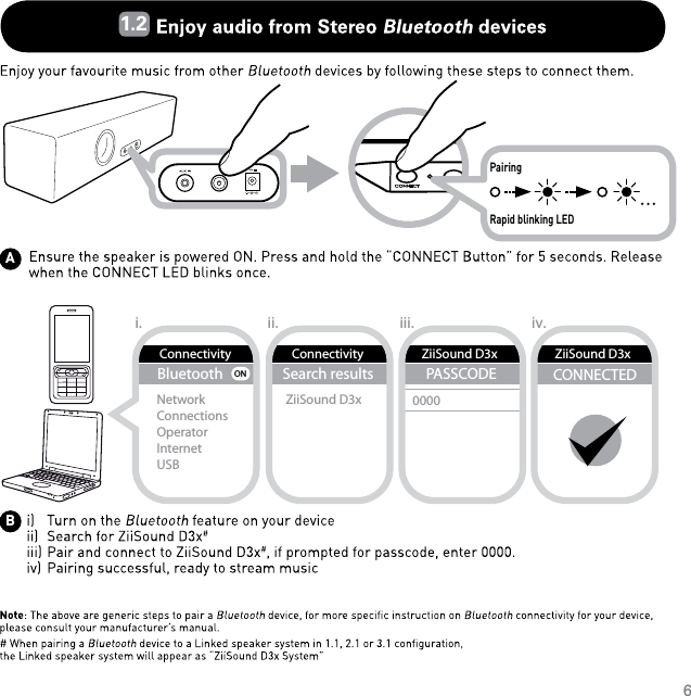 ABBluetoothNetworkConnectionsOperatorInternetUSBONConnectivityConnectivitySearch resultsZiiSound D3xZiiSound D3xPASSCODE0000CONNECTEDii.i. iii. iv.ZiiSound D3xPairingRapid blinking LED61.2