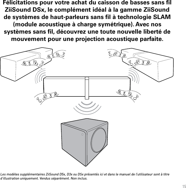 15Félicitations pour votre achat du caisson de basses sans ﬁl ZiiSound DSx, le complément idéal à la gamme ZiiSound de systèmes de haut-parleurs sans ﬁl à technologie SLAM (module acoustique à charge symétrique). Avec nos systèmes sans ﬁl, découvrez une toute nouvelle liberté de mouvement pour une projection acoustique parfaite.Les modèles supplémentaires ZiiSound D5x, D3x ou DSx présentés ici et dans le manuel de l’utilisateur sont à titre d’illustration uniquement. Vendus séparément. Non inclus.