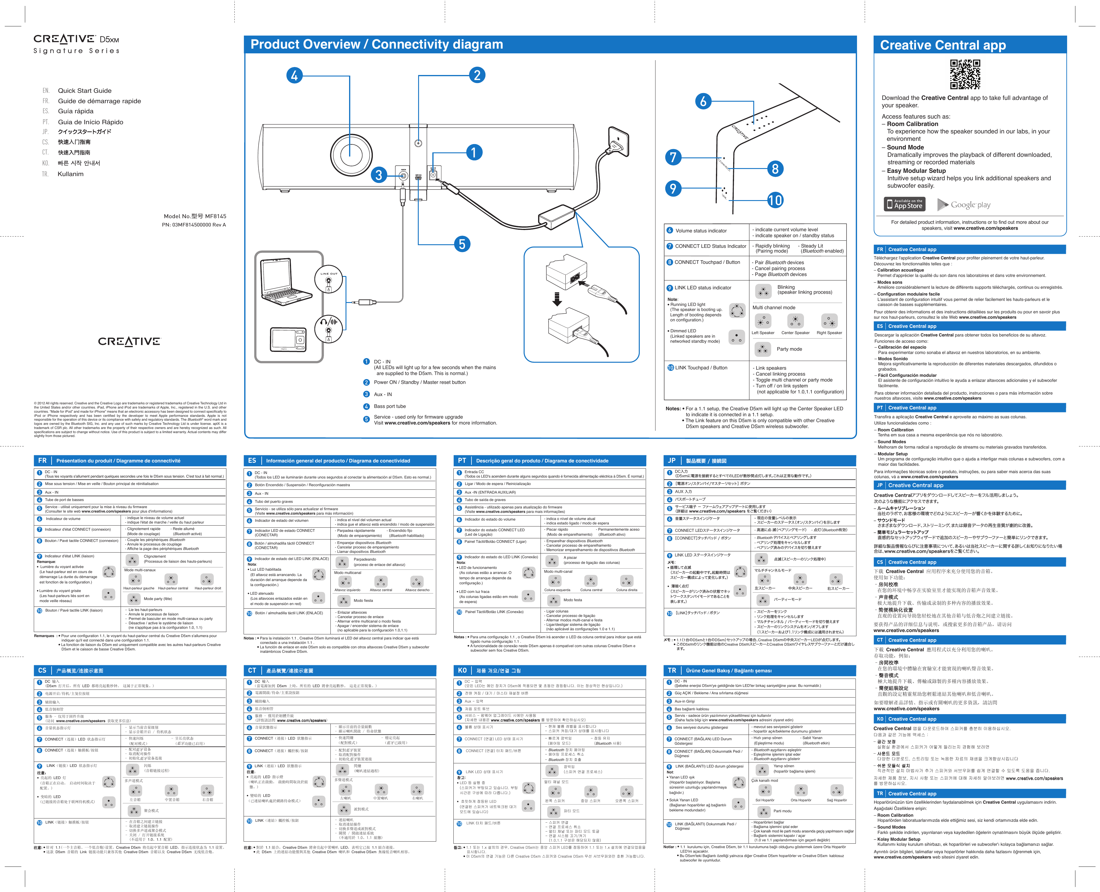 PN: 03MF814500000 Rev AModel No.型号 MF8145Signature Series Signature Series  Product Overview / Connectivity diagram CONNECT Touchpad / Button - Pair Bluetooth devices - Cancel pairing process- Page Bluetooth devices- indicate current volume level- indicate speaker on / standby statusLeft Speaker Center Speaker Right SpeakerMulti channel modeBlinking (speaker linking process)Party modeLINK LED status indicatorNote: ● Running LED light (The speaker is booting up.  Length of booting depends on configuration.)●  Dimmed LED (Linked speakers are in networked standby mode)Volume status indicator109876© 2012 All rights reserved. Creative and the Creative Logo are trademarks or registered trademarks of Creative Technology Ltd in the United States and/or other countries. iPad, iPhone and iPod are trademarks of Apple, Inc., registered in the U.S. and other countries. “Made for iPod” and made for iPhone” means that an electronic accessory has been designed to connect specifically to iPod or iPhone respectively and has been certified by the developer to meet Apple performance standards. Apple is not responsible for the operation of this device or its compliance with safety and regulatory standards. The Bluetooth® word mark and logos are owned by the Bluetooth SIG, Inc. and any use of such marks by Creative Technology Ltd is under license. aptX is a trademark of CSR plc. All other trademarks are the property of their respective owners and are hereby recognized as such. All specifications are subject to change without notice. Use of this product is subject to a limited warranty. Actual contents may differ slightly from those pictured.Creative Central appDownload the Creative Central app to take full advantage of your speaker.Access features such as:– Room Calibration  To experience how the speaker sounded in our labs, in your environment  – Sound Mode  Dramatically improves the playback of different downloaded,  streaming or recorded materials– Easy Modular Setup  Intuitive setup wizard helps you link additional speakers and subwoofer easily.For detailed product information, instructions or to find out more about our speakers, visit www.creative.com/speakersQuick Start GuideEN.FR.Guide de démarrage rapide ES.Guía rápidaPT.Guia de Início RápidoJP.CS.CT.TR.KullanimKO.FR Creative Central appESDescargar la aplicación Creative Central para obtener todos los beneficios de su altavoz.Funciones de acceso como:– Calibración del espacio  Para experimentar como sonaba el altavoz en nuestros laboratorios, en su ambiente.– Modos Sonido  Mejora significativamente la reproducción de diferentes materiales descargados, difundidos o grabados.– Fácil Configuración modular  El asistente de configuración intuitivo le ayuda a enlazar altavoces adicionales y el subwoofer fácilmente.Para obtener información detallada del producto, instrucciones o para más información sobre nuestros altavoces, visite www.creative.com/speakersCreative Central appPT Creative Central appCS Creative Central appCT下載 Creative Central 應用程式以充分利用您的喇叭。存取功能，例如：–房間校準房間校準  在您的環境中體驗在實驗室才能實現的喇叭聲音效果。–聲音模式聲音模式  極大地提升下載、傳輸或錄製的多種內容播放效果。–簡便組裝設定簡便組裝設定  直觀的設定精靈幫助您輕鬆連結其他喇叭和低音喇叭。如要瞭解產品詳情、指示或有關喇叭的更多資訊，請訪問www.creative.com/speakersCreative Central appKO                Creative Central appTR Creative Central appJP Creative Central appJP 製品概要 / 接続図679810DC - IN1Power ON / Standby / Master reset button2Service - used only for firmware upgradeVisit www.creative.com/speakers for more information.3Bass port tube4Aux - IN5(All LEDs will light up for a few seconds when the mains are supplied to the D5xm. This is normal.)51342- Rapidly blinking     (Pairing mode)  - Steady Lit   (Bluetooth enabled)CONNECT LED Status IndicatorLINK Touchpad / Button - Link speakers- Cancel linking process- Toggle multi channel or party mode- Turn off / on link system    (not applicable for 1.0,1.1 configuration)FR Présentation du produit / Diagramme de connectivité678910321DC - IN(Tous les voyants s&apos;allument pendant quelques secondes une fois le D5xm sous tension. C&apos;est tout à fait normal.)Mise sous tension / Mise en veille / Bouton principal de réinitialisationAux - IN4Tube de port de basses5Service - utilisé uniquement pour la mise à niveau du firmware(Consulter le site web www.creative.com/speakers pour plus d&apos;informations)Bouton / Pavé tactile CONNECT (connexion) - Couple les périphériques Bluetooth - Annule le processus de couplage- Affiche la page des périphériques Bluetooth - indique le niveau de volume actuel- indique l&apos;état de marche / veille du haut parleurMode multi-canauxClignotement (Processus de liaison des hauts-parleurs)Mode party (fête) Indicateur de volume- Clignotement rapide  (Mode de couplage) - Reste allumé       (Bluetooth activé)Indicateur d&apos;état CONNECT (connexion)Bouton / Pavé tactile LINK (liaison) -  Lie les haut-parleurs-  Annule le processus de liaison-  Permet de basculer en mode multi-canaux ou party-  Désactive / active le système de liaison   (ne s&apos;applique pas à la configuration 1.0, 1.1)Indicateur d&apos;état LINK (liaison)Remarque: ●  Lumière du voyant activée (Le haut-parleur est en cours de démarrage La durée du démarrage est fonction de la configuration.)● Lumière du voyant grisée  (Les haut-parleurs liés sont en mode veille réseau)Haut-parleur droitHaut-parleur gauche Haut-parleur centralES Información general del producto / Diagrama de conectividadAltavoz derecho678910321DC - IN(Todos los LED se iluminarán durante unos segundos al conectar la alimentación al D5xm. Esto es normal.)Botón Encendido / Suspensión / Reconfiguración maestraAux - IN4Tubo del puerto graves5Servicio - se utiliza sólo para actualizar el firmware(Visite www.creative.com/speakers para más información)Botón / almohadilla táctil CONNECT (CONECTAR)- Emparejar dispositivos Bluetooth - Cancelar proceso de emparejamiento- Llamar dispositivos Bluetooth - indica el nivel del volumen actual- indica gue el altavoz está encendido / modo de suspensiónAltavoz izquierdo Altavoz centralModo multicanalParpadeando (proceso de enlace del altavoz)Modo fiestaIndicador de estado del volumen- Parpadea rápidamente     (Modo de emparejamiento) - Encendido fijo       (Bluetooth habilitado)Indicador LED de estado CONNECT (CONECTAR)Botón / almohadilla táctil LINK (ENLACE) - Enlazar altavoces- Cancelar proceso de enlace- Alternar entre multicanal o modo fiesta- Apagar / encender sistema de enlace  (no aplicable para la configuración 1.0,1.1)Indicador de estado del LED LINK (ENLACE)Nota: ● Luz LED habilitada (El altavoz está arrancando. La duración del arranque depende da la configuración.)● LED atenuado  (Los altavoces enlazados están en el modo de suspensión en red)PT Descrição geral do produto / Diagrama de conectividadeColuna direita678910321Entrada CC(Todos os LED&apos;s acendem durante alguns segundos quando é fornecida alimentação eléctrica à D5xm. É normal.)Ligar / Modo de espera / ReinicializaçãoAux -IN (ENTRADA AUXILIAR) 4Tubo de saída de graves5Assistência - utilizado apenas para atualização do firmware(Visite www.creative.com/speakers para mais informações)Painel Táctil/Botão CONNECT (Ligar) - Emparelhar dispositivos Bluetooth - Cancelar processo de emparelhamento- Memorizar emparelhamento de dispositivos Bluetooth - indica o nível de volume atual- indica estado ligado / modo de esperaColuna esquerda Coluna centralModo multi-canalA piscar (processo de ligação das colunas)Modo festaIndicador do estado do volume- Piscar rápido     (Modo de emparelhamento) - Permanentemente aceso       (Bluetooth ativo)Indicador do estado CONNECT LED (Led de Ligação)Painel Táctil/Botão LINK (Conexão) - Ligar colunas- Cancelar processo de ligação- Alternar modos multi-canal e festa- Ligar/desligar sistema de ligação  (não aplicável às configurações 1.0 e 1.1)Indicador do estado do LED LINK (Conexão)Nota: ● LED de funcionamento (As colunas estão a arrancar. O tempo de arranque depende da configuração.)● LED com luz fraca  (As colunas ligadas estão em modo de espera)CT 產品概覽/連接示意圖產品概覽/連接示意圖右喇叭678910321 DC 輸入（當電源加到 D5xm 上時，所有的 LED 將會亮起數秒。 這是正常現象。) 電源開啟/待命/主重設按鈕輔助輸入 4低音倒相管5服務 - 僅用於韌體升級(詳情請訪問 www.creative.com/speakerswww.creative.com/speakers)CONNECT（連接）觸控板/按鈕 - 配對    裝置- 取消配對操作- 初始化    裝置連接- 顯示目前的音量級數- 顯示喇叭開啟 / 待命狀態左喇叭 中置喇叭多聲道模式閃爍(喇叭連結過程)派對模式音量狀態指示- 快速閃爍 （配對模式） - 穩定亮起  （    已啟用）CONNECT（連接）LED 狀態指示LINK（連結）觸控板/按鈕 - 連結喇叭- 取消連結操作- 切換多聲道或派對模式- 關閉 / 開啟連結系統  (不適用於 1.0、1.1 組態)LINK（連結）LED 狀態指示注意注意： ● 亮起的 LED 指示燈（喇叭正在啟動。 啟動時間取決於組態。)● 變暗的 LED（已連結喇叭處於網路待命模式）CS 产品概览/连接示意图产品概览/连接示意图右音箱678910321DC 输入(D5xm 打开后，所有 LED 都将亮起数秒钟。 这属于正常现象。)电源开启/待机/主复位按钮辅助输入 4低音倒相管5服务 - 仅用于固件升级(访问 www.creative.com/speakers 获取更多信息)CONNECT（连接）触摸板/按钮 - 配对    设备- 取消配对操作- 初始化    设备连接- 显示当前音量级别- 显示音箱开启 / 待机状态左音箱 中置音箱多声道模式闪烁(音箱链接过程)聚会模式音量状态指示灯- 快速闪烁  (配对模式） - 呈长亮状态  (    功能已启用）CONNECT（连接）LED 状态指示灯LINK（链接）触摸板/按钮 - 在音箱之间建立链接- 取消建立链接操作- 切换多声道或聚会模式- 关闭 / 打开链接系统  (不适用于 1.0、1.1 配置) LINK（链接）LED 状态指示灯注意：注意： ● 亮起的 LED 灯  (音箱正在启动。 启动时间取决于配置。)● 变暗的 LED  (已链接的音箱处于联网待机模式)KO 제품 개요/연결 그림제품 개요/연결 그림오른쪽 스피커678910321DC - 입력(모든 LED는 메인 장치가 D5xm에 적용되면 몇 초동안 점등합니다. 이는 정상적인 현상입니다.)전원 켜짐 / 대기 / 마스터 재설정 버튼Aux - 입력 4저음 포트 튜브5서비스 - 펌웨어 업그레이드 시에만 사용됨(자세한 내용은 www.creative.com/speakerswww.creative.com/speakers 를 방문하여 확인하십시오) CONNECT (연결) 터치 패드/버튼 - Bluetooth 장치 페어링- 페어링 프로세스 취소- Bluetooth 장치 호출- 현재 볼륨 레벨을 표시합니다- 스피커 켜짐/대기 상태를 표시합니다왼쪽 스피커 중앙 스피커멀티 채널 모드깜박임 (스피커 연결 프로세스)파티 모드볼륨 상태 표시기- 빠르게 깜박임     (페어링 모드) - 점등 유지    (Bluetooth 사용)CONNECT (연결) LED 상태 표시기 LINK 터치 패드/버튼 - 스피커 연결- 연결 프로세스 취소- 멀티 채널 또는 파티 모드 토글- 연결 시스템 끄기/켜기   (1.0,1.1 구성은 해당되지 않음) LINK LED 상태 표시기참고:참고:● LED 등 실행 중 (스피커가 부팅되고 있습니다. 부팅 시간은 구성에 따라 다릅니다.)●  흐릿하게 점등된 LED  (연결된 스피커가 네트워크된 대기 모드에 있습니다)TR Ürüne Genel Bakış / Bağlantı şemasıSağ Hoparlör678910321DC - IN(Şebeke enerjisi D5xm&apos;ye geldiğinde tüm LED&apos;ler birkaç saniyeliğine yanar. Bu normaldir.)Güç AÇIK / Bekleme / Ana sıfırlama düğmesiAux-in Girişi 4Bas bağlantı kablosu5Servis - sadece ürün yazılımının yükseltilmesi için kullanılır(Daha fazla bilgi için www.creative.com/speakers adresini ziyaret edin)CONNECT (BAĞLAN) Dokunmatik Pedi / Düğmesi- Bluetooth aygıtlarını eşleştirir- Eşleştirme işlemini iptal eder- Bluetooth aygıtlarını gösterir- mevcut ses seviyesini gösterir- hoparlör açık/bekleme durumunu gösterirSol Hoparlör Orta HoparlörÇok kanallı modYanıp sönen (hoparlör bağlama işlemi)Parti modu Ses seviyesi durumu göstergesi- Hızlı yanıp sönen     (Eşleştirme modu) - Sabit Yanan       (Bluetooth etkin)CONNECT (BAĞLAN) LED Durum GöstergesiLINK (BAĞLANTI) Dokunmatik Pedi / Düğmesi- Hoparlörleri bağlar- Bağlama işlemini iptal eder- Çok kanallı mod ile parti modu arasında geçiş yapılmasını sağlar- Bağlantı sistemini kapatır / açar   (1.0 ve 1.1 yapılandırması için geçerli değildir) LINK (BAĞLANTI) LED durum göstergesiNot: ● Yanan LED ışık (Hoparlör başlatılıyor. Başlama süresinin uzunluğu yapılandırmaya bağlıdır.)● Soluk Yanan LED (Bağlanan hoparlörler ağ bağlantılı bekleme modundadır)678910321DC入力（D5xmに電源を接続するとすべてのLEDが数秒間点灯します。これは正常な動作です。）［電源オン/スタンバイ/マスターリセット］ ボタンAUX 入力 4バスポートチューブ5サービス端子  − ファームウェアアップデートに使用します（詳細は www.creative.com/speakers をご覧ください）［CONNECT］タッチパッド /  ボタン - Bluetooth デバイスとペアリングします- ペアリング処理をキャンセルします- ペアリング済みのデバイスを切り替えます- 現在の音量レベルの表示  - スピーカーのステータス（オン/スタンバイ）を示します左スピーカー 中央スピーカーマルチチャンネルモード点滅（スピーカーのリンク処理中）パーティーモード音量ステータスインジケータ- 高速に点-滅（ペアリングモード）  - 点灯（Bluetooth有効）CONNECT LEDステータスインジケータ［LINK］タッチパッド / ボタン - スピーカーをリンク- リンク処理をキャンセルします- マルチチャンネル / パーティーモードを切り替えます- スピーカーのリンクシステムをオン/オフします  （1スピーカーおよび1.1リンク構成には適用されません）LINK LED ステータスインジケータメモメモ： ● 循環して点滅 （スピーカーの起動中です。起動時間はスピーカー構成によって変化します。）●  薄暗く点灯 （スピーカーがリンク済みの状態でネットワークスタンバイモードであることを表します。）右スピーカーTransfira a aplicação Creative Central e aproveite ao máximo as suas colunas.Utilize funcionalidades como :– Room Calibration  Tenha em sua casa a mesma experiência que nós no laboratório.– Sound Modes  Melhoram de forma radical a reprodução de streams ou materiais gravados transferidos.– Modular Setup  Um programa de configuração intuitivo que o ajuda a interligar mais colunas e subwoofers, com a maior das facilidades.Para informações técnicas sobre o produto, instruções, ou para saber mais acerca das suas colunas, vá a www.creative.com/speakersCreative Centralアプリをダウンロードしてスピーカーをフル活用しましょう。次のような機能にアクセスできます。‒ ルームキャリブレーション 当社のラボで、お客様の環境でどのようにスピーカーが響くかを体験するために。‒ サウンドモード さまざまなダウンロード、ストリーミング、または録音データの再生音質が劇的に改善。‒ 簡単モジュラーセットアップ  直感的なセットアップウィザードで追加のスピーカーやサブウーファーと簡単にリンクできます。詳細な製品情報ならびに注意事項について、あるいは当社スピーカーに関する詳しくお知りになりたい場合は、www.creative.com/speakersをご覧ください。下载 Creative Central 应用程序来充分使用您的音箱。使用如下功能：–房间校准房间校准  在您的环境中畅享在实验室里才能实现的音箱声音效果。–声音模式声音模式  极大地提升下载、传输或录制的多种内容的播放效果。–简便模块化设置简便模块化设置  直观的设置向导助您轻松地在其他音箱与低音炮之间建立链接。要获得产品的详细信息与说明，或搜索更多的音箱产品，请访问 www.creative.com/speakersCreative Central 앱을 다운로드하여 스피커를 충분히 이용하십시오.다음과 같은 기능에 액세스 :– 공간 보정공간 보정  실험실 환경에서 스피커가 어떻게 들리는지 경험해 보려면– 사운드 모드사운드 모드  다양한 다운로드, 스트리밍 또는 녹음한 자료의 재생을 크게향상시킵니다– 쉬운 모듈식 설치쉬운 모듈식 설치  직관적인 설치 마법사가 추가 스피커와 서브우퍼를 쉽게 연결할 수 있도록 도움을 줍니다.자세한 제품 정보, 지시 사항 또는 스피커에 대해 자세히 알아보려면 www.creative.com/speakerswww.creative.com/speakers를 방문하십시오.Hoparlörünüzün tüm özelliklerinden faydalanabilmek için Creative Central uygulamasını indirin.Aşağıdaki Özelliklere erişin:– Room Calibration Hoparlörden laboratuarlarımızda elde ettiğimiz sesi, siz kendi ortamınızda elde edin.– Sound Modes Farklı şekilde indirilen, yayınlanan veya kaydedilen öğelerin oynatılmasını büyük ölçüde geliştirir.– Kolay Modular Setup Kullanımı kolay kurulum sihirbazı, ek hoparlörleri ve subwoofer&apos;ı kolayca bağlamanızı sağlar.Ayrıntılı ürün bilgileri, talimatlar veya hoparlörler hakkında daha fazlasını öğrenmek için, www.creative.com/speakers web sitesini ziyaret edin.Téléchargez l&apos;application Creative Central pour profiter pleinement de votre haut-parleur.Découvrez les fonctionnalités telles que :– Calibration acoustique  Permet d&apos;apprécier la qualité du son dans nos laboratoires et dans votre environnement.– Modes sons  Améliore considérablement la lecture de différents supports téléchargés, continus ou enregistrés.– Configuration modulaire facile  L&apos;assistant de configuration intuitif vous permet de relier facilement les hauts-parleurs et le caisson de basses supplémentaires.Pour obtenir des informations et des instructions détaillées sur les produits ou pour en savoir plus sur nos haut-parleurs, consultez le site Web www.creative.com/speakersNotes: ● For a 1.1 setup, the Creative D5xm will light up the Center Speaker LED to indicate it is connected in a 1.1 setup. ● The Link feature on this D5xm is only compatible with other Creative D5xm speakers and Creative DSxm wireless subwoofer.Remarques : ● Pour une configuration 1.1, le voyant du haut-parleur central du Creative D5xm s&apos;allumera pour indiquer qu&apos;il est connecté dans une configuration 1.1. ● La fonction de liaison du D5xm est uniquement compatible avec les autres haut-parleurs Creative D5xm et le caisson de basse Creative DSxm.Notas : ● Para la instalación 1.1 , Creative D5xm iluminará el LED del altavoz central para indicar que está conectado a una instalación 1.1 .  ● La función de enlace en este D5xm solo es compatible con otros altavoces Creative D5xm y subwoofer inalámbricos Creative DSxm.     Notas : ● Para uma configuração 1.1 , o Creative D5xm irá acender o LED da coluna central para indicar que está ligado numa configuração 1.1 .  ● A funcionalidade de conexão neste D5xm apenas é compatível com outras colunas Creative D5xm e subwoofer sem fios Creative DSxm.               メモ : ● 1.1（1台のD5xmと1台のDSxm）セットアップの場合、Creative D5xmの中央スピーカーLEDが点灯します。  ● このD5xmのリンク機能は他のCreative D5xmスピーカーとCreative DSxmワイヤレスサブウーファーとだけ適合します。         注意注意: ● 针对 1.1(一个主音箱、一个低音炮)设置，Creative D5xm 将亮起中置音箱 LED，指示连接状态为 1.1 设置。 ● 这款 D5xm 音箱的 Link 链接功能只兼容其他 Creative D5xm 音箱以及 Creative DSxm 无线低音炮。注意注意: ● 對於 1.1 組合，Creative D5xm 將會亮起中置喇叭 LED，表明它已按 1.1 組合連接。 ● 此 D5xm 上的連結功能僅與其他 Creative D5xm 喇叭和 Creative DSxm 無線低音喇叭相容。참고참고: ● 1.1 또는 1.x 설치의 경우, Creative D5xm는 중앙 스피커 LED를 점등하여 1.1 또는 1.x 설치에 연결되었음을 표시합니다. ● 이 D5xm의 연결 기능은 다른 Creative D5xm 스피커와 Creative DSxm 무선 서브우퍼와만 호환 가능합니다.Notlar : ● 1.1  kurulumu için, Creative D5xm, bir 1.1 kurulumuna bağlı olduğunu göstermek üzere Orta Hoparlör LED&apos;ini açacaktır.  ● Bu D5xm&apos;teki Bağlantı özelliği yalnızca diğer Creative D5xm hoparlörler ve Creative DSxm  kablosuz subwoofer ile uyumludur.        藍牙藍牙藍牙藍牙藍牙藍牙