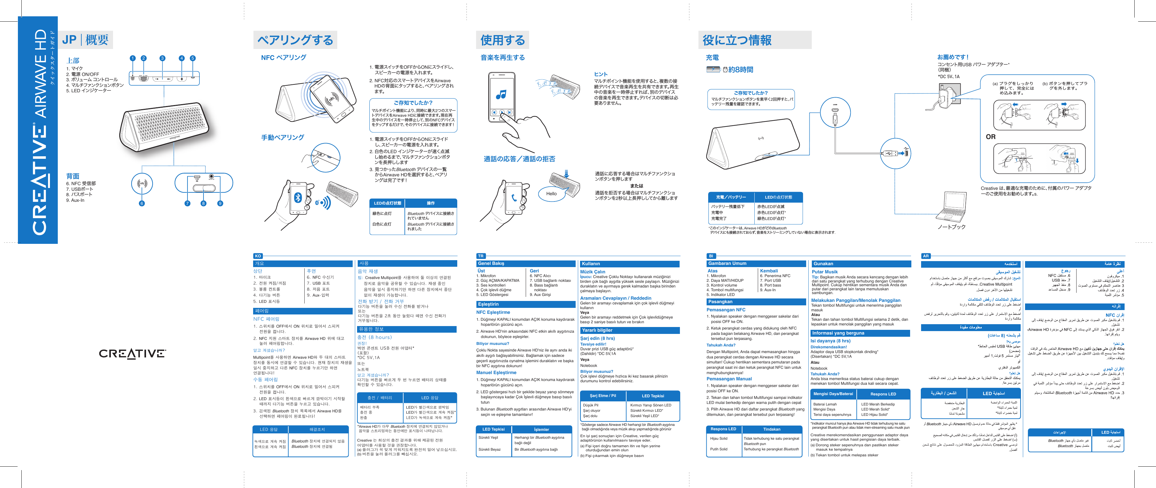 ペアリングする 使用するクイックスタートガイドNFC ペアリング手動ペアリング音楽を再生する通話の応答／通話の拒否1 2上部1. マイク2. 電源 ON/OFF3. ボリューム コントロール4. マルチファンクションボタン5. LED インジケーター通話に応答する場合はマルチファンクションボタンを押しますまたは通話を拒否する場合はマルチファンクションボタンを2秒以上長押ししてから離しますヒントマルチポイント機 能を使 用すると、複数の接続デバイスで音楽再生を共有できます。再生中の音楽を一時停止すれば、別のデバイスの音楽を再生できます。デバイスの切断は必要ありません。1. 電源スイッチをOFFからONにスライドし、スピーカーの電源を入 れます。2. 白色のLED インジケ ーター が 速く点 滅し始めるまで、マルチファンクションボタンを長 押しします3. 見つかったBluetooth デバイスの一覧からAirwave HDを選択すると、ペアリングは完了です！1. 電源スイッチをOFFからONにスライドし、スピーカーの電源を入れます。2. NFC対応のスマートデバイスをAirwave HDの背面にタップすると、ペアリングされます。背面6. NFC 受信部7. USBポート8. バスポート9. Aux-In 6 7 8 9HelloLEDの点灯状態 操作緑色に点灯白色に点灯Bluetooth デバイスに接続されていませんBluetooth デバイスに接続されましたご存知でしたか？マルチ ポイント機 能 により、同時に最大2つのスマートデバイスをAirwave HDに接続できます。現在再生中のデバイスを一時停止して、別のNFCデバイスをタップするだけで、そのデバイスに接続できます！3 4 5役に立つ情報USBノートブック充電／バッテリー LEDの点灯状態バッテリー残量低下充電中充電完了赤色LEDが点滅赤色LEDが点灯*緑色LEDが点灯**このインジケーターは、Airwave HDがどのBluetooth デバイスにも接続されておらず、音楽をストリーミングしていない場合に表示されます.ご存知でしたか？マルチファンクションボタンを 素 早く2回押すと、バッテリー残量を確認できます。充電*DC 5V、1Aお薦めです！コンセント用USB パワー アダプター *（同梱） Creative は、最適な充電のために、付属のパワー アダプターのご使用をお勧めします。s.페어링상단1. 마이크2. 전원 켜짐/꺼짐3. 볼륨 컨트롤4. 다기능 버튼5. LED 표시등NFC 페어링1. 스위치를 OFF에서 ON 위치로 밀어서 스피커 전원을 켭니다.2. NFC 지원 스마트 장치를 Airwave HD 위에 대고 눌러 페어링합니다.알고 계셨습니까?Multipoint를 사용하면 Airwave HD와 두 대의 스마트 장치를 동시에 연결할 수 있습니다. 현재 장치의 재생을 일시 중지하고 다른 NFC 장치를 누르기만 하면 연결됩니다!수동 페어링1. 스위치를 OFF에서 ON 위치로 밀어서 스피커 전원을 켭니다.2. LED 표시등이 흰색으로 빠르게 깜박이기 시작할 때까지 다기능 버튼을 누르고 있습니다.3. 검색된 Bluetooth 장치 목록에서 Airwave HD를 선택하면 페어링이 완료됩니다!유용한 정보충전 (8 hours)권장!벽면 콘센트 USB 전원 어댑터* (포함) *DC 5V,1A또는노트북알고 계셨습니까?다기능 버튼을 빠르게 두 번 누르면 배터리 상태를 확인할 수 있습니다.전화 받기 / 전화 거부다기능 버튼을 눌러 수신 전화를 받거나또는다기능 버튼을 2초 동안 눌렀다 떼면 수신 전화가 거부됩니다.후면6. NFC 수신기7. USB 포트8. 저음 포트9. Aux-입력KO개요LED 응답 해결조치녹색으로 계속 켜짐흰색으로 계속 켜짐Bluetooth 장치에 연결되지 않음Bluetooth 장치에 연결됨충전 / 배터리 LED 응답배터리 부족충전 중완충LED가 빨간색으로 깜박임LED가 빨간색으로 계속 켜짐*LED가 녹색으로 계속 켜짐**Airwave HD가 아무 Bluetooth 장치에 연결되지 않았거나 음악을 스트리밍하는 동안에만 표시등이 나타납니다.Creative 는 최상의 충전 결과를 위해 제공된 전원 어댑터를 사용할 것을 권장합니다.(a) 플러그가 꼭 맞게 끼워지도록 완전히 밀어 넣으십시오.(b) 버튼을 눌러 플러그를 빼십시오.사용음악 재생팁: Creative Multipoint를 사용하여 둘 이상의 연결된 장치로 음악을 공유할 수 있습니다. 재생 중인 음악을 일시 중지하기만 하면 다른 장치에서 중단 없이 재생이 가능합니다.Eşleştirin Üst1. Mikrofon2. Güç AÇMA/KAPATMA3. Ses kontrolleri4. Çok işlevli düğme5. LED GöstergesiNFC Eşleştirme1. Düğmeyi KAPALI konumdan AÇIK konuma kaydırarak hoparlörün gücünü açın.2. Airwave HD&apos;nin arkasındaki NFC etkin akıllı aygıtınıza dokunun, böylece eşleşirler.Biliyor musunuz?Çoklu Nokta sayesinde Airwave HD&apos;niz ile aynı anda iki akıllı aygıtı bağlayabilirsiniz. Bağlamak için sadece geçerli aygıtınızda oynatma işlemini duraklatın ve başka bir NFC aygıtına dokunun!Manuel Eşleştirme1. Düğmeyi KAPALI konumdan AÇIK konuma kaydırarak hoparlörün gücünü açın.2. LED göstergesi hızlı bir şekilde beyaz yanıp sönmeye başlayıncaya kadar Çok İşlevli düğmeye basıp basılı tutun3. Bulunan Bluetooth aygıtları arasından Airwave HD&apos;yi seçin ve eşleşme tamamlanır!Yararlı bilgilerŞarj edin (8 hrs)Tavsiye edilir!Duvar prizi USB güç adaptörü* (Dahildir) *DC 5V,1AVeya NotebookBiliyor musunuz? Çok işlevi düğmeye hızlıca iki kez basarak pilinizin durumunu kontrol edebilirsiniz.Aramaları Cevaplayın / ReddedinGelen bir aramayı cevaplamak için çok işlevli düğmeyi kullanınVeya Gelen bir aramayı reddetmek için Çok işlevlidüğmeye basıp 2 saniye basılı tutun ve bırakınGeri6. NFC Alıcı7. USB bağlantı noktası8. Bass bağlantı noktası9. Aux GirişiTRGenel BakışŞarj Etme / Pil LED TepkisiDüşük PilŞarj oluyorŞarj doluKırmızı Yanıp Sönen LEDSürekli Kırmızı LED*Sürekli Yeşil LED**Gösterge sadece Airwave HD herhangi bir Bluetooth aygıtına bağlı olmadığında veya müzik akışı yapmadığında görünürEn iyi şarj sonuçları için Creative, verilen güç adaptörünün kullanılmasını tavsiye eder.(a) Fişi içeri doğru tamamen itin ve fişin yerine oturduğundan emin olun(b) Fişi çıkarmak için düğmeye basınKullanınMüzik Çalınİpucu: Creative Çoklu Noktayı kullanarak müziğinizi birden çok bağlı aygıtla yüksek sesle paylaşın. Müziğinizi duraklatın ve ayırmaya gerek kalmadan başka birinden çalmaya başlayın.Pasangkan Atas1. Mikrofon2. Daya MATI/HIDUP3. Kontrol volume4. Tombol multifungsi5. Indikator LEDPemasangan NFC1. Nyalakan speaker dengan menggeser sakelar dari posisi OFF ke ON.2. Ketuk perangkat cerdas yang didukung oleh NFC pada bagian belakang Airwave HD, dan perangkat tersebut pun terpasang.Tahukah Anda?Dengan Multipoint, Anda dapat memasangkan hingga dua perangkat cerdas dengan Airwave HD secara simultan! Cukup hentikan sementara pemutaran pada perangkat saat ini dan ketuk perangkat NFC lain untuk menghubungkannya!Pemasangan Manual1. Nyalakan speaker dengan menggeser sakelar dari posisi OFF ke ON.2. Tekan dan tahan tombol Multifungsi sampai indikator LED mulai berkedip dengan warna putih dengan cepat3. Pilih Airwave HD dari daftar perangkat Bluetooth yang ditemukan, dan perangkat tersebut pun terpasang!Informasi yang bergunaIsi dayanya (8 hrs)Direkomendasikan!Adaptor daya USB stopkontak dinding* (Disertakan) *DC 5V,1AAtau NotebookTahukah Anda? Anda bisa memeriksa status baterai cukup dengan menekan tombol Multifungsi dua kali secara cepat.Melakukan Panggilan/Menolak PanggilanTekan tombol Multifungsi untuk menerima panggilan masukAtau Tekan dan tahan tombol Multifungsi selama 2 detik, dan lepaskan untuk menolak panggilan yang masukKembali6. Penerima NFC7. Port USB8. Port bass9. Aux-InBIGambaran UmumMengisi Daya/Baterai Respons LEDBaterai LemahMengisi DayaTerisi daya sepenuhnyaLED Merah BerkedipLED Merah Solid*LED Hijau Solid**Indikator muncul hanya jika Airwave HD tidak terhubung ke satu perangkat Bluetooth pun atau tidak men-streaming satu musik punCreative merekomendasikan penggunaan adaptor daya yang disertakan untuk hasil pengisian daya terbaik.(a) Dorong steker sepenuhnya dan pastikan steker masuk ke tempatnya(b) Tekan tombol untuk melepas stekerGunakanPutar MusikTip: Bagikan musik Anda secara kencang dengan lebih dari satu perangkat yang terhubung dengan Creative Multipoint. Cukup hentikan sementara musik Anda dan putar dari perangkat lain tanpa memutuskan sambungan.AR約8時間概要JPLED Tepkisi İşlemlerSürekli YeşilSürekli BeyazHerhangi bir Bluetooth aygıtına bağlı değilBir Bluetooth aygıtına bağlıRespons LED TindakanHijau SolidPutih SolidTidak terhubung ke satu perangkat Bluetooth punTerhubung ke perangkat BluetoothOR(a) プラグをしっかり押して、完全にはめ込みます。(b) ボタンを押してプラグを外します。