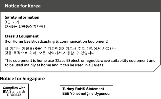 Safety information Class B Equipment(For Home Use Broadcasting &amp; Communication Equipment)This equipment is home use (Class B) electromagnetic wave suitability equipment and to be used mainly at home and it can be used in all areas.Notice for KoreaNotice for Singapore 