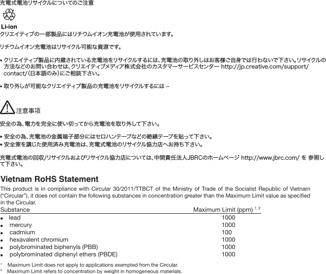 Vietnam RoHS Statement This product is in compliance with Circular 30/2011/TTBCT of the Ministry of Trade of the Socialist Republic of Vietnam (“Circular”), it does not contain the following substances in concentration greater than the Maximum Limit value as specified in the Circular.Substance               Maximum Limit (ppm) 1, 2●    lead                                    1000●    mercury                                    1000●    cadmium                                   100●    hexavalent chromium                                  1000●    polybrominated biphenyls (PBB)             1000●    polybrominated diphenyl ethers (PBDE)      10001    Maximum Limit does not apply to applications exempted from the Circular.2    Maximum Limit refers to concentration by weight in homogeneous materials.充電式電池リサイクルについてのご注意 クリエイティブの一部製品にはリチウムイオン充電池が使用されています。リチウムイオン充電池はリサイクル可能な資源です。• クリエイティブ製品に内蔵されている充電池をリサイクルするには、充電池の取り外しはお客様ご自身では行わないで下さい。リサイクルの方法などのお問い合わせは、クリエイティブメディア株式会社のカスタマーサービスセンター http://jp.creative.com/support/  contact/（日本語のみ）にご相談下さい。• 取り外しが可能なクリエイティブ製品の充電池をリサイクルするには ‒ 安全の為、電力を完全に使い切ってから充電池を取り外して下さい。• 安全の為、充電池の金属端子部分にはセロハンテープなどの絶縁テープを貼って下さい。• 安全策を講じた使用済み充電池は、充電式電池のリサイクル協力店へお持ち下さい。充電式電池の回収/リサイクルおよびリサイクル協力店については、中間責任法人JBRCのホームページ http://www.jbrc.com/ を 参照して下さい。注意事项!