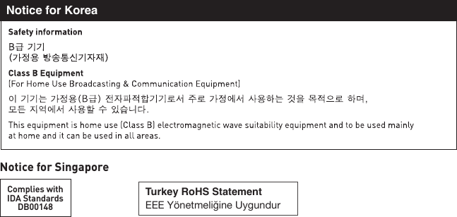 Notice for SingaporeComplies withIDA StandardsDB00148Turkey RoHS StatementEEE Yönetmeliğine UygundurNotice for Korea