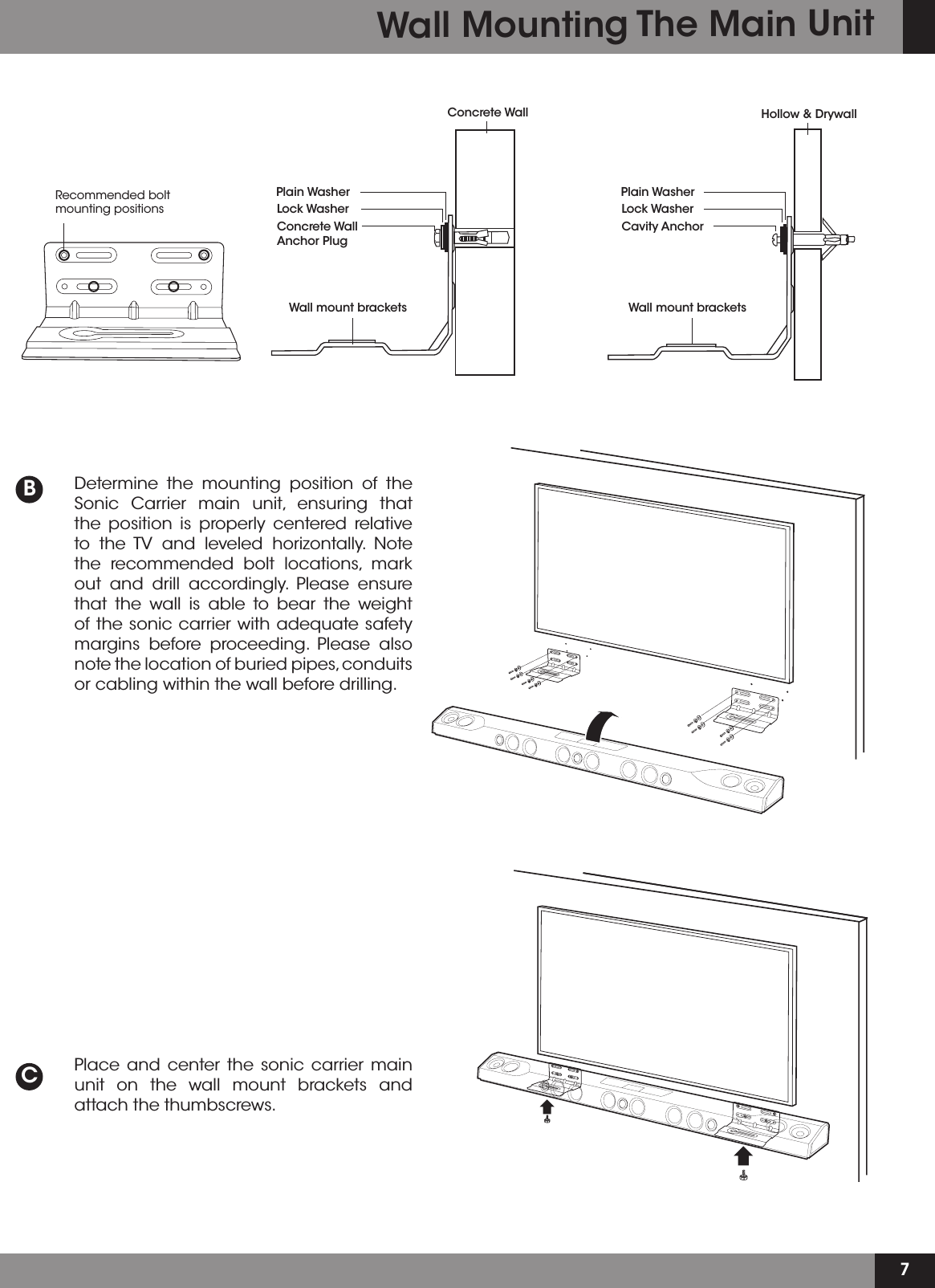 7Concrete Wall Anchor PlugConcrete WallWall mount bracketsLock WasherPlain Washer CavityAnchorWall mount bracketsLock WasherPlain Washer Hollow&amp;DrywallRecommended bolt mounting positionsBCDetermine the mounting position of the Sonic Carrier main unit, ensuring that the position is properly centered relative to the TV and leveled horizontally. Note the recommended bolt locations, mark out and drill accordingly. Please ensure that the wall is able to bear the weight of the sonic carrier with adequate safety margins before proceeding. Please also note the location of buried pipes, conduits or cabling within the wall before drilling.Place and center the sonic carrier main unit on the wall mount brackets and attach the thumbscrews.Wall Mounting The Main Unit