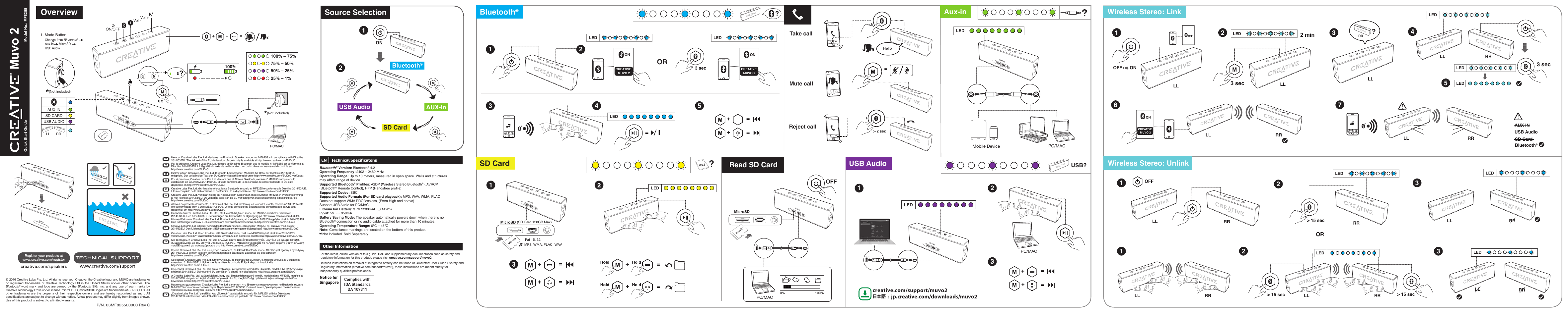 SD CardAUX-inBluetooth®USB AudioOR Take call  Reject callMute call SD Card  Wireless Stereo: UnlinkBluetooth®Source Selection3 sec13 452Aux-inUSB Audiocreative.com/support/muvo2日本語 :  jp.creative.com/downloads/muvo2LED LEDLEDONCREATIVE MUVO 2ONCREATIVE MUVO 2&gt; 2 secHello=LEDONOFFWireless Stereo: Link3 sec2 minAUX INUSB AudioSD CardBluetooth®LEDLEDLED LEDQuick Start Guide Model No.: MF8255 Muvo 2 OverviewPC/MAC(Not included)1. Mode Button Change from Bluetooth®     Aux-in      MicroSD     USB Audio 100% – 75%75% – 50%50% – 25%25% – 1%100%++ =ON/OFF1Vol -Vol +MicroSDX 2?(Not included)RRLLAUX-INSD CARDUSB AUDIOP/N. 03MF825500000 Rev C© 2016 Creative Labs Pte. Ltd. All rights reserved. Creative, the Creative logo, and MUVO are trademarks or registered trademarks of Creative Technology Ltd in the United States and/or other countries. The Bluetooth®  word mark and logo are owned by the Bluetooth SIG, Inc. and any use of such marks by Creative Technology Ltd is under license. microSDHC, microSDXC logos are trademarks of SD-3C, LLC. All other trademarks are the property of their respective owners and are hereby recognized as such. All speciﬁcations are subject to change without notice. Actual product may differ slightly from images shown. Use of this product is subject to a limited warranty.EN Hereby, Creative Labs Pte. Ltd. declares the Bluetooth Speaker, model no. MF8255 is in compliance with Directive 2014/53/EU. The full text of the EU declaration of conformity is available at http://www.creative.com/EUDoCPar la présente, Creative Labs Pte. Ltd. déclare ce Enceinte Bluetooth que le modèle n° MF8255 est conforme à la Directive 2014/53/EU. L&apos;intégralité du texte de la déclaration de conformité européenne est disponible sur http://www.creative.com/EUDoCFRHiermit erklärt Creative Labs Pte. Ltd. Bluetooth-Lautsprecher, Modellnr. MF8255 der Richtlinie 2014/53/EU entspricht. Der vollständige Text der EU-Konformitätserklärung ist unter http://www.creative.com/EUDoC verfügbar.DECreative Labs Pte. Ltd. dichiara che Altoparlante Bluetooth, modello n. MF8255 è conforme alla Direttiva 2014/53/UE. Il testo completo della dichiarazione di conformità UE è disponibile su http://www.creative.com/EUDoCITPor el presente, Creative Labs Pte. Ltd. declara que el Altavoz Bluetooth, modelo nº MF8255 cumple con lo establecido en la Directiva 2014/53/UE. El texto completo de la declaración de conformidad de la UE está disponible en http://www.creative.com/EUDoCESCreative Labs Pte. Ltd. verklaart hierbij dat het Bluetooth luidspreker, modelnummer MF8255 in overeenstemming is met Richtlijn 2014/53/EU. De volledige tekst van de EU-verklaring van overeenstemming is beschikbaar op http://www.creative.com/EUDoCNLAtravés do presente documento, a Creative Labs Pte. Ltd. declara que Coluna Bluetooth, modelo n.º MF8255 está em conformidade com a Diretiva 2014/53/UE. O texto completo da declaração de conformidade da UE está disponível em http://www.creative.com/EUDoCPTHermed erklærer Creative Labs Pte. Ltd., at Bluetooth-højttaler, model nr. MF8255 overholder direktivet 2014/53/EU. Den fulde tekst i EU-erklæringen om konformitet er tilgængelig på http://www.creative.com/EUDoCDAHärmed förkunnar Creative Labs Pte. Ltd. Bluetooth-högtalare, att modell nr. MF8255 uppfyller direktiv 2014/53/EU. Den fullständiga texten av EU-Deklaration om överensstämmelse finns på http://www.creative.com/EUDoCSVCreative Labs Pte. Ltd. erklærer herved den Bluetooth-høyttaler, at modell nr. MF8255 er i samsvar med direktiv 2014/53/EU. Den fullstendige teksten til EU-samsvarserklæringen er tilgjengelig på http://www.creative.com/EUDoCNOCreative Labs Pte. Ltd. täten ilmoittaa, että Bluetooth-kaiutin, malli nro MF8255 täyttää direktiivin 2014/53/EY vaatimukset. Koko EY-vaatimustenmukaisuusvakuutus on saatavilla osoitteessa http://www.creative.com/EUDoC.FIΜε το παρόν, η Creative Labs Pte. Ltd. δηλώνει ότι το προϊόν Bluetooth Ηχείο, μοντέλο με αριθμό MF8255 συμμορφώνεται με την Οδηγία Directive 2014/53/EU. Μπορείτε να βρείτε το πλήρες κείμενο για τη δήλωση της ΕΕ σχετικά με τη συμμόρφωση στο http://www.creative.com/EUDoCELSpółka Creative Labs Pte. Ltd. niniejszym oświadcza, że Głośnik Bluetooth, model MF8255 jest zgodny z dyrektywą 2014/53/UE. Z pełnym tekstem deklaracji zgodności UE można zapoznać się pod adresem http://www.creative.com/EUDoCPLSpoločnosť Creative Labs Pte. Ltd. týmto vyhlasuje, že Reproduktor Bluetooth, č. modelu MF8255, je v súlade so smernicou č. 2014/53/EÚ. Úplné znenie vyhlásenia o zhode EÚ je k dispozícii na lokalite http://www.creative.com/EUDoCSKSpolečnost Creative Labs Pte. Ltd. tímto prohlašuje, že výrobek Reproduktor Bluetooth, model č. MF8255 vyhovuje směrnici 2014/53/EU. Úplné znění EU prohlášení oshodě je kdispozici na http://www.creative.com/EUDoCCZA Creative Labs Pte. Ltd. ezúton kijelenti, hogy a(z) Bluetooth hangszóró termék, modellszáma MF8255, megfelel a 2014/53/EU irányelvben foglal követelményeknek. Az EU megfelelőségi nyilatkozat teljes szövege elérhető a következő címen: http://www.creative.com/EUDoCHU„Creative Labs Pte. Ltd.“ pareiškia, kad „Bluetooth“ garsiakalbis, modelio Nr. MF8255, atitinka Direktyvos 2014/53/ES reikalavimus. Visa ES atitikties deklaracija yra pateikta http://www.creative.com/EUDoCLTНастоящим документом Creative Labs Pte. Ltd. заявляет, что Динамик с подключением по Bluetooth, модель № MF8255 полностью соответствует Директиве 2014/53/ЕС. Полный текст Декларации о соответствии требованиям ЕС доступен на сайте http://www.creative.com/EUDoCRUPC/MACMobile DeviceLEDOFFMicroSDMicroSDMP3, WMA, FLAC, WAVFat 16, 32MicroSD (SD Card 128GB Max)MicroSDPC/MAC100%0%LEDPC/MAC1 23LED32RR1RR &gt; 15 secLLOFFRRLL23&gt; 15 sec &gt; 15 sec1RRLL RRLLLL RRLEDLEDEN Technical SpeciﬁcatonsBluetooth ® Version: Bluetooth® 4.2Operating Frequency: 2402 – 2480 MHzOperating Range: Up to 10 meters, measured in open space. Walls and structures may affect range of device.Supported Bluetooth® Profiles: A2DP (Wireless Stereo Bluetooth®), AVRCP (Bluetooth® Remote Control), HFP (Handsfree profile)Supported Codec: SBCSupported Audio Formats (For SD card playback): MP3, WAV, WMA, FLACDoes not support WMA PRO/lossless, (Extra High and above)Support USB Audio for PC/MACLithium Ion Battery: 3.7V 2200mAH (8.14Wh)Input: 5V       950mABattery Saving Mode: The speaker automatically powers down when there is no Bluetooth® connection or no audio cable attached for more than 10 minutes.Operating Temperature Range: 0ºC – 45ºCNote: Compliance markings are located on the bottom of this product.   Not Included. Sold Separately.For the latest, online version of this guide, DoC and supplementary documentation such as safety and regulatory information for this product, please visit creative.com/support/muvo2Detailed instructions on removal of integrated battery can be found at Quickstart User Guide / Safety and Regulatory Information (creative.com/support/muvo2), these instructions are meant strictly for independently qualified professionals.Other InformationNotice for Singapore Complies withIDA StandardsDA 107311*Read SD CardRRLLONCREATIVE MUVO 2 RRLLLL RRLEDLL?RR3 sec LLLL