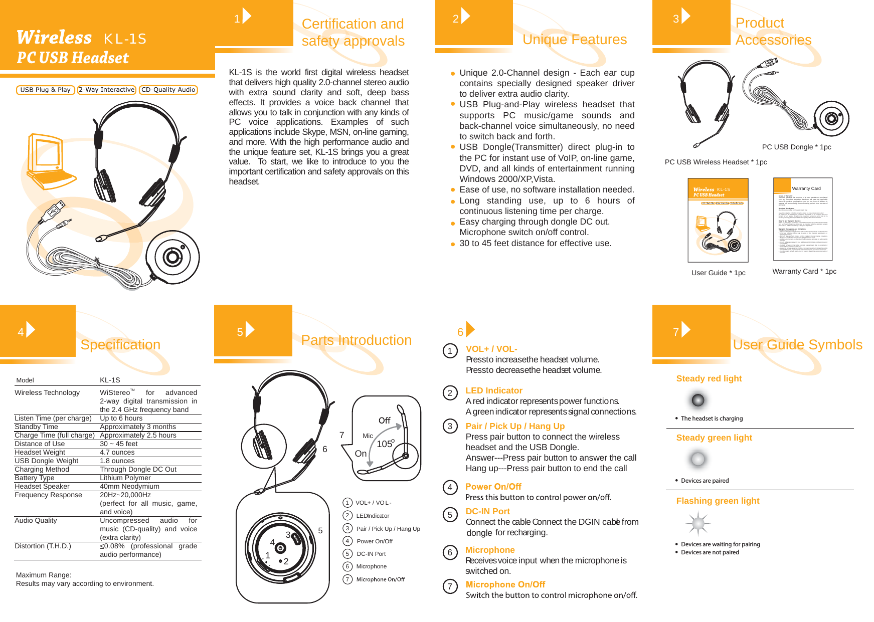 Certification and safety approvals Unique FeaturesSpecificationProduct AccessoriesUser Guide SymbolsWarranty CardScope of WarrantySoundJet warrants that products of its own manufacture purchased from any SoundJet authorized distributor will meet the applicabl e SoundJet product specifications and be free from all defects in material and workmanship for the following periods from the date of purchase: Headset  One(1) YearOther Accessories (other than headset) One(1) YearSoundJet&apos;s obligation under this warranty is limited to, at SoundJet&apos;s option, either:(a) repairing; or (b) replacing the product and accessories on an exchange basis. The warranty for such repaired or replaced the product and accessories will be valid for the remaining warranty period applicable for the original product and accessories.How To Get Warranty ServiceReturn the product and accessories to the outlet from which the product and accessories were purchased. All warranty claims must be presented within the applicable warranty periods above and accompanied by a valid proof-of-purchase.Warranty Exclusions and limitationsThis warranty shall not apply to:defects or damage resulting from use of the product and accessories in other than their normal and customary manner, eg, in excess of their maximum specifications or operating instructions;defects or damage form misuse, accident, neglect, improper testing, installation, alteration or modification of any kind, or spillage of food or liquid.installation, maintenance or repair performed by service personnel not authorized by SoundJet;products and accessories which have had the serial/identification numbers removed or made illegible;all plastic surfaces and all other externally exposed parts that are scratched or damaged due to customer normal use;operation or damage caused by ancillary or peripheral equipment not manufactured by SoundJet but used in conjunction with or accompanying the product and accessories.any other defects or faults which occur for reasons beyond the reasonable control of SoundJet.1 2 374PC USB Dongle * 1pcWarranty Card * 1pcUser Guide * 1pcPC USB Wireless Headset * 1pcParts Introduction 5 Pair / Pick Up / Hang UpDC-IN PortPower On/OffVOL+ / VO L-LED IndicatorMicrophone123456756713426PC 105oOnMicWireless TechnologyListen Time (per charge)Standby TimeCharge Time (full charge)Distance of UseHeadset WeightUSB Dongle WeightCharging MethodBattery TypeHeadset SpeakerFrequency ResponseAudio QualityDistortion (T.H.D.)ModelMicrophoneReceives voice input when the microphone is swit ched on.DC-IN PortConnect the cable Connect the DC-IN cable from  for recharging. LED IndicatorA red indicator represents power functions.A green indicator represents signal connections.VOL+ / VOL-Press to increase the headset volume.Press to decrease the headset volume.1234567PC PC USB HeadsetMaximum Range:Results may vary according to environment.PC USB HeadsetUnique 2.0-Channel design - Each ear cup contains specially designed speaker driver to deliver extra audio clarity.USB Plug-and-Play wireless headset that supports PC music/game sounds and back-channel voice simultaneously, no need to switch back and forth.USB Dongle(Transmitter) direct plug-in to the PC for instant use of VoIP, on-line game, DVD, and all kinds of entertainment running Windows 2000/XP,Vista.Ease of use, no software installation needed.Long standing use, up to 6 hours of continuous listening time per charge.Easy charging through dongle DC out.Microphone switch on/off control.30 to 45 feet distance for effective use.Pair / Pick Up / Hang UpPress pair button to connect the wireless headset and the USB Dongle.Answer---Press pair button to answer the callHang up---Press pair button to end the calldongleKL-1SKL-1S is the world first digital wireless headset that delivers high quality 2.0-channel stereo audio with extra sound clarity and soft, deep bass effects. It provides a voice back channel that allows you to talk in conjunction with any kinds of PC voice applications. Examples of such applications include Skype, MSN, on-line gaming, and more. With the high performance audio and the unique feature set, KL-1S brings you a great value.  To start, we like to introduce to you the important certification and safety approvals on this headset. KL-1SKL-1S Steady red lightSteady green lightFlashing green lightDevices are waiting for pairingDevices are pairedThe headset is chargingDevices are not pairedWiStereoTM for advanced 2-way digital transmission in the 2.4 GHz frequency bandUp to 6 hoursApproximately 3 monthsApproximately 2.5 hours30 ~ 45 feet 4.7 ounces1.8 ouncesThrough Dongle DC OutLithium Polymer 40mm Neodymium20Hz~20,000Hz(perfect for all music, game, and voice)Uncompressed audio for music (CD-quality) and voice (extra clarity)&lt;0.08% (professional grade audio performance)  