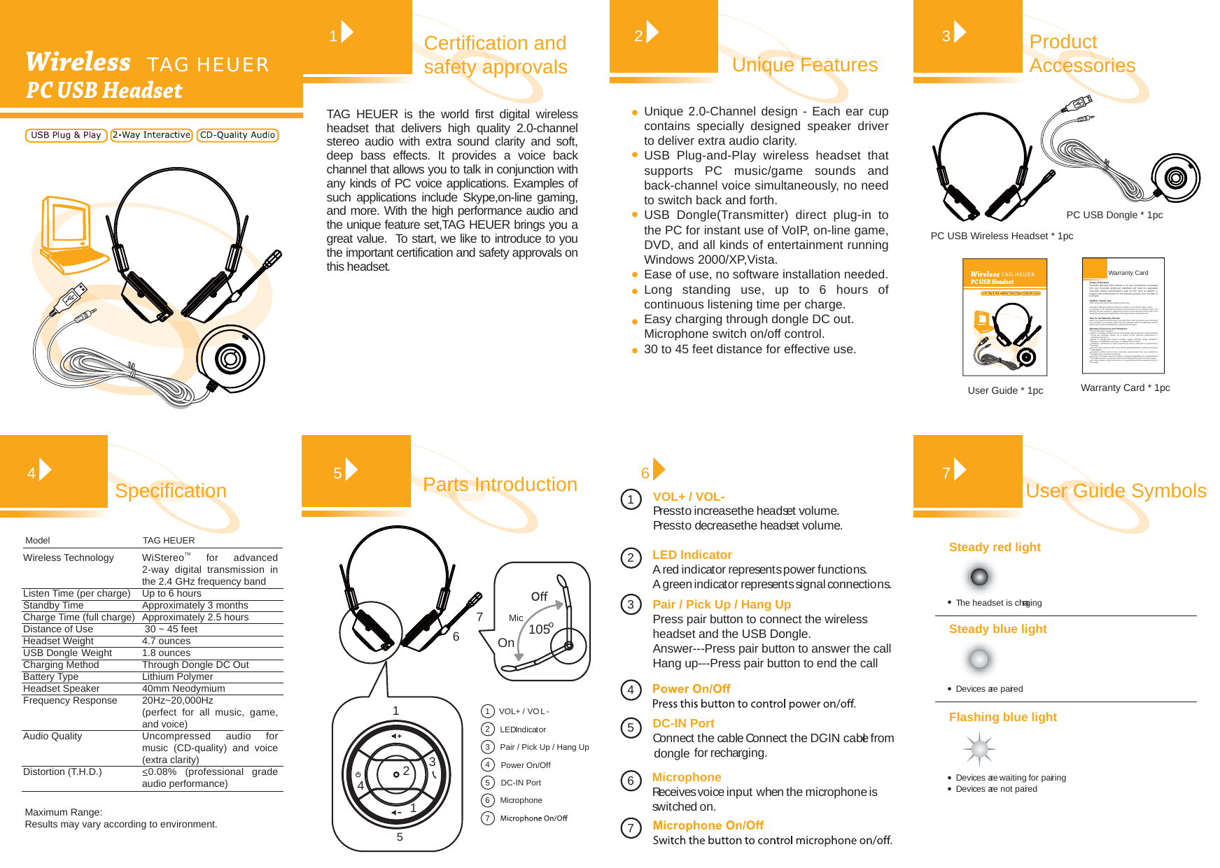 Certification and safety approvals Unique FeaturesSpecificationProduct AccessoriesUser Guide SymbolsWarranty CardScope of WarrantySoundJet warrants that products of its own manufacture purchased from any SoundJet authorized distributor will meet the applicabl e SoundJet product specifications and be free from all defects in material and workmanship for the following periods from the date of purchase: Headset  One(1) YearOther Accessories (other than headset) One(1) YearSoundJet&apos;s obligation under this warranty is limited to, at SoundJet&apos;s option, either:(a) repairing; or (b) replacing the product and accessories on an exchange basis. The warranty for such repaired or replaced the product and accessories will be valid for the remaining warranty period applicable for the original product and accessories.How To Get Warranty ServiceReturn the product and accessories to the outlet from which the product and accessories were purchased. All warranty claims must be presented within the applicable warranty periods above and accompanied by a valid proof-of-purchase.Warranty Exclusions and limitationsThis warranty shall not apply to:defects or damage resulting from use of the product and accessories in other than their normal and customary manner, eg, in excess of their maximum specifications or operating instructions;defects or damage form misuse, accident, neglect, improper testing, installation, alteration or modification of any kind, or spillage of food or liquid.installation, maintenance or repair performed by service personnel not authorized by SoundJet;products and accessories which have had the serial/identification numbers removed or made illegible;all plastic surfaces and all other externally exposed parts that are scratched or damaged due to customer normal use;operation or damage caused by ancillary or peripheral equipment not manufactured bySoundJet but used in conjunction with or accompanying the product and accessories.any other defects or faults which occur for reasons beyond the reasonable control of SoundJet.1 2 374 TAG HEUER PC USB Dongle * 1pcWarranty Card * 1pcUser Guide * 1pcPC USB Wireless Headset * 1pcParts Introduction 5 Pair / Pick Up / Hang UpDC-IN PortPower On/OffVOL+ / VO L-LED IndicatorMicrophone1234567567113426Steady red lightSteady blue lightFlashing blue lightDevices are waiting for  pairingDevices are pairedThe headset is chargingDevices are not pairedPC 105oOnMicTAG HEUER is the world first digital wireless headset that delivers high quality 2.0-channel stereo audio with extra sound clarity and soft, deep bass effects. It provides a voice back channel that allows you to talk in conjunction with any kinds of PC voice applications. Examples of such applications include Skype,on-line gaming, and more. With the high performance audio and the unique feature set,TAG HEUER brings you a great value.  To start, we like to introduce to you the important certification and safety approvals on this headset.TAG HEUERWireless TechnologyListen Time (per charge)Standby TimeCharge Time (full charge)Distance of UseHeadset WeightUSB Dongle WeightCharging MethodBattery TypeHeadset SpeakerFrequency ResponseAudio QualityDistortion (T.H.D.)ModelMicrophoneReceives voice input when the microphone is swit ched on.DC-IN PortConnect the cable Connect the DC-IN cable from  for recharging. LED IndicatorA red indicator represents power functions.A green indicator represents signal connections.VOL+ / VOL-Press to increase the headset volume.Press to decrease the headset volume.1234567PC PC USB HeadsetMaximum Range:Results may vary according to environment. TAG HEUER PC USB HeadsetUnique 2.0-Channel design - Each ear cup contains specially designed speaker driver to deliver extra audio clarity.USB Plug-and-Play wireless headset that supports PC music/game sounds and back-channel voice simultaneously, no need to switch back and forth.USB Dongle(Transmitter) direct plug-in to the PC for instant use of VoIP, on-line game, DVD, and all kinds of entertainment running Windows 2000/XP,Vista.Ease of use, no software installation needed.Long standing use, up to 6 hours of continuous listening time per charge.Easy charging through dongle DC out.Microphone switch on/off control.30 to 45 feet distance for effective use.Pair / Pick Up / Hang UpPress pair button to connect the wireless headset and the USB Dongle.Answer---Press pair button to answer the callHang up---Press pair button to end the calldongleWiStereoTM for advanced 2-way digital transmission in the 2.4 GHz frequency bandUp to 6 hoursApproximately 3 monthsApproximately 2.5 hours 30 ~ 45 feet 4.7 ounces1.8 ouncesThrough Dongle DC OutLithium Polymer 40mm Neodymium20Hz~20,000Hz(perfect for all music, game, and voice)Uncompressed audio for music (CD-quality) and voice (extra clarity)&lt;0.08% (professional grade audio performance)  