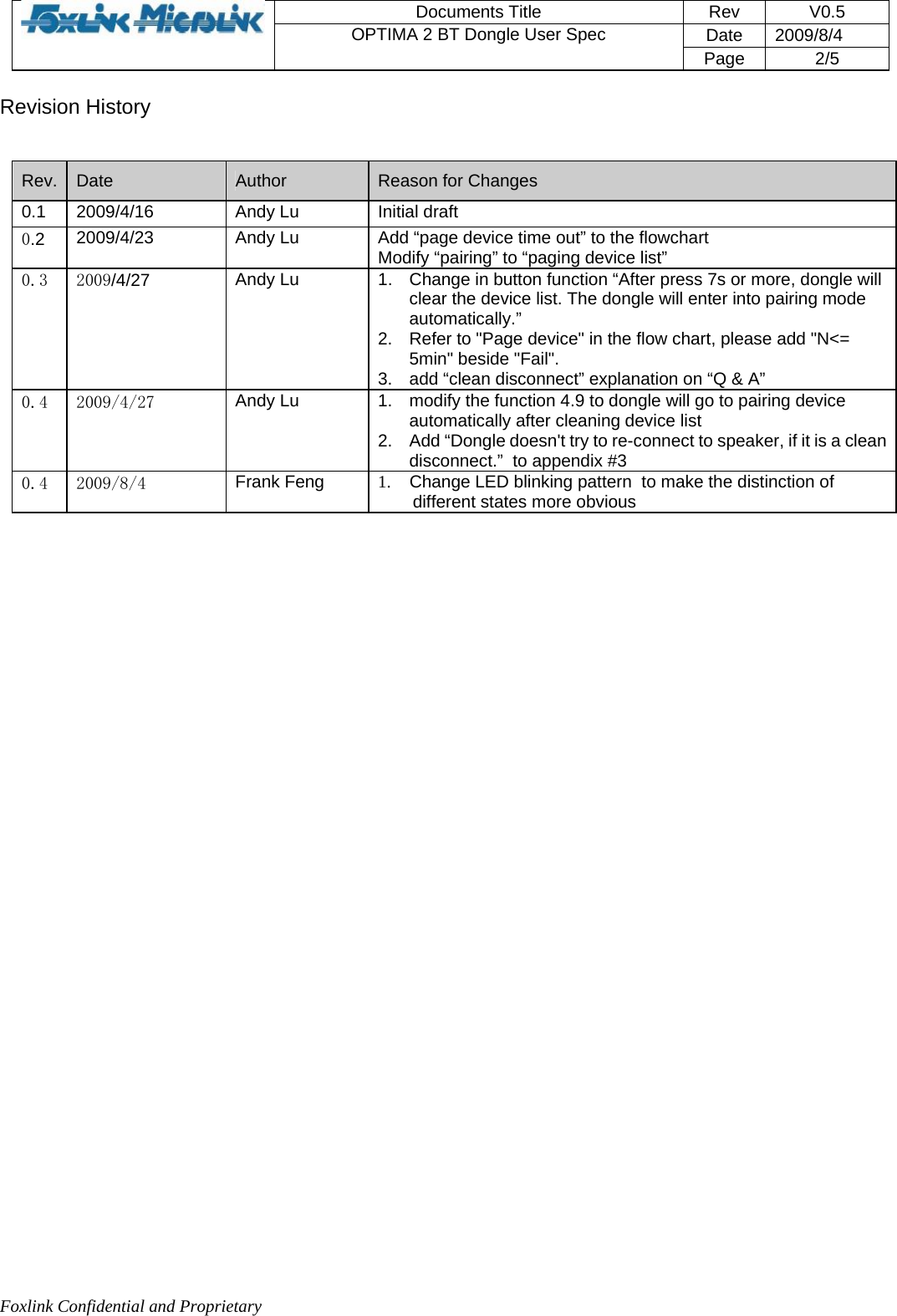 Foxlink Confidential and Proprietary  Documents Title   Rev   V0.5 Date   2009/8/4  OPTIMA 2 BT Dongle User Spec Page 2/5   Revision History  Rev.   Date   Author   Reason for Changes  0.1   2009/4/16  Andy Lu   Initial draft  0.2  2009/4/23  Andy Lu  Add “page device time out” to the flowchart Modify “pairing” to “paging device list” 0.3  2009/4/27  Andy Lu  1.  Change in button function “After press 7s or more, dongle will clear the device list. The dongle will enter into pairing mode automatically.” 2.  Refer to &quot;Page device&quot; in the flow chart, please add &quot;N&lt;= 5min&quot; beside &quot;Fail&quot;. 3.  add “clean disconnect” explanation on “Q &amp; A” 0.4  2009/4/27  Andy Lu  1.  modify the function 4.9 to dongle will go to pairing device automatically after cleaning device list 2.  Add “Dongle doesn&apos;t try to re-connect to speaker, if it is a clean disconnect.”  to appendix #3 0.4  2009/8/4  Frank Feng  1.    Change LED blinking pattern  to make the distinction of different states more obvious                