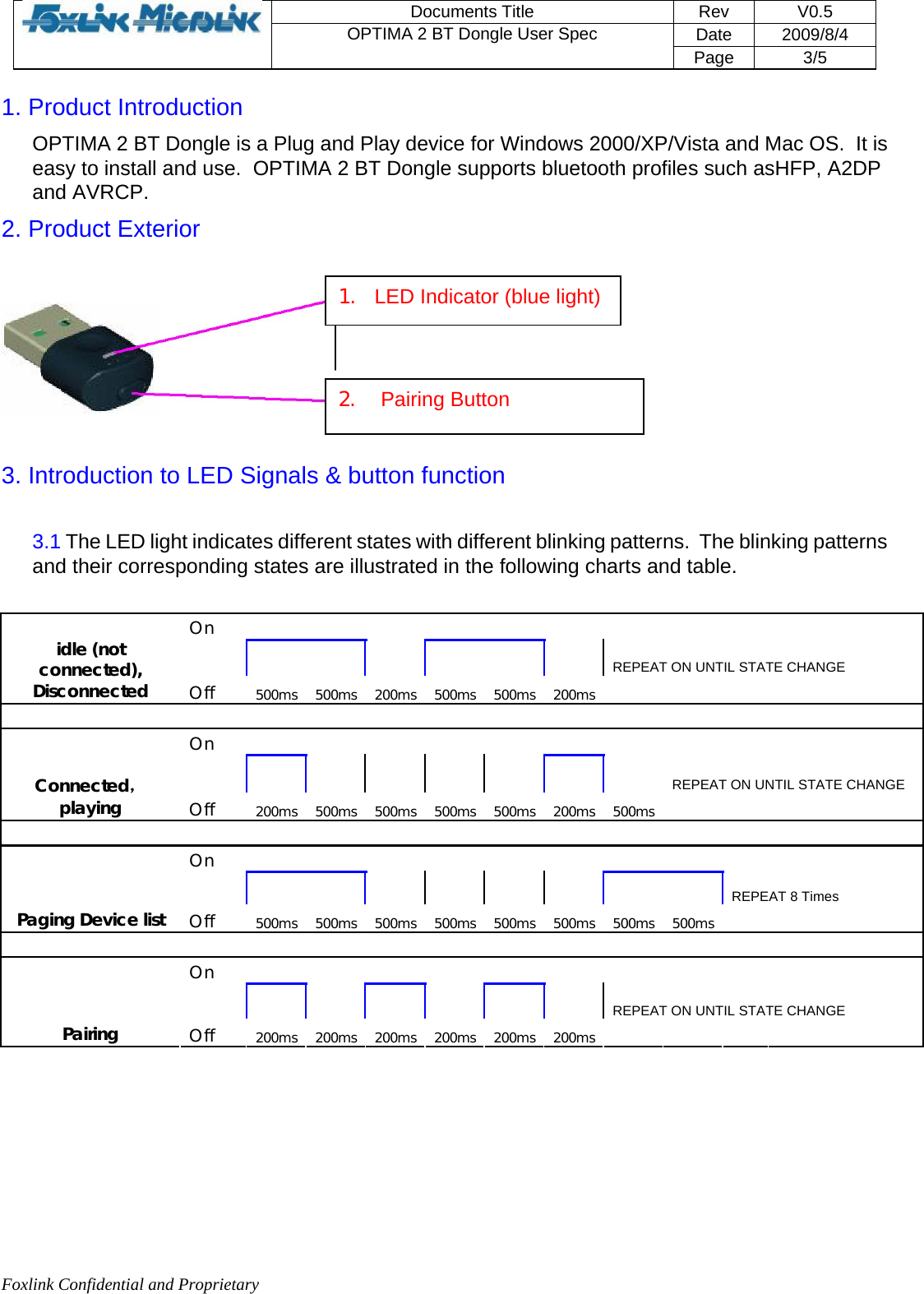 Foxlink Confidential and Proprietary  Documents Title   Rev   V0.5 Date   2009/8/4  OPTIMA 2 BT Dongle User Spec Page 3/5   1. Product Introduction  OPTIMA 2 BT Dongle is a Plug and Play device for Windows 2000/XP/Vista and Mac OS.  It is easy to install and use.  OPTIMA 2 BT Dongle supports bluetooth profiles such asHFP, A2DP and AVRCP.    2. Product Exterior  3. Introduction to LED Signals &amp; button function 3.1 The LED light indicates different states with different blinking patterns.  The blinking patterns and their corresponding states are illustrated in the following charts and table.        On                                  REPEAT ON UNTIL STATE CHANGE idle (not connected),  Disconnected  Off  500ms 500ms 200ms 500ms 500ms 200ms                          On                                    REPEAT ON UNTIL STATE CHANGE Connected，playing  Off  200ms 500ms 500ms 500ms 500ms 200ms 500ms                        On                                       REPEAT 8 Times Paging Device list  Off  500ms 500ms 500ms 500ms 500ms 500ms 500ms 500ms                      On                                  REPEAT ON UNTIL STATE CHANGE Pairing  Off  200ms 200ms 200ms 200ms 200ms 200ms                   1.  LED Indicator (blue light) 2.    Pairing Button  