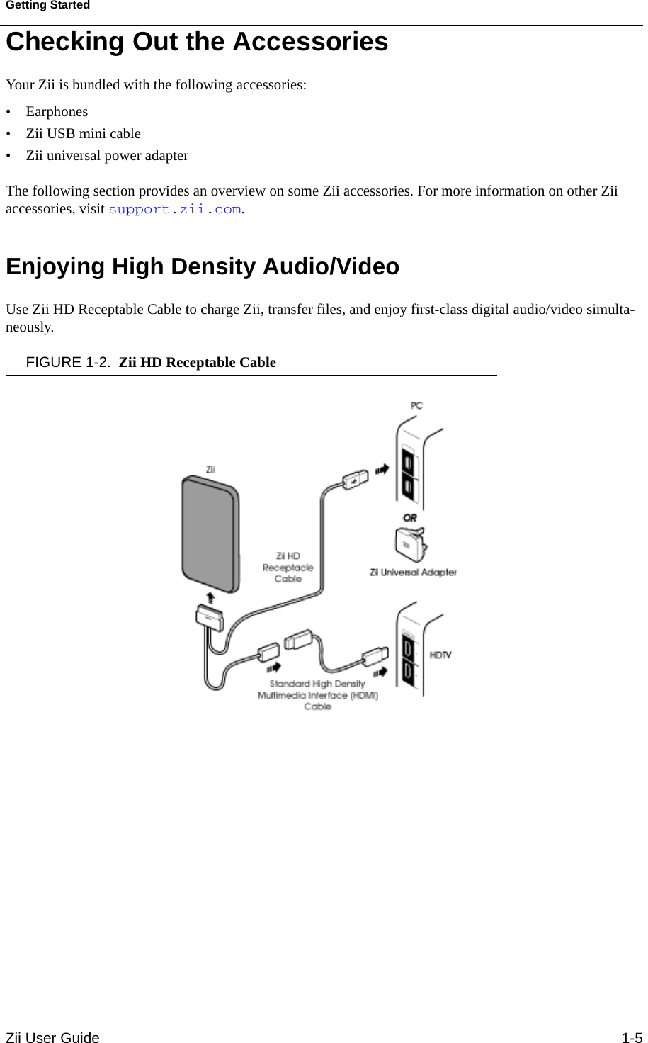 Zii User Guide 1-5Getting StartedChecking Out the AccessoriesYour Zii is bundled with the following accessories:• Earphones• Zii USB mini cable• Zii universal power adapterThe following section provides an overview on some Zii accessories. For more information on other Zii accessories, visit support.zii.com.Enjoying High Density Audio/VideoUse Zii HD Receptable Cable to charge Zii, transfer files, and enjoy first-class digital audio/video simulta-neously.FIGURE 1-2. Zii HD Receptable Cable