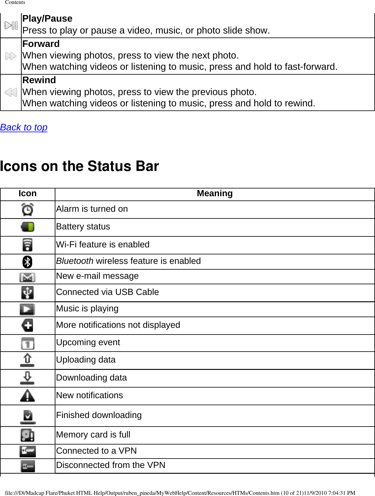 Contents Play/Pause Press to play or pause a video, music, or photo slide show. Forward When viewing photos, press to view the next photo.When watching videos or listening to music, press and hold to fast-forward.  Rewind When viewing photos, press to view the previous photo. When watching videos or listening to music, press and hold to rewind.  Back to top  Icons on the Status Bar Icon Meaning Alarm is turned on  Battery status Wi-Fi feature is enabled Bluetooth wireless feature is enabled New e-mail message Connected via USB Cable Music is playing More notifications not displayed Upcoming event  Uploading data Downloading data New notifications  Finished downloading  Memory card is full Connected to a VPN Disconnected from the VPN file:///D|/Madcap Flare/Phuket HTML Help/Output/ruben_pineda/MyWebHelp/Content/Resources/HTMs/Contents.htm (10 of 21)11/9/2010 7:04:31 PM
