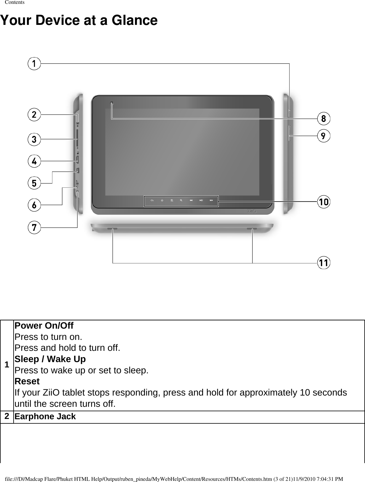 ContentsYour Device at a Glance   1Power On/Off Press to turn on.Press and hold to turn off. Sleep / Wake Up Press to wake up or set to sleep. Reset If your ZiiO tablet stops responding, press and hold for approximately 10 seconds until the screen turns off. 2Earphone Jack file:///D|/Madcap Flare/Phuket HTML Help/Output/ruben_pineda/MyWebHelp/Content/Resources/HTMs/Contents.htm (3 of 21)11/9/2010 7:04:31 PM