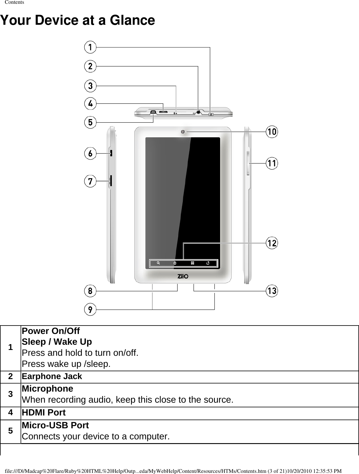 ContentsYour Device at a Glance  1Power On/Off Sleep / Wake Up Press and hold to turn on/off. Press wake up /sleep. 2Earphone Jack 3Microphone When recording audio, keep this close to the source. 4HDMI Port 5Micro-USB Port Connects your device to a computer. file:///D|/Madcap%20Flare/Ruby%20HTML%20Help/Outp...eda/MyWebHelp/Content/Resources/HTMs/Contents.htm (3 of 21)10/20/2010 12:35:53 PM