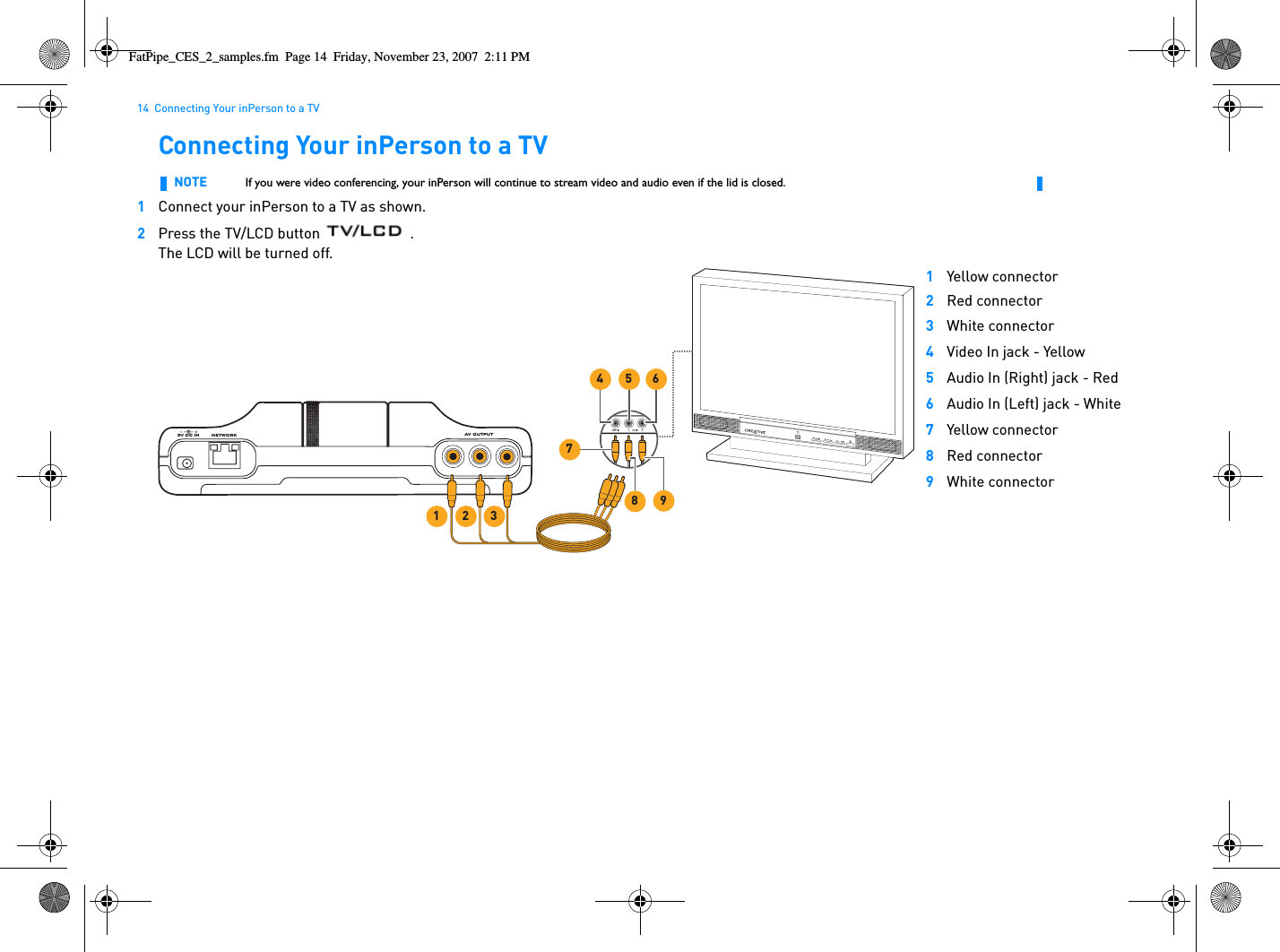 14  Connecting Your inPerson to a TVConnecting Your inPerson to a TV1Connect your inPerson to a TV as shown.2Press the TV/LCD button .The LCD will be turned off.NOTE If you were video conferencing, your inPerson will continue to stream video and audio even if the lid is closed.NETWORK5V DC IN AV OUTPUT4 5 689731 21Yellow connector2Red connector3White connector4Video In jack - Yellow5Audio In (Right) jack - Red6Audio In (Left) jack - White7Yellow connector8Red connector9White connectorFatPipe_CES_2_samples.fm  Page 14  Friday, November 23, 2007  2:11 PM