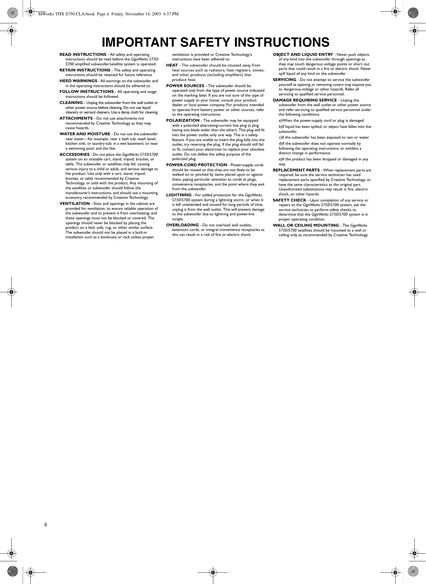 Page 2 of 12 - Creative Creative-Gigaworks-S750-Users-Manual- MWorks THX S750 CLA  Creative-gigaworks-s750-users-manual
