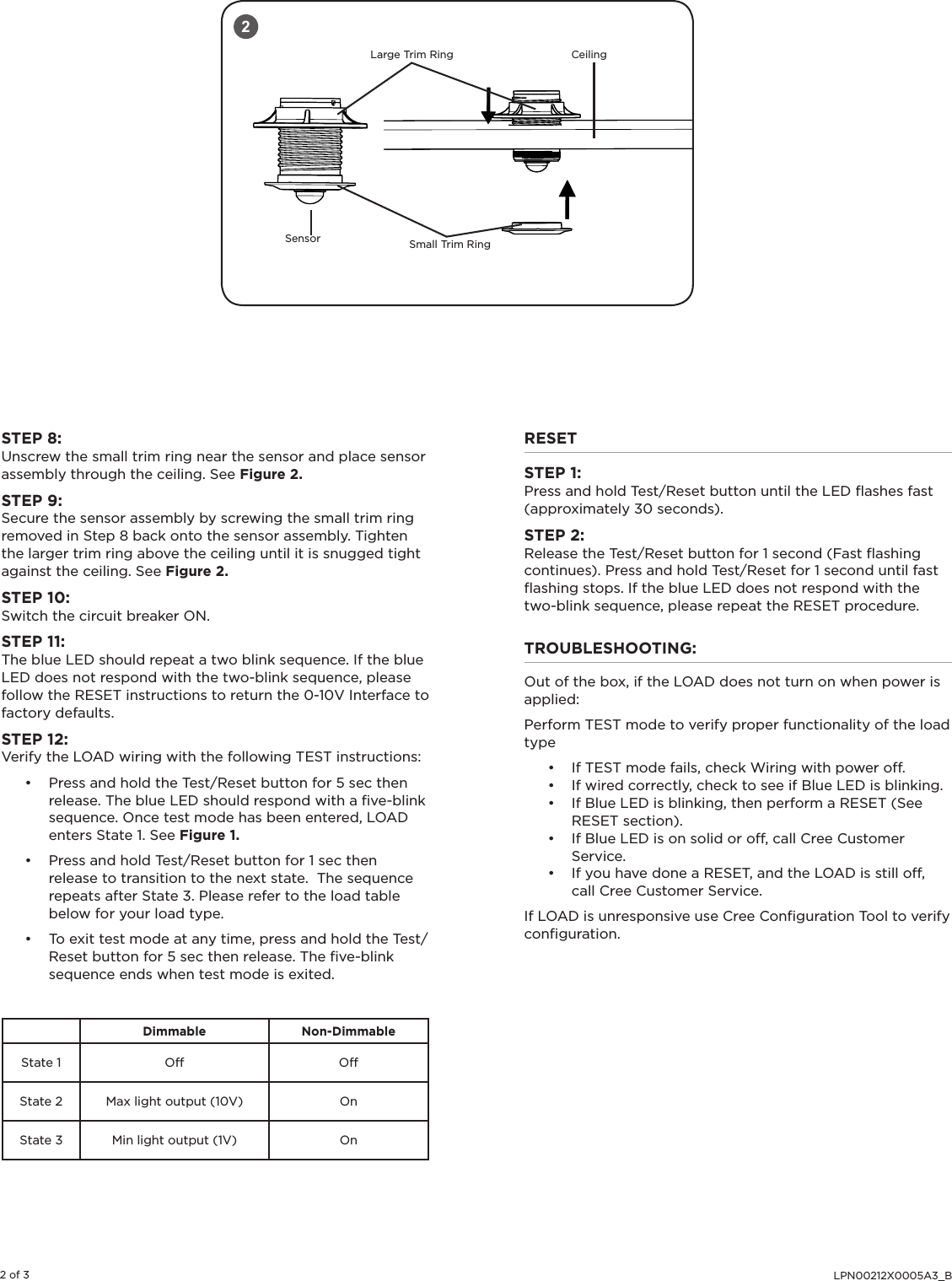 LPN00212X0005A3_B2 of 3STEP 8:Unscrew the small trim ring near the sensor and place sensor assembly through the ceiling. See Figure 2. STEP 9:Secure the sensor assembly by screwing the small trim ring removed in Step 8 back onto the sensor assembly. Tighten the larger trim ring above the ceiling until it is snugged tight against the ceiling. See Figure 2. STEP 10: Switch the circuit breaker ON. STEP 11: The blue LED should repeat a two blink sequence. If the blue LED does not respond with the two-blink sequence, please follow the RESET instructions to return the 0-10V Interface to factory defaults.STEP 12: Verify the LOAD wiring with the following TEST instructions:• Press and hold the Test/Reset button for 5 sec then release. The blue LED should respond with a ﬁve-blink sequence. Once test mode has been entered, LOAD enters State 1. See Figure 1.• Press and hold Test/Reset button for 1 sec then release to transition to the next state.  The sequence repeats after State 3. Please refer to the load table below for your load type.  • To exit test mode at any time, press and hold the Test/Reset button for 5 sec then release. The ﬁve-blink sequence ends when test mode is exited. Dimmable Non-DimmableState 1 Off  OffState 2 Max light output (10V) OnState 3 Min light output (1V) OnRESETSTEP 1: Press and hold Test/Reset button until the LED ﬂashes fast (approximately 30 seconds).STEP 2: Release the Test/Reset button for 1 second (Fast ﬂashing continues). Press and hold Test/Reset for 1 second until fast ﬂashing stops. If the blue LED does not respond with the two-blink sequence, please repeat the RESET procedure.TROUBLESHOOTING: Out of the box, if the LOAD does not turn on when power is applied: Perform TEST mode to verify proper functionality of the load type• If TEST mode fails, check Wiring with power off. • If wired correctly, check to see if Blue LED is blinking.• If Blue LED is blinking, then perform a RESET (See RESET section). • If Blue LED is on solid or off, call Cree Customer Service. • If you have done a RESET, and the LOAD is still off, call Cree Customer Service. If LOAD is unresponsive use Cree Conﬁguration Tool to verify conﬁguration.2SensorLarge Trim RingSmall Trim RingCeiling