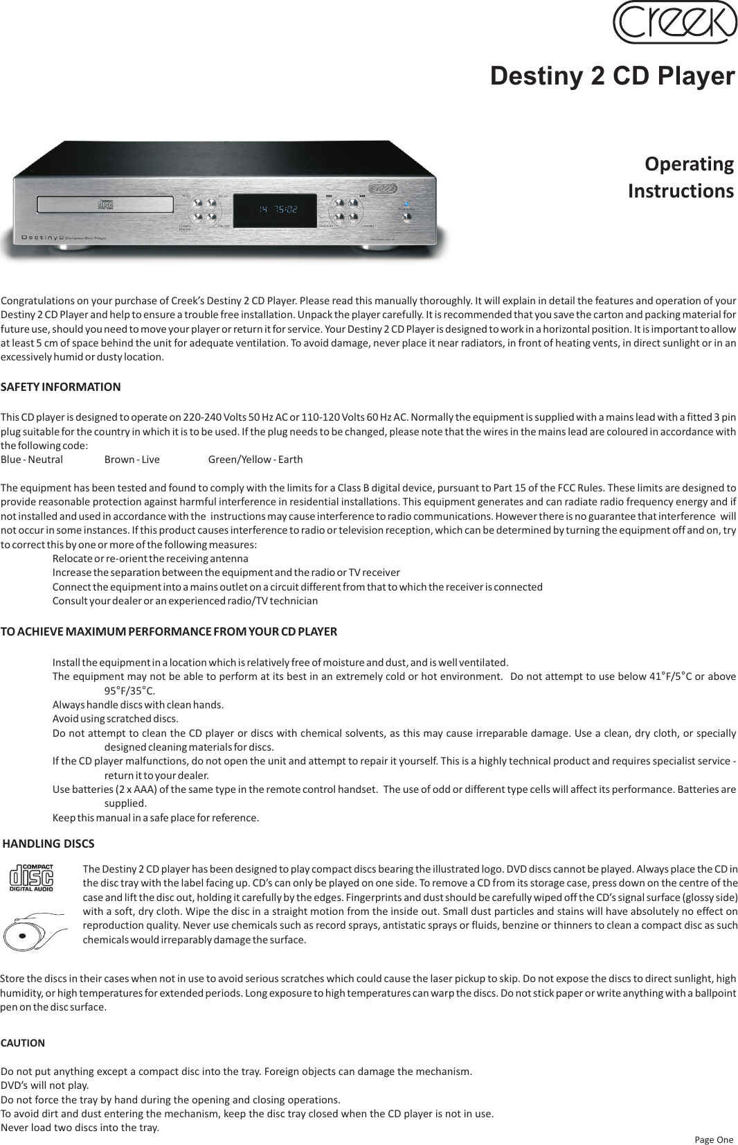 Page 1 of 4 - Creek-Audio Creek-Audio-Destiny-2-Users-Manual- Destiny 2 CD Manual May 2010  Creek-audio-destiny-2-users-manual