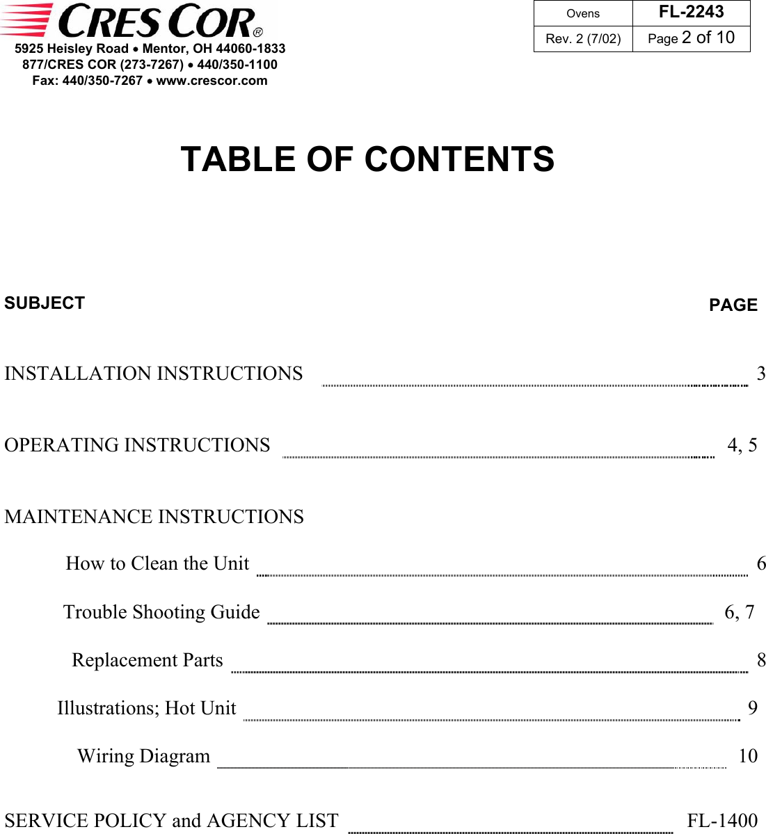 Page 2 of 10 - Cres-Cor Cres-Cor-Fl-2243-Users-Manual FL-2243_Rev. 2