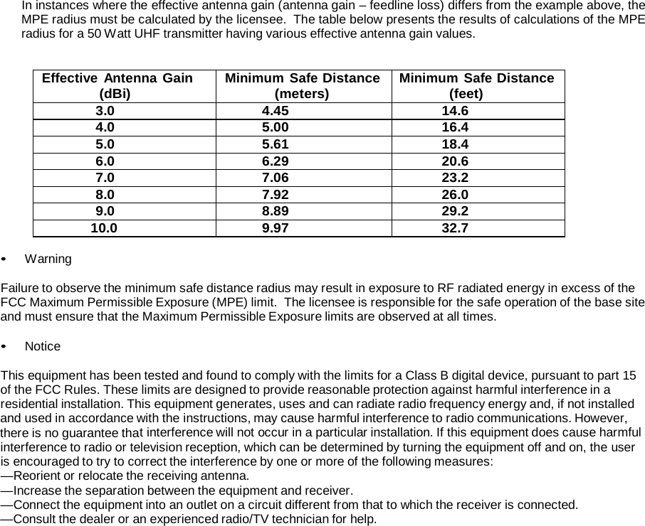 In instances where the effective antenna gain (antenna gain – feedline loss) differs from the example above, the MPE radius must be calculated by the licensee.  The table below presents the results of calculations of the MPE radius for a 50 Watt UHF transmitter having various effective antenna gain values.   Effective Antenna Gain (dBi) Minimum Safe Distance (meters) Minimum Safe Distance (feet) 3.0 4.45 14.6 4.0 5.00 16.4 5.0 5.61 18.4 6.0 6.29 20.6 7.0 7.06 23.2 8.0 7.92 26.0 9.0 8.89 29.2 10.0 9.97 32.7  •  Warning  Failure to observe the minimum safe distance radius may result in exposure to RF radiated energy in excess of the FCC Maximum Permissible Exposure (MPE) limit.  The licensee is responsible for the safe operation of the base site and must ensure that the Maximum Permissible Exposure limits are observed at all times.  • Notice  This equipment has been tested and found to comply with the limits for a Class B digital device, pursuant to part 15 of the FCC Rules. These limits are designed to provide reasonable protection against harmful interference in a residential installation. This equipment generates, uses and can radiate radio frequency energy and, if not installed and used in accordance with the instructions, may cause harmful interference to radio communications. However, there is no guarantee that interference will not occur in a particular installation. If this equipment does cause harmful interference to radio or television reception, which can be determined by turning the equipment off and on, the user is encouraged to try to correct the interference by one or more of the following measures: —Reorient or relocate the receiving antenna. —Increase the separation between the equipment and receiver. —Connect the equipment into an outlet on a circuit different from that to which the receiver is connected. —Consult the dealer or an experienced radio/TV technician for help.    