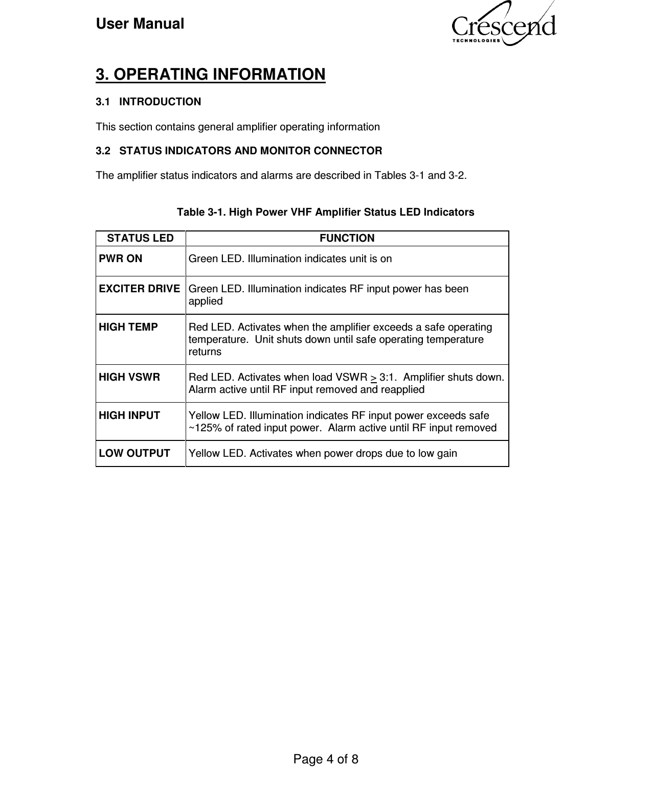 User Manual    Page 4 of 8     3. OPERATING INFORMATION  3.1   INTRODUCTION  This section contains general amplifier operating information  3.2   STATUS INDICATORS AND MONITOR CONNECTOR  The amplifier status indicators and alarms are described in Tables 3-1 and 3-2.   Table 3-1. High Power VHF Amplifier Status LED Indicators  STATUS LED  FUNCTION PWR ON  Green LED. Illumination indicates unit is on EXCITER DRIVE Green LED. Illumination indicates RF input power has been applied HIGH TEMP  Red LED. Activates when the amplifier exceeds a safe operating temperature.  Unit shuts down until safe operating temperature returns HIGH VSWR  Red LED. Activates when load VSWR &gt; 3:1.  Amplifier shuts down.  Alarm active until RF input removed and reapplied HIGH INPUT  Yellow LED. Illumination indicates RF input power exceeds safe ~125% of rated input power.  Alarm active until RF input removed LOW OUTPUT  Yellow LED. Activates when power drops due to low gain                       