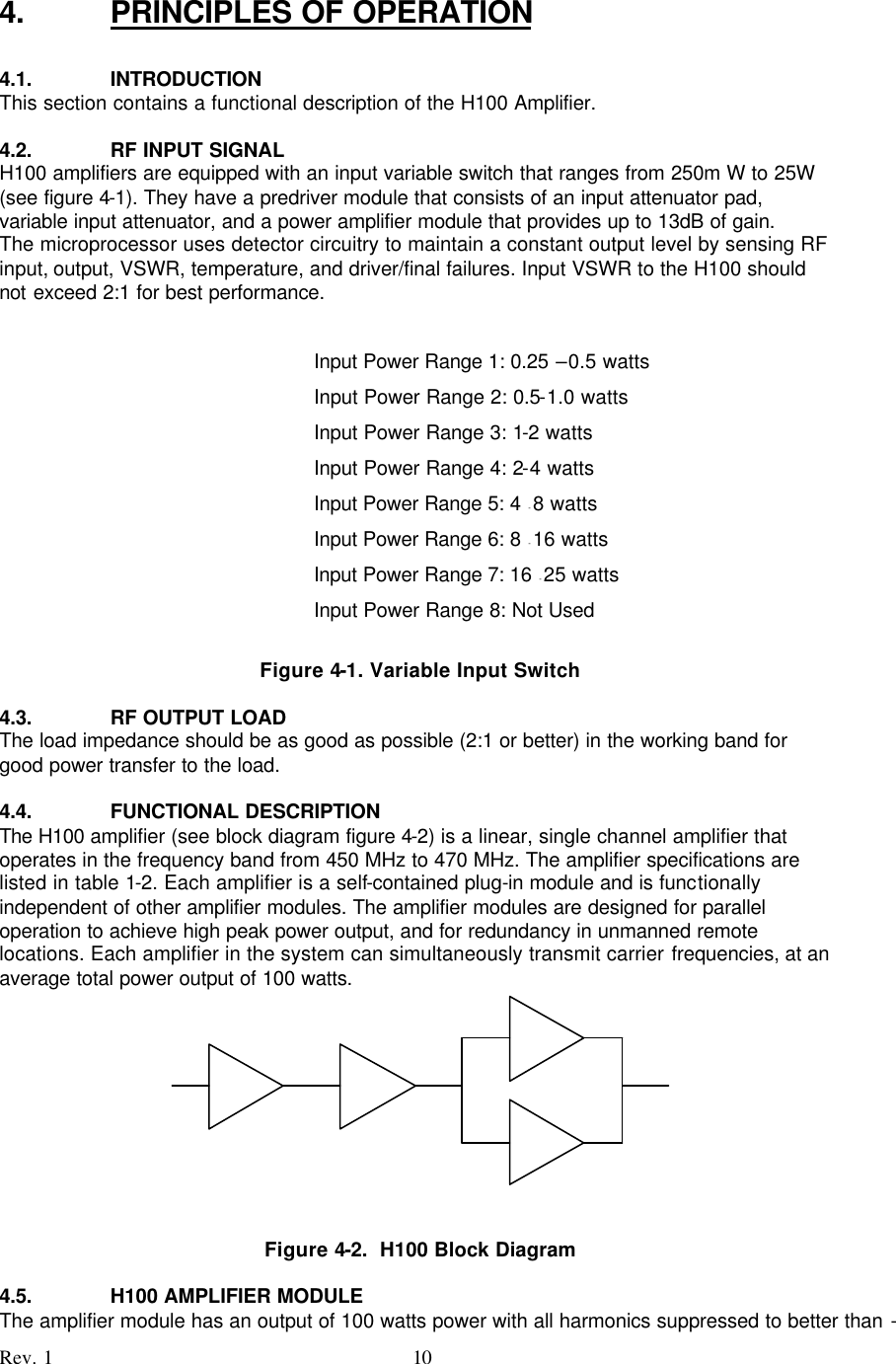    Rev. 1 10 4. PRINCIPLES OF OPERATION  4.1. INTRODUCTION This section contains a functional description of the H100 Amplifier.  4.2. RF INPUT SIGNAL H100 amplifiers are equipped with an input variable switch that ranges from 250m W to 25W (see figure 4-1). They have a predriver module that consists of an input attenuator pad, variable input attenuator, and a power amplifier module that provides up to 13dB of gain. The microprocessor uses detector circuitry to maintain a constant output level by sensing RF input, output, VSWR, temperature, and driver/final failures. Input VSWR to the H100 should not exceed 2:1 for best performance.   Input Power Range 1: 0.25 – 0.5 watts Input Power Range 2: 0.5- 1.0 watts Input Power Range 3: 1-2 watts Input Power Range 4: 2- 4 watts Input Power Range 5: 4 - 8 watts Input Power Range 6: 8 - 16 watts Input Power Range 7: 16 - 25 watts Input Power Range 8: Not Used  Figure 4-1. Variable Input Switch  4.3. RF OUTPUT LOAD The load impedance should be as good as possible (2:1 or better) in the working band for good power transfer to the load.   4.4. FUNCTIONAL DESCRIPTION The H100 amplifier (see block diagram figure 4-2) is a linear, single channel amplifier that operates in the frequency band from 450 MHz to 470 MHz. The amplifier specifications are listed in table 1-2. Each amplifier is a self-contained plug-in module and is functionally independent of other amplifier modules. The amplifier modules are designed for parallel operation to achieve high peak power output, and for redundancy in unmanned remote locations. Each amplifier in the system can simultaneously transmit carrier frequencies, at an average total power output of 100 watts.    Figure 4-2.  H100 Block Diagram  4.5. H100 AMPLIFIER MODULE The amplifier module has an output of 100 watts power with all harmonics suppressed to better than -