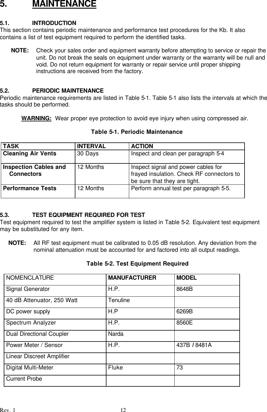    Rev. 1 12 5. MAINTENANCE  5.1. INTRODUCTION This section contains periodic maintenance and performance test procedures for the Kb. It also contains a list of test equipment required to perform the identified tasks.  NOTE:  Check your sales order and equipment warranty before attempting to service or repair the unit. Do not break the seals on equipment under warranty or the warranty will be null and void. Do not return equipment for warranty or repair service until proper shipping instructions are received from the factory.  5.2. PERIODIC MAINTENANCE Periodic maintenance requirements are listed in Table 5-1. Table 5-1 also lists the intervals at which the tasks should be performed.      WARNING:  Wear proper eye protection to avoid eye injury when using compressed air.  Table 5-1. Periodic Maintenance  TASK INTERVAL ACTION Cleaning Air Vents 30 Days Inspect and clean per paragraph 5-4 Inspection Cables and  Connectors 12 Months Inspect signal and power cables for frayed insulation. Check RF connectors to be sure that they are tight. Performance Tests 12 Months Perform annual test per paragraph 5-5.   5.3. TEST EQUIPMENT REQUIRED FOR TEST Test equipment required to test the amplifier system is listed in Table 5-2. Equivalent test equipment may be substituted for any item.  NOTE:  All RF test equipment must be calibrated to 0.05 dB resolution. Any deviation from the nominal attenuation must be accounted for and factored into all output readings.  Table 5-2. Test Equipment Required NOMENCLATURE MANUFACTURER MODEL Signal Generator H.P. 8648B 40 dB Attenuator, 250 Watt Tenuline   DC power supply H.P 6269B Spectrum Analyzer H.P. 8560E Dual Directional Coupler Narda   Power Meter / Sensor H.P. 437B I 8481A Linear Discreet Amplifier     Digital Multi-Meter Fluke 73 Current Probe     