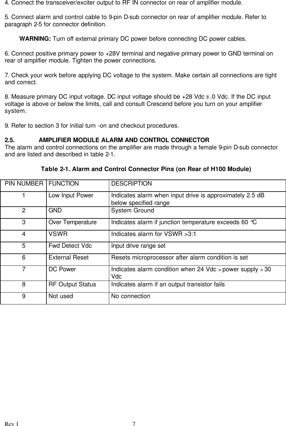 Rev 1 7  4. Connect the transceiver/exciter output to RF IN connector on rear of amplifier module.  5. Connect alarm and control cable to 9-pin D-sub connector on rear of amplifier module. Refer to paragraph 2-5 for connector definition.  WARNING: Turn off external primary DC power before connecting DC power cables.  6. Connect positive primary power to +28V terminal and negative primary power to GND terminal on rear of amplifier module. Tighten the power connections.  7. Check your work before applying DC voltage to the system. Make certain all connections are tight and correct.  8. Measure primary DC input voltage. DC input voltage should be +28 Vdc ti .0 Vdc. If the DC input voltage is above or below the limits, call and consult Crescend before you turn on your amplifier system.  9. Refer to section 3 for initial turn -on and checkout procedures.  2.5. AMPLIFIER MODULE ALARM AND CONTROL CONNECTOR The alarm and control connections on the amplifier are made through a female 9-pin D-sub connector and are listed and described in table 2-1.  Table 2-1. Alarm and Control Connector Pins (on Rear of H100 Module)  PIN NUMBER  FUNCTION DESCRIPTION 1 Low Input Power Indicates alarm when input drive is approximately 2.5 dB below specified range 2 GND System Ground 3 Over Temperature Indicates alarm if junction temperature exceeds 60 °C 4 VSWR Indicates alarm for VSWR &gt;3:1 5 Fwd Detect Vdc Input drive range set 6 External Reset Resets microprocessor after alarm condition is set 7 DC Power Indicates alarm condition when 24 Vdc &gt; power supply &gt; 30 Vdc 8 RF Output Status Indicates alarm if an output transistor fails 9 Not used No connection    