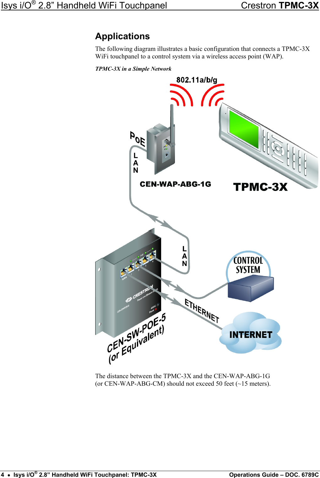 Isys i/O® 2.8” Handheld WiFi Touchpanel    Crestron TPMC-3X Applications The following diagram illustrates a basic configuration that connects a TPMC-3X WiFi touchpanel to a control system via a wireless access point (WAP). TPMC-3X in a Simple Network  The distance between the TPMC-3X and the CEN-WAP-ABG-1G  (or CEN-WAP-ABG-CM) should not exceed 50 feet (~15 meters).     4  •  Isys i/O® 2.8” Handheld WiFi Touchpanel: TPMC-3X  Operations Guide – DOC. 6789C 