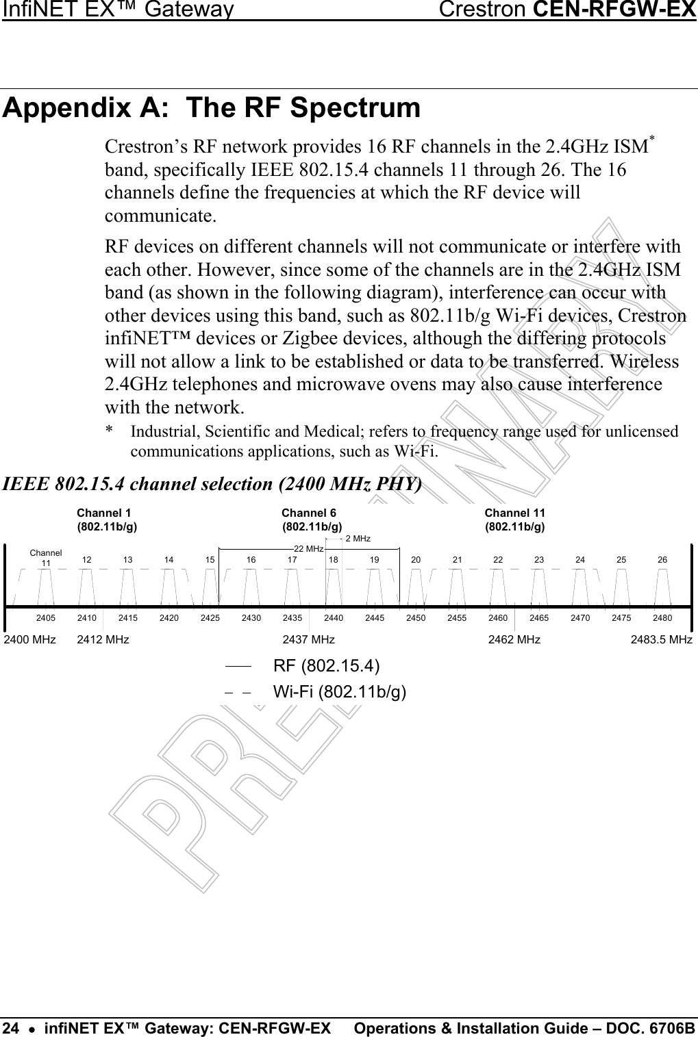 Channel 11(802.11b/g)Channel 6(802.11b/g)Channel 1(802.11b/g)Channel11 12 13 14 15 16 17 18 19 20 21 22 23 24 25 2622 MHz2 MHz2483.5 MHz24802462 MHz2465 2470 247524602445 2450 245524402437 MHz24352430242524202415241024052412 MHz2400 MHzWi-Fi (802.11b/g)RF (802.15.4) InfiNET EX™ Gateway  Crestron CEN-RFGW-EX 24  •  infiNET EX™ Gateway: CEN-RFGW-EX  Operations &amp; Installation Guide – DOC. 6706B Appendix A:  The RF Spectrum Crestron’s RF network provides 16 RF channels in the 2.4GHz ISM* band, specifically IEEE 802.15.4 channels 11 through 26. The 16 channels define the frequencies at which the RF device will communicate. RF devices on different channels will not communicate or interfere with each other. However, since some of the channels are in the 2.4GHz ISM band (as shown in the following diagram), interference can occur with other devices using this band, such as 802.11b/g Wi-Fi devices, Crestron infiNET™ devices or Zigbee devices, although the differing protocols will not allow a link to be established or data to be transferred. Wireless 2.4GHz telephones and microwave ovens may also cause interference with the network. *  Industrial, Scientific and Medical; refers to frequency range used for unlicensed communications applications, such as Wi-Fi. IEEE 802.15.4 channel selection (2400 MHz PHY)  