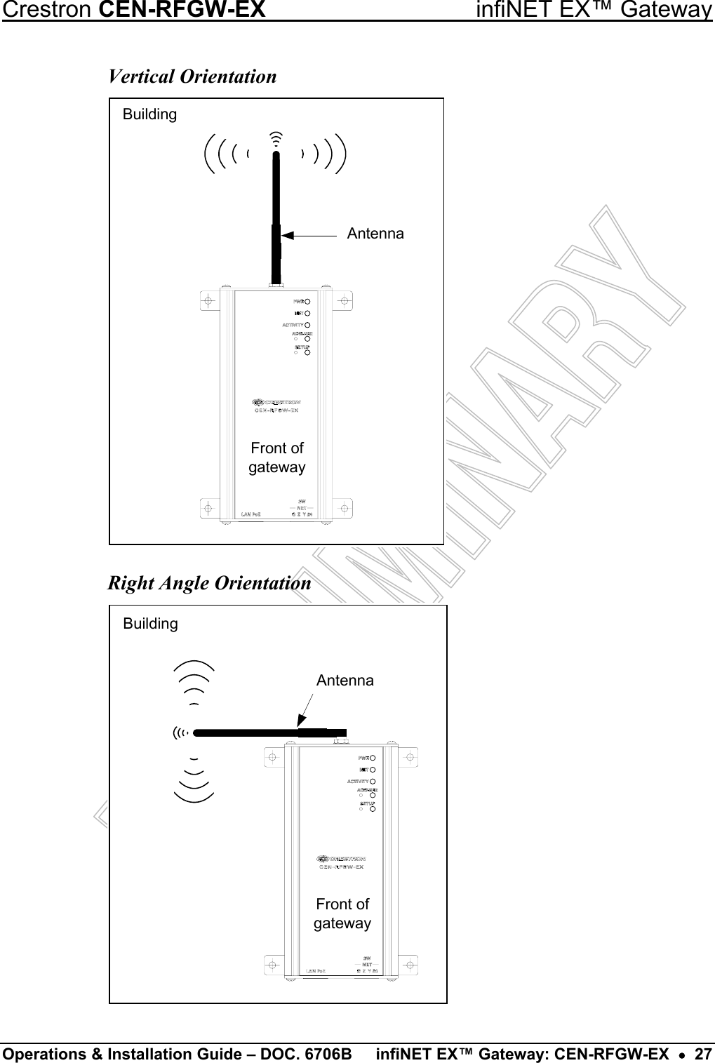  BuildingFront ofgatewayAntenna Crestron CEN-RFGW-EX  infiNET EX™ Gateway Operations &amp; Installation Guide – DOC. 6706B  infiNET EX™ Gateway: CEN-RFGW-EX  •  27 Vertical Orientation Right Angle Orientation Front ofgatewayBuildingAntenna