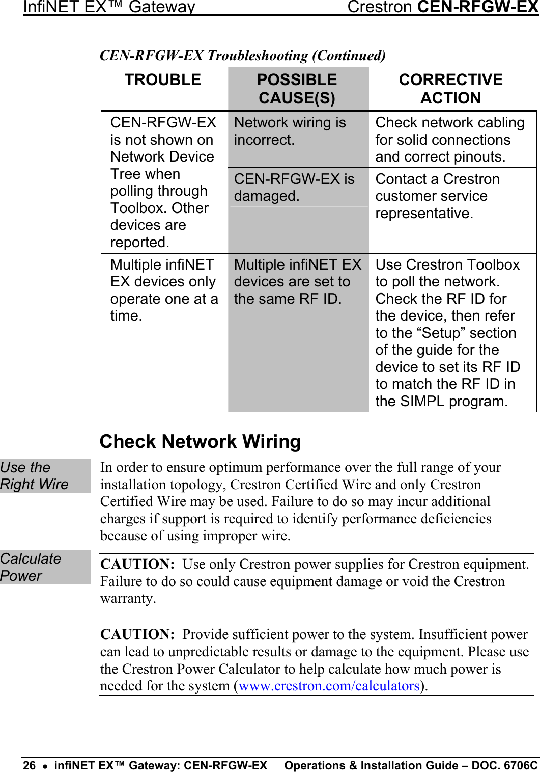 InfiNET EX™ Gateway  Crestron CEN-RFGW-EX CEN-RFGW-EX Troubleshooting (Continued) TROUBLE  POSSIBLE CAUSE(S) CORRECTIVE ACTION Network wiring is incorrect. Check network cabling for solid connections and correct pinouts. CEN-RFGW-EX is not shown on Network Device Tree when polling through Toolbox. Other devices are reported. CEN-RFGW-EX is damaged. Contact a Crestron customer service representative. Multiple infiNET EX devices only operate one at a time. Multiple infiNET EX devices are set to the same RF ID. Use Crestron Toolbox to poll the network. Check the RF ID for the device, then refer to the “Setup” section of the guide for the device to set its RF ID to match the RF ID in the SIMPL program. Check Network Wiring Use the Right Wire In order to ensure optimum performance over the full range of your installation topology, Crestron Certified Wire and only Crestron Certified Wire may be used. Failure to do so may incur additional charges if support is required to identify performance deficiencies because of using improper wire. Calculate Power CAUTION:  Use only Crestron power supplies for Crestron equipment. Failure to do so could cause equipment damage or void the Crestron warranty. CAUTION:  Provide sufficient power to the system. Insufficient power can lead to unpredictable results or damage to the equipment. Please use the Crestron Power Calculator to help calculate how much power is needed for the system (www.crestron.com/calculators).  26  •  infiNET EX™ Gateway: CEN-RFGW-EX  Operations &amp; Installation Guide – DOC. 6706C 