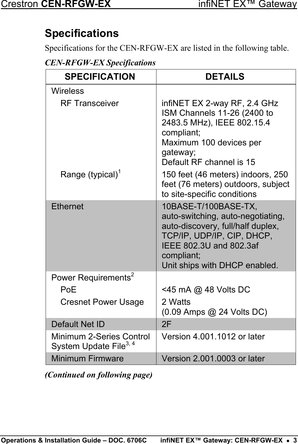 Crestron CEN-RFGW-EX  infiNET EX™ Gateway Specifications Specifications for the CEN-RFGW-EX are listed in the following table. CEN-RFGW-EX Specifications SPECIFICATION DETAILS Wireless    RF Transceiver  infiNET EX 2-way RF, 2.4 GHz ISM Channels 11-26 (2400 to 2483.5 MHz), IEEE 802.15.4 compliant; Maximum 100 devices per gateway; Default RF channel is 15  Range (typical)1  150 feet (46 meters) indoors, 250 feet (76 meters) outdoors, subject to site-specific conditions Ethernet  10BASE-T/100BASE-TX,  auto-switching, auto-negotiating, auto-discovery, full/half duplex, TCP/IP, UDP/IP, CIP, DHCP, IEEE 802.3U and 802.3af compliant; Unit ships with DHCP enabled. Power Requirements2    PoE  &lt;45 mA @ 48 Volts DC   Cresnet Power Usage  2 Watts  (0.09 Amps @ 24 Volts DC) Default Net ID  2F Minimum 2-Series Control System Update File3, 4 Version 4.001.1012 or later Minimum Firmware  Version 2.001.0003 or later (Continued on following page)   Operations &amp; Installation Guide – DOC. 6706C  infiNET EX™ Gateway: CEN-RFGW-EX  •  3 