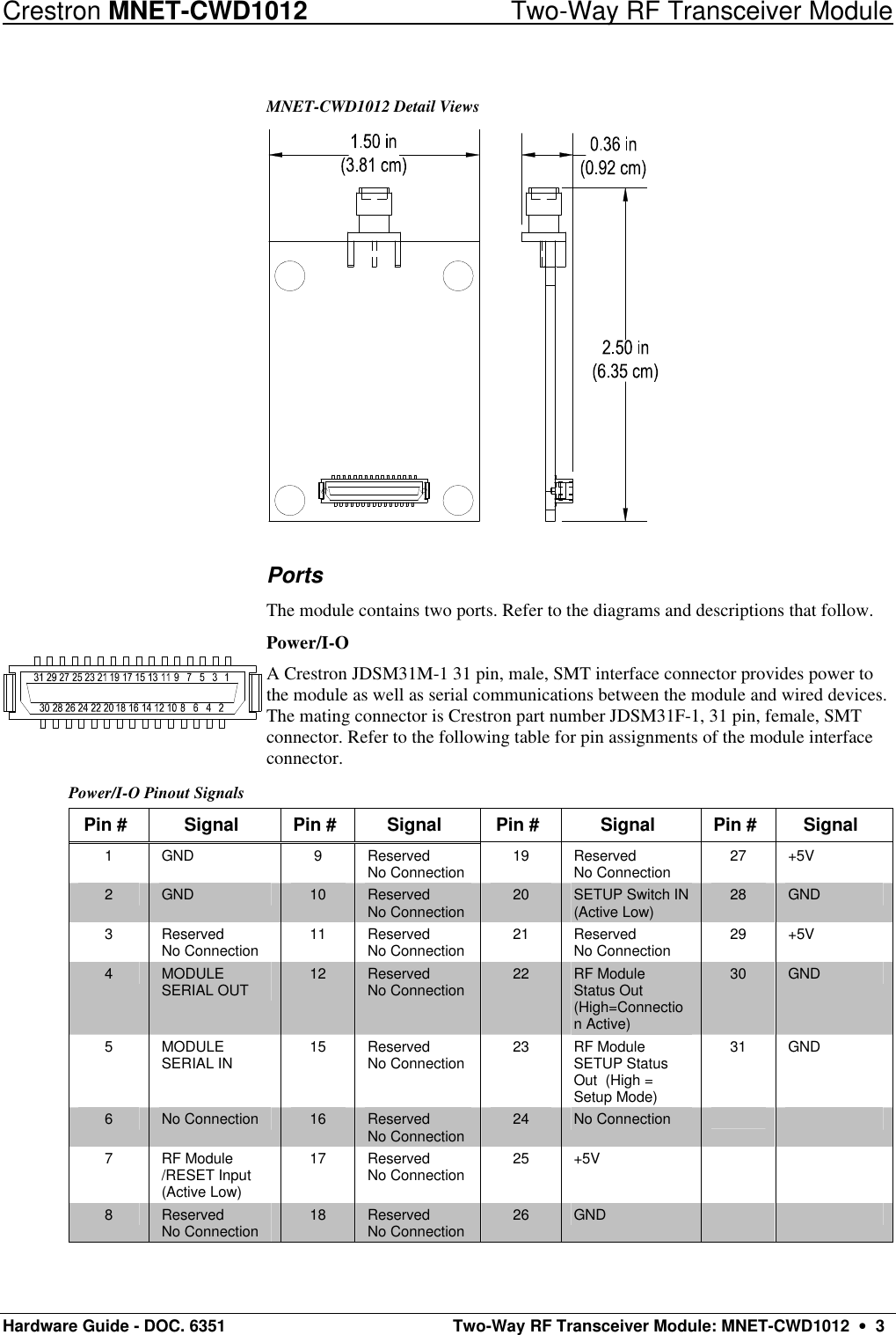 Crestron MNET-CWD1012 Two-Way RF Transceiver Module Hardware Guide - DOC. 6351  Two-Way RF Transceiver Module: MNET-CWD1012  •  3 MNET-CWD1012 Detail Views  Ports The module contains two ports. Refer to the diagrams and descriptions that follow.  Power/I-O A Crestron JDSM31M-1 31 pin, male, SMT interface connector provides power to the module as well as serial communications between the module and wired devices. The mating connector is Crestron part number JDSM31F-1, 31 pin, female, SMT connector. Refer to the following table for pin assignments of the module interface connector. Power/I-O Pinout Signals Pin # Signal Pin # Signal Pin # Signal Pin # Signal 1 GND 9 Reserved No Connection 19  Reserved No Connection 27 +5V 2 GND 10 Reserved No Connection 20 SETUP Switch IN   (Active Low) 28 GND 3 Reserved No Connection 11 Reserved No Connection 21 Reserved No Connection 29 +5V 4 MODULE SERIAL OUT 12  Reserved No Connection 22 RF Module Status Out (High=Connection Active) 30 GND 5 MODULE SERIAL IN 15  Reserved No Connection 23 RF Module SETUP Status Out  (High = Setup Mode) 31 GND 6 No Connection 16  Reserved No Connection 24  No Connection   7 RF Module /RESET Input   (Active Low) 17  Reserved No Connection 25 +5V   8 Reserved No Connection 18  Reserved No Connection 26 GND    