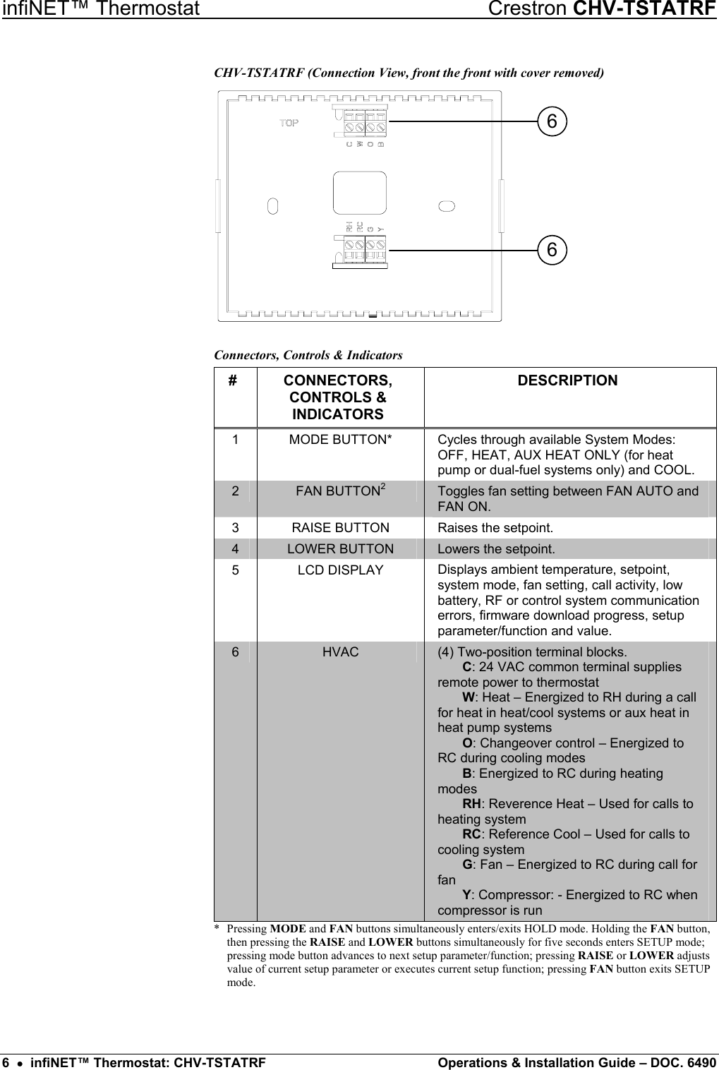 infiNET™ Thermostat    Crestron CHV-TSTATRF CHV-TSTATRF (Connection View, front the front with cover removed) 66 Connectors, Controls &amp; Indicators # CONNECTORS, CONTROLS &amp; INDICATORS DESCRIPTION 1 MODE BUTTON* Cycles through available System Modes: OFF, HEAT, AUX HEAT ONLY (for heat pump or dual-fuel systems only) and COOL. 2  FAN BUTTON2 Toggles fan setting between FAN AUTO and FAN ON. 3  RAISE BUTTON  Raises the setpoint. 4  LOWER BUTTON  Lowers the setpoint. 5 LCD DISPLAY Displays ambient temperature, setpoint, system mode, fan setting, call activity, low battery, RF or control system communication errors, firmware download progress, setup parameter/function and value. 6  HVAC  (4) Two-position terminal blocks.           C: 24 VAC common terminal supplies remote power to thermostat           W: Heat – Energized to RH during a call for heat in heat/cool systems or aux heat in heat pump systems           O: Changeover control – Energized to RC during cooling modes           B: Energized to RC during heating modes           RH: Reverence Heat – Used for calls to heating system           RC: Reference Cool – Used for calls to cooling system           G: Fan – Energized to RC during call for fan           Y: Compressor: - Energized to RC when compressor is run * Pressing MODE and FAN buttons simultaneously enters/exits HOLD mode. Holding the FAN button, then pressing the RAISE and LOWER buttons simultaneously for five seconds enters SETUP mode; pressing mode button advances to next setup parameter/function; pressing RAISE or LOWER adjusts value of current setup parameter or executes current setup function; pressing FAN button exits SETUP mode. 6  •  infiNET™ Thermostat: CHV-TSTATRF  Operations &amp; Installation Guide – DOC. 6490 