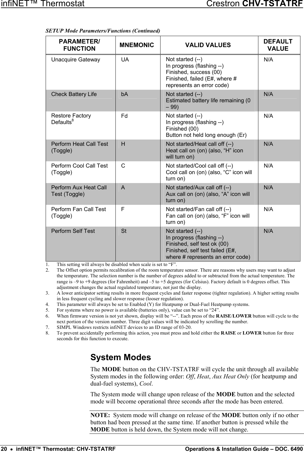 infiNET™ Thermostat    Crestron CHV-TSTATRF SETUP Mode Parameters/Functions (Continued) PARAMETER/ FUNCTION  MNEMONIC VALID VALUES  DEFAULT VALUE Unacquire Gateway  UA  Not started (--) In progress (flashing --) Finished, success (00) Finished, failed (E#, where # represents an error code) N/A Check Battery Life  bA  Not started (--) Estimated battery life remaining (0 – 99) N/A Restore Factory Defaults8 Fd  Not started (--) In progress (flashing --) Finished (00) Button not held long enough (Er) N/A Perform Heat Call Test (Toggle) H  Not started/Heat call off (--) Heat call on (on) (also, “H” icon will turn on) N/A Perform Cool Call Test (Toggle) C  Not started/Cool call off (--) Cool call on (on) (also, “C” icon will turn on) N/A Perform Aux Heat Call Test (Toggle) A  Not started/Aux call off (--) Aux call on (on) (also, “A” icon will turn on) N/A Perform Fan Call Test (Toggle) F  Not started/Fan call off (--) Fan call on (on) (also, “F” icon will turn on) N/A Perform Self Test  St  Not started (--) In progress (flashing --) Finished, self test ok (00) Finished, self test failed (E#, where # represents an error code) N/A 1.  This setting will always be disabled when scale is set to “F”. 2.  The Offset option permits recalibration of the room temperature sensor. There are reasons why users may want to adjust the temperature. The selection number is the number of degrees added to or subtracted from the actual temperature. The range is –9 to +9 degrees (for Fahrenheit) and –5 to +5 degrees (for Celsius). Factory default is 0 degrees offset. This adjustment changes the actual regulated temperature, not just the display. 3.  A lower anticipator setting results in more frequent cycles and faster response (tighter regulation). A higher setting results in less frequent cycling and slower response (looser regulation). 4.  This parameter will always be set to Enabled (Y) for Heatpump or Dual-Fuel Heatpump systems. 5.  For systems where no power is available (batteries only), value can be set to “24”. 6.  When firmware version is not yet shown, display will be “--”. Each press of the RAISE/LOWER button will cycle to the next portion of the version number. Three digit values will be indicated by scrolling the number. 7.  SIMPL Windows restricts infiNET devices to an ID range of 03-20. 8.  To prevent accidentally performing this action, you must press and hold either the RAISE or LOWER button for three seconds for this function to execute. System Modes The MODE button on the CHV-TSTATRF will cycle the unit through all available System modes in the following order: Off, Heat, Aux Heat Only (for heatpump and dual-fuel systems), Cool. The System mode will change upon release of the MODE button and the selected mode will become operational three seconds after the mode has been entered. NOTE:  System mode will change on release of the MODE button only if no other button had been pressed at the same time. If another button is pressed while the MODE button is held down, the System mode will not change. 20  •  infiNET™ Thermostat: CHV-TSTATRF  Operations &amp; Installation Guide – DOC. 6490 