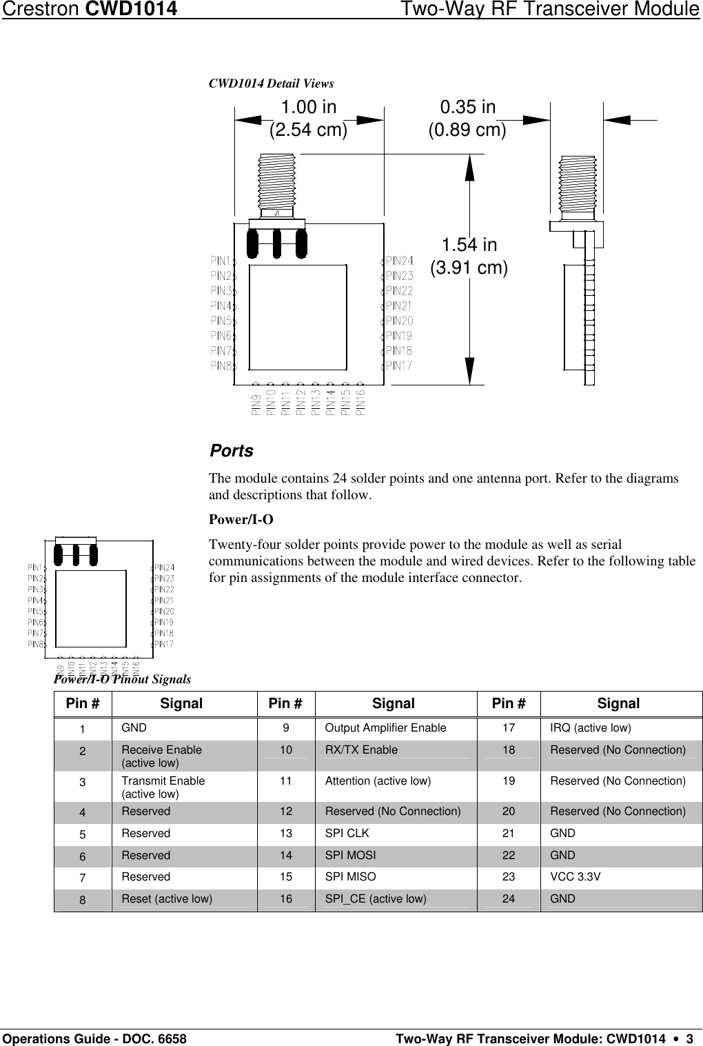 Crestron CWD1014 Two-Way RF Transceiver Module Operations Guide - DOC. 6658  Two-Way RF Transceiver Module: CWD1014  •  3 CWD1014 Detail Views 1.00 in(2.54 cm) 0.35 in(0.89 cm)1.54 in(3.91 cm) Ports The module contains 24 solder points and one antenna port. Refer to the diagrams and descriptions that follow.  Power/I-O Twenty-four solder points provide power to the module as well as serial communications between the module and wired devices. Refer to the following table for pin assignments of the module interface connector.    Power/I-O Pinout Signals Pin # Signal Pin # Signal Pin # Signal 1 GND 9 Output Amplifier Enable 17 IRQ (active low) 2 Receive Enable  (active low) 10 RX/TX Enable 18 Reserved (No Connection) 3 Transmit Enable  (active low) 11 Attention (active low) 19 Reserved (No Connection) 4 Reserved 12  Reserved (No Connection) 20 Reserved (No Connection) 5 Reserved 13  SPI CLK 21 GND 6 Reserved 14  SPI MOSI 22 GND 7 Reserved 15 SPI MISO 23 VCC 3.3V 8 Reset (active low) 16 SPI_CE (active low) 24 GND   