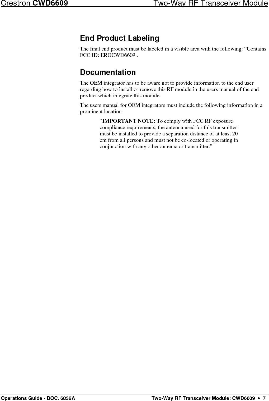                                                              8  •  Two-Way RF Transceiver Module: CWD6609  Operations Guide - DOC. 6838A 