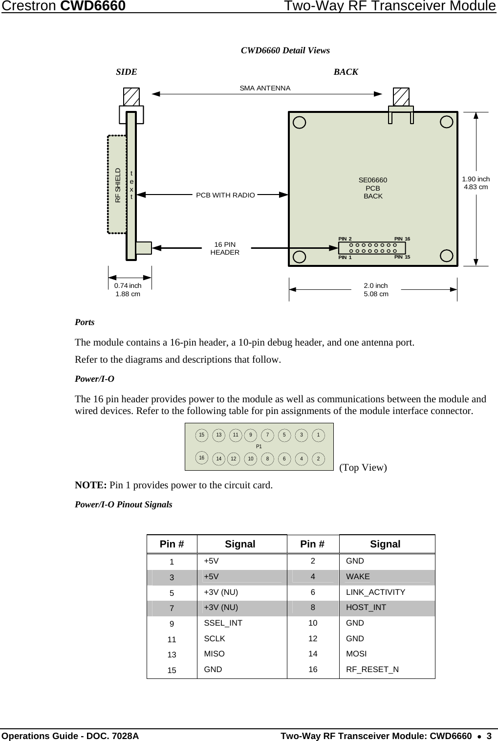 Crestron CWD6660  Two-Way RF Transceiver Module Operations Guide - DOC. 7028A  Two-Way RF Transceiver Module: CWD6660  •  3 CWD6660 Detail Views                              SIDE                           BACK textSE06660PCBBACKRF SHIELDSMA ANTENNA16 PIN HEADERPCB WITH RADIO2.0 inch5.08 cm1.90 inch4.83 cm0.74 inch1.88 cmPIN 1PIN 16PIN 15PIN 2 Ports The module contains a 16-pin header, a 10-pin debug header, and one antenna port. Refer to the diagrams and descriptions that follow.  Power/I-O The 16 pin header provides power to the module as well as communications between the module and wired devices. Refer to the following table for pin assignments of the module interface connector. P114 12 10 8 6 4 21615 13 11 97531  (Top View) NOTE: Pin 1 provides power to the circuit card. Power/I-O Pinout Signals  Pin #  Signal  Pin #  Signal 1  +5V 2 GND 3  +5V  4  WAKE 5  +3V (NU)  6  LINK_ACTIVITY 7  +3V (NU)  8  HOST_INT 9  SSEL_INT 10 GND 11  SCLK 12 GND 13  MISO 14 MOSI 15  GND 16 RF_RESET_N    